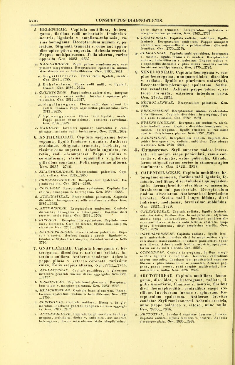 5. HELENIEAE. Capitula multiflora, hetero- gama, floribus radii uniseriatis, femineis v. neutris, ligulatis v. ampliato-tuhulosis , ra- rius homogama. Receptaculum nudum v. pa- leatum. Stigmata truncata v. cono aut appen- dice apice pilosa superata. Aolienia erostria. Pappus multipaleaceus. Folia alterna, rarius opposita. Gen. 2583 2634. a. GAILLARDIEAE. Pappi paleae membranaceae, sae- pissime integerrimae. Receptaculum epaleatum, nudum sive alveolatum v. fimbrilliferuni. Gen. 2583 2611. d. E u g a i 1 1 a r d i e a e. Flores radii ligulati, neutri. Gen. 2583-2585. £. Euhelenieae. Flores radii nulli, v. ligulati, feminei. Gen. 2586—2611. b. GALINSOGEAE. Pappi paleae uniseriales, integrae v. plumosae , rarius nullae, involucri squamae pla- niusculae. Gen. 2612 2627. U. Eugalinsogeae. Flores radii dum adsunt li- gulati. feminei* Pappi squametlae planiusculae. Gen. 2612_2625. p. Sphenogyneae. Flores radii ligulati, neutri. Pappi paleae obtusissimae, contorto - convolutae. Gen. 2626-2627. c. MADIEAE. Involucri squamae convolutae v. com- plicatae , achenia radii includentes. Gen. 2628 2634. 6. ANTHEMIDEAE. Capitula saepissime hete- rogama, ligulis femineis v. neutris. Antherae ecaudatae. Stigmata truncata, barhata, ra- rissime cono superata. Achenia angulata, te- retia, radii obcompressa. Pappus nullus v. coroniformis, rarius squamellis v. tpilis ca- pillaribus constans. Folia saepissime alterna. Gen. 2635 2710. a* EUANTKEMIDEAE. Receptaculum paleatum. Capi- tula radiata. Gen. 2635 2653 b. CHRYSANTHEMEAE. Receptaculum epaleatum. Ca- pitula radiata. Gen. 2654—2680. c. COTULEAE. Receptaculum epaleatum. Capitula dis- co i d e a , homogama v. heterogama. Gen. 2681 2686. d* ATHANASIEAE. Receptaculum paleatum. Capitula discoidea. homogama, corollis omnibus teretibus. Gen. 2687-2692. e. ARTEMISIEAE. Receptaculum epaleatum. Capitula discoidea, homogama v. heterogama. Corollae disci teretes, stylo bifido. Gen. 2693 — 2704. f. HIPPIEAE. Receptaculum epaleatum. Capitula mon- oica , discoidea. Corollae teretes. Stylus disci simplex, clavatus. Gen. 2705 2709. g. ERIOCEPHALEAE. Receptaculum paleatum. Capi- tula inonoica , floribus temineis paucis , ligulatis v. , tubulosis. Stylus disci simplex, clavato-truncatus. Gen. 2710. 7. GNAPHALIEAE. Capitula homogama v. he-! terogama, discoidea v. rarissime radiata, in- terdum uniflora. Antherae caudatae. Achenia pappo piloso v. setaceo coronata, rarissime calva. Folia saepius alterna. Gen. 2711 2785. a. ANGIANTHEAE. Capitula pauciflora , in glomerum involucro generali cinctum dense aggregata. Gen. 2711 _2722. b. CASSIN1EAE. Capitula haud glomerata. Receptacu- lum totum v. margine paleatum. Gen. 2723 2726. c. HELICHRYSEAE. Capitula haud glomerata. Recep- taculum epaleatum, nudum v. fimbiilliferum. Gen. 2727 _2759. d. SERfPIlIEAE. Capitula uniflora , libera v. in glo- merulum involucro generali nunquam cinctum aggrega- ta. Gen. 2760-2762. e. ANTENNARIEAE. Capitula in glomerulum haud ag- j gregata, multiflora, dioica v. subdioica , aut monoica heterogama, florum masculorum stylo simplicissimo. apice clavato - truncato. Receptaculum epaleatum v* margine tantum paleatum. Gen. 2763 2769. f. LEYSSEREAE. Capitula radiata, multiflora, ligulis femineis. Receptaculum epaleatum. Pappus nunquam coroniformis, squamellis aliis paleiformibus, ajiis seti- formibus. Gen. 2770-2774. g. RELHANIEAE. Capitula multi-pauciflora, homogama v. radiata, ligulis femineis v. neutris. Receptaculum nudum, fimbrilliferuni v. paleatum. Pappus nullus v. e squamellis distinctis v. plus minus connatis , coroni- formis aut multipaleaceus. Gen. 2775 2785. 8. SENECIONEAE. Capitula homogama v. sae- pius heterogama, nunquam dioica, discoidea v radiata, ligulis ut plurimum uuiseriatis. Receptaculum plerumque epaleatum. Anthe- rae ecaudatae. Achenia pappo piloso v. se- taceo coronata, exteriora interdum calva. Gen. 2786 2821. a. NEUROLAENEAE. Receptaculum paleatum. Gen. 2786. b. ERECHTITEAE. Receptaculum nudum v. alveolato- fimbrilliferuni. Capitula discoidea, heterogama, flori- bus radii tubulosis. Gen. 2787 2791. c. EUSENECIONEAE. Receptaculum nudum *v. alveo- lato - fimbrilliferuni. Capitula discoidea homogama, v. radiata, heterogama, ligulis femineis v. rarissime neutris. Cotyledones planae. Gen. 2792 2819. d. BALRISIEAE. Receptaculum nudum. Capitula dis- coidea homogama, v. radiata, subdioica. Cotyledones involutae. Gen. 2820 2821. 5. Cynareae. Styli superne nodoso-incras- sati, ad nodum saepe penicillati, ramis con- cretis v. distinctis, extus puberulis. Glandu- larum stigmaticarum series in ramorum apice confluentes. Gen. 2822 2898. 1. CALENDULACEAE. Capitula multiflora, he- terogamo-monoiea, floribus radii ligulatis, fe- mineis, fertilibus, disci tubulosis quinqueden- tatis, hermaphrodito - sterilibus v. masculis. Involucrum uni - pauciseriale. Receptaculum nudum, alveolatum. Antherae basi brevissime barbatae. Stylos radii longe bifidus, disci indivisus, nodulosus, brevissime subhifulus. Gen. 2822 2829. a. CALENDVLEAE. Capitula radiata , ligulis femineis, uni-triseriatis, floribus disci he» maphrodilis , stylorum abortu saepe unisexualibus. Involucri uni-biserialis squamae liberae. Achenia »‘adii fertilia, rostrata, epap- posa , diversiformia, disci saepissime sterilia. Gen. 2822—2824. b. OSTEOSPERMEAE. Capitula radiata, ligulis femi- neis, uniseriatis , floribus disci hermaphroditis, stylo- rum abortu unisexualibus. Involucri pauciseriati squa- mae liberae. Aclieuia radii fertilia, erostria, epapposa, forma vai ia , disci sterilia. Gen. 2825. c. OTH.ONNEAE. Capitula heterogama, floribus margi- nalibus ligulatis v. tubulosis, femineis, centralibus abortu maseniis. Involucri uni - pauciseriati squamae liberae v. plus minus inter se connatae* Achenia pap- posa, pappo setoso, radii saepiifs inultiseriali, disci uniseriali v. nullo. Gen. 2826 — 2829. 2. ARCTOTIDEAE. Capitula multiflora, homo- gama, discoidea, v. heterogama, radiata,, li- gulis uniseriatis, femineis v. neutris, floribus disci hermaphroditis, centralibus saepe ste- rilibus. Involucrum inerme v. spinosum. Re- ceptaculum epaleatum. Antherae breviter caudatae. Styli rami concreti. Achenia erostria, nunc pappo paleaceo v. setoso , nunc nullo. Gen. 2830 2846. a. ARCTOTEAE. Involucri squamae inermes , liberae. Capitula radiata, ligulis femineis v. neutris. Achenia plerumque alata. Gen. 2830—2838.