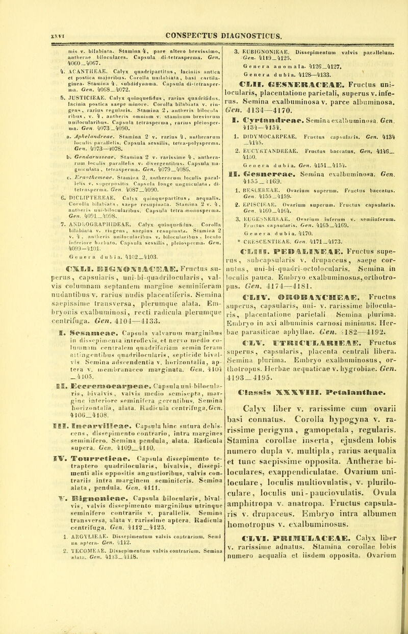 n»is v. bilabiata. Stamina 4, pare altero brevissimo, antherae biloculares. Capsula di-tetrasperma. Gen. 4060—4067. 4. ACANTHEAE. Calyx quadripartitus, laciniis antica et postica majoribus. Corolla umlabiata, basi cartila- ginea- Stamina 4. subdidynama. Capsula di-tetrasper- ma. Gen. 4068—4072. 5. JUSTIC1EAE. Calyx quinquetidus , rarius quadrifidus, lacinia postica saepe minore. Corolla bilabiata v. rin- gens, rarius regularis. Stamina 2, antheris bilocula ribus , v. 4, antheris omnium v. staminum breviorum unilocularibus. Capsula tetrasperma , rarius pleiosper- nia. Gen. 4073_4090. a. Aphelandreae. Stamina 2 v. rarius 4, antherarum loculis parallelis. Capsula sessilis, tetra-polysperma. Gen. 4073—4078. b. Gendarusseae. Stamina 2 v- rarissime 4 , anthera- rum loculis parallelis v. divergentibus. Capsula im- guiculata , tetrasperma. Gen. 4079 4086. c. Eranthemeae. Stamina 2, antherarum loculis paral- lelis v. superpositis. Capsula longe unguiculata , di- tetrasperma. Gen. 4087 4090. 6. DICL1PTEREAE. Calyx quinquepartitus, aequalis. Corolla bilabiata, saepe resupinata. Stamina 2 v. 4, antheris uni-bilocularibus. Capsula tetra-monosperma. Gen. 409I_4098. 7. ANDROGRAPHIDEAE. Calyx quinquetidus. Corolla bilabiata v. riugens, saepius resupinata. Stamina 2 v. 4 , antheris unilocularibus v. bilocularibus , loculo inferiore barbato. Capsula sessilis, pleiosperma- Gen. 4099-4101. Genera d u b i a. 4102 4103. iBiejVWISrffACJEAE. Fructus su- perus , capsularis, uni-bi-quadrilocularis, val- vis columnam septantem margine seminiferam nudantibus v. rarius nudis placentiferis. Semina saepissime transversa, plerumque alata. Em- bryonis exalbuminosi, recti radicula plerumque centrifuga. G'en. 4104—43 33. K. §esasueae. Capsula valvarum marginibus in dissepimenia imrotlexis, et nervo medio co- lumnam centralem quadrifariam semin feram attingentibus quadrilooularis, septicide bival- vis. Semina adscendentia v. horizontalia, ap- tera v. membranaceo marginata. Gen. 4104 _ 4105. B E. Eceremoearjteae. Capsula uni-biloeula- ris, bivalvis, valvis medio seinisepta, mar- gine interiore seminifera gerentibus. Semina horizontalia , alata. Radicula centrifuga. Gen. 4106 4108. III. Inearvilles&e. Capsulahinc sutura dehis- cens, dissepimento contrario, intra margines seminifero. Semina pendula, alata. Radicula supera. Gen. 4109 4110. IA. Tiinasirjretieae. Capsula dissepimento te- traptero quadrilooularis, bivalvis, dissepi- menti alis oppositis angustioribus, valvis con- trariis intra marginem seminiferis. Semina alata, pendula. Gen. 4 111. W. ®agiB©BEa4“tae. Capsula bilncularis, bival- vis, valvis dissepimento marginibus utrinque seminifero contrariis v. parallelis. Semina transversa, alata v. rarissime aptera. Radicula centrifuga. Gen. 4112 4125. 1 ARGYLIEAE. Dissepimentum valvis contrarium. Semi ua aptera. Gen. 4112. 2. TECOMEAE. Dissepimentum valvis eontrarium, Semina alata. Gen. 41i3_4118. 3. EUBIGNON1EAE. Dissepimentum valvis parallelum. Gen. 4119—4125. Genera anonala. 4126 4127. Genera dubia. 4128—4133. CSill. GESKfERACEAE. Fructus uni- locularis, placentatione parietali, superus v. infe- rus. Semina exalbuminosa v. parce albuminosa. Gen. 4134—4170. S. CJyptaBS»l*’eae. Semina exalltuminosa. Gen. 4134—4154. 1. DIDYMOCAIIPEAE. Fructus capsularis. Gen. 4134 4145. 2. EUCYRTANDREAE. Fructus baccatus. Gen, 4146 4150. Genera dubia. Gen. 4151 — 4154. MI. Ctegnereae. Semina exalbuminosa. Gen. 4155 4169. 1. BESLEREAE. Ovarium superum. Fructus baccatus. Gen. 4155_4159- 2. EPISC1EAE. Ovarium superum. Fructus capsularis. Gen. 4160_4164. 3. ECGESNEftEAE. Ovarium inferum v. semiiuferum. Fructus capsularis, Gen. 4165 — 4169. Genera dubia. 4170. * CKESCENTIEAE. Gen. 4171-4173. CJjllU. PED.1LI1IEAE. Fructus stipe- nt s, subcapsularis v. drupaceus, saepe cor- nuitis, uni-bi-quatlri-oelolocularis. 8einina in loculis pauca. Embryo exalbuminosus, orthotro- pus. Gen. 4174—4181. CCSV. OROBEUCIIEAE. Fructus superus, capsularis, uni- v. rarissime bilocula- ris, placentatione parietali Semina plurima. Embryo in axi albuminis carnosi minimus. Her- bae parasiticae aphyllae. Gen. 182—4192. Cii A. I TR B CI'SiA RIE.tE. Fructus superus, capsularis, placenta centrali libera. Semina plurima. Embryo exalbuminosus, or- lliotropus. Herbae aequaticae v. liygrobiae. Gen. 4193 — 4195. Classis XXXVIII. Petalantliae. Calyx liber v. rarissime cum ovarii basi connatus. Corotia hypogyna v. ra- rissime perigyna , gamopetala , regularis. Stamina corollae inserta, ejusdem lobis numero dupla v. multipla, rarius aequalia et tunc saepissime opposita. Antherae bi- loculares, exappendiculatae. Ovarium uni- loculare, loculis multiovulatis, v. plurilo- culare, loculis uni - pauciovulatis. Ovula amphitropa v. anatropa. Fructus capsula- ris v. drupaceus. Embryo intra albumen homotropus v. exalbuminosus. CLVI. PltimiitEE.VE. Calyx liber v. rarissime adnatus. .Stamina corollae lobis numero aequalia et iisdem opposita. Ovarium