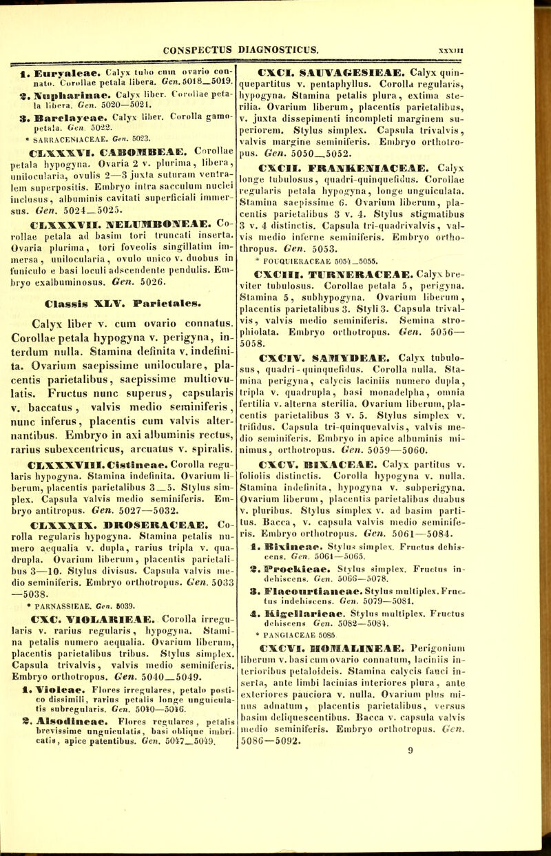 1. Euryaleae. Calyx tulio cum ovario con- nato. Corollae petala libera. Gen.6018—5019. Nupltarinae. Calyx liber. Corollae peta- la libera. Gen. 5020—5021. 3. Barclayeae. Calyx liber. Corolla gamo- petala. Gen 5022. * SARRACEN1ACEAE. Gen. 5023. CliTK.XX.VI. CABOHBEAE. Corollae petala hypogyna. Ovaria 2 v. plurima, libera, imilocularia, ovillis 2—3 juxta suturam ventra- lem superpositis. Embryo intra sacculum nuclei inclusus, albuminis cavitati superficiali immer- sus. Gen. 5024—5025. UliXXXV». XELUHBOXEAE. Co- rollae petala ad basim tori truncati inserta. Ovaria plurima, tori foveolis singillatim im- mersa, unilocularia, ovulo unico v. duobus in funiculo e basi loculi adseendente pendulis. Em- bryo exalbuminosus. Gen. 5026. Classis XLV. Parietales. Calyx liber v. cum ovario connatus. Corollae petala hypogyna v. perigyna, in- terdum nulla. Stamina definita v. indefini- ta. Ovarium saepissime uniloculare, pla- centis parietalibus, saepissime multiovu- latis. Fructus nunc superus, capsularis v. baccatus , valvis medio seminiferis, nunc inferus, placentis cum valvis alter- nantibus. Embryo in axi albuminis rectus, rarius subexcentricus, arcuatus v. spiralis. CliXXXVIBI.CistSneae. Corolla regu- laris hypogyna. Stamina indefinita. Ovarium li- berum, placentis parietalibus 3 5. Stylus sim- plex. Capsula valvis medio seminiferis. Em- bryo antitropus. Gen. 5027—5032. 1’EXXXIX. DROSEBACEAE. Co- rolla regularis hypogyna. Stamina petalis nu- mero aequalia v. dupla, rarius tripla v. qua- drupla. Ovarium liberum, placentis parietali- bus 3—10- Stylus divisus. Capsula valvis me- dio seminiferis. Embryo orlhotropus. Gen. 5033 —5038. * PARNASSIEAE. Gen. 6039. CXC. VIOLAKIEAE. Corolla irregu- laris v. rarius regularis, hypogyna. Stami- na petalis numero aequalia. Ovarium liberum, placentis parietalibus tribus. Stylus simplex. Capsula trivalvis, valvis medio seminiferis. Embryo orthotropus. Gen. 5040—5049. A. Violent*. Flores irregulares, petalo posti- co dissimili, rarius petalis longe unguicula- tis subregnlaris. Gen. 5040—5046. 3. ASsodineae. Flores regulares , petalis brevissime unguiculatis, basi oblique imbri- catis, apice patentibus. Gen. 5047 5049. CXCI. SAEVAGESIEAE. Calyx quin- quepartitus v. pentaphyllus. Corolla regularis, hypogyna. Stamina petalis plura, extima ste- rilia. Ovarium liberum, placentis parietalibus, v. juxta dissepimenti incompleti marginem su- periorem. Stylus simplex. Capsula trivalvis, valvis margine seminiferis. Embryo ortliolro- pus. Gen. 5050 5052. EXCII. FKAXHEXTACEA E. Calyx longe tubulosus, quadri-quinquefidus. Corollae regularis petala hypogyna, longe unguiculata. Stamina saepissime 6. Ovarium liberum, pla- centis parietalibus 3 v. 4. Stylus stigmatibus 3 v. 4 distinctis. Capsula tri-quadrivalvis, val- vis medio inferne seminiferis. Embryo ortho- thropus. Gen. 5053. * FOEQUIERACEAE 5054_5055. CXCBIfi. TEBXERACEAE. Calyx bre- viter tubulosus. Corollae petala 5, perigyna. Stamina 5, subhypogyna. Ovarium liberum, placentis parietalibus 3. Styli 3. Capsula trival- vis, valvis medio seminiferis. Semina stro- phiolata. Embryo orthotropus. Gen. 5056— 5058. CXCIV. SAMYDEAE. Calyx tubulo- sus, quadri-quinquefidus. Corolla nulla. Sta- mina perigyna, calycis laciniis numero dupla, tripla v. quadrupla, basi monadelpba, omnia fertilia v. alterna sterilia. Ovarium liberum, pla- centis parietalibus 3 v. 5. Stylus simplex v. trifidus. Capsula tri-quinquevalvis, valvis me- dio seminiferis. Embryo in apice albuminis mi- nimus, orthotropus. Gen. 5059—5060. CXCY. ISiXACKAE. Calyx partitus v. foliolis distinctis. Corolla hypogyna v. nulla. Stamina indefinita, hypogyna v. subperigyna. Ovarium liberum, placentis parietalibus duabus V. pluribus. Stylus simplex v. ad basim parti- tus. Bacca, v. capsula valvis medio seminife- ris. Embryo orthotropus. Gen. 5061—5084. i. l£ixiiie»C. Stylus simplex. Fructus dehis- cens. Gen. 5061—5065. 3. SDi*oel4icae. Stylus simplex. Fructus in- dehiscens. Gen. 5066—5078. 3. FlacoMirtisaneae. Stylus multiplex. Fruc- tus indebiscens. Gen. 5079—5081. 4. Migelllarieae. Stylus multiplex. Fructus dehiscens Gen. 5082—5084. * PANGIACEAE 5085 CXCVS. BfWaiAIillXEAE. Perigonium liberum v. basi cum ovario connatum, laciniis in- terioribus petaloideis. Stamina calycis fauci in- serta, ante limbi lacinias interiores plura, ante exteriores pauciora v. nulla. Ovarium plus mi- nus adnatum, placentis parietalibus, versus basim deliquescentibus. Bacca v. capsula valvis medio seminiferis. Embryo orlhotropus. Gen. 5086—5092. 9