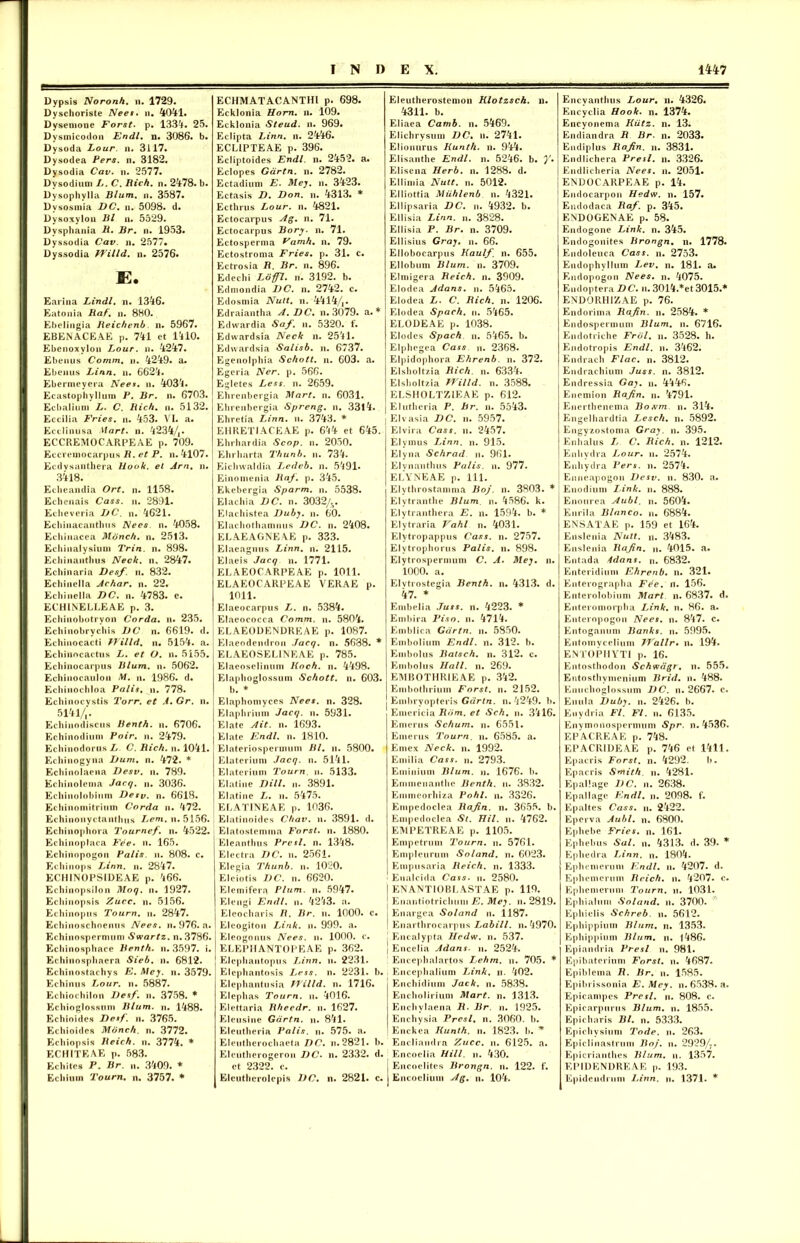 Dypsis Noronh. n. 1729. Dyschoriste Nees. n. 4041. Dysenione Forst• p. 1334. 25. Dysmicodon Endl. n. 3086. b. Dysoda Lour. n. 3117. Dysodea Pers. n. 3182. Dysodia Cav. n. 2577. Dysodium L. C. Rich. n. 2478. b. Dysophylla Blum. n. 3587. Dvsosmia DC. n. 5098. d. Dysoxylon Bl n. 5529. Dysphania R. Br. n. 1953. Dyssodia Cav. n. 2577* Dyssodia EFilld. n. 2576. E. Earina Lindi, n. 1346. Eatonia Raf. n. 880. Ebelingia Reichenb n. 5967. EBENACEAE p. 741 et 1410. Ebenoxylon Lour. n. 4247. Ebenus Comm. n. 4249. a. Ebenus Linn. n. 6624. Ebermeyera Nees. n. 4034. Ecastophyllum P. Br. n. 6703. Ecbaliuni L. C. Rich. n. 5132. Eccilia Fries, n. 453. VI. a. Ecclinusa Mart. n. 42344» ECCREMOCARPEAE p. 709. Eccremocarpus R. et P. n. 4107. Ecdvsnnthera Uook. et Arn. n. 3il8. Echeandia Ort. n. 1158. Echenais Cass. n. 2891. Echeveria DC. n. 4621. Echiuacauthus Nees. n. 4058. Echinacca Mdnch. n. 2513. Ecliinalysium Trin. n. 898. Echinauthus Neck. n, 2847. Echinaria Desf. u. 832. Echinella Achar. n. 22. Echinella DC. n. 4783. e. ECHINELLEAE p. 3. Echinobotryon Corda, n. 235. Echinobrychis DC u. 6619. d. Echinocacti EFilld. n. 5154. a. Echinocactus L. et O. n. 5155. Ecbiuocarpus Blum. n. 5062. Echiuocaiilou M. n. 1986. d. Echiuochloa Palis, n. 778. Echinocvstis Torr. et A. Gr. n. 5141/,. Echinodiscus Benth. n. 6706. Echinodium Poir. n. 2479. Echinodoriis L. C. Rich. n. 1041. Echinogyna Dum. n. 472. * Echinolaena Desv. n. 789. Echinolema Jacq. n. 3036. Echinolobinm Desv. n. 6618. Echinomitrium Corda n. 472. Echinonyctanthus Lem. n. 5156. Echinophora Tournef. n. 4522. Echinoplaca Fee. n. 165. Echinopogon Palis, n. 808. c. Echinops J.inn. u. 2847. ECHINOPSIDEAE p. 466. Echinopsilon Moq. u. 1927. Echinopsis Zucc. n. 5156. Echinoptis Tourn. n. 2847. Echinoschoemis Nees. n. 976. a. Echinospermuni Swartz. n. 3786. Ecliinosphace Benth. n. 3597. i. Echinospbaera Sieb. n. 6812. Echinostachys E. Mey. n. 3579. Echinus Lour. u. 5887. Echiochilon Desf. n. 3758. * Echioglossum Blum. n. 1488. Echioidcs Desf. n. 3765. Echioides Mdnch. n. 3772. Echiopsis Reich. n. 3774. * ECHITEAE p. 583. Echitcs P. Br. n. 3409. * Echiuin Tourn. n. 3757. * ECHM AT ACANTHI p. 698. Ecklonia Hom. n. 109. Ecklonia Steud. n. 969. Eclipta Linn. n. 2446. ECLIPTEAE p. 396. Ecliptoides Endl. n. 2452. a. Eclopes Gartn. n. 2782. Ectadiuni E. Mey. n. 3423. Ectasis D. Don. n. 4313. * Ecthrus Lour. n. 4821. Ectocarpus Ag. n. 71. Ectocarpus Bory. n. 71. Ectosperma Famh. n. 79. Ectostroma Fries, p. 31. c. Ectrosia R. Br. n. 896. Edechi Loffl. n. 3192. b. Edmondia DC. n. 2742. c. Edosmia Nutt, n. 44144« Edraiantha A. DC. n. 3079. a.* Edwardia Saf. n. 5320. f. Edwardsia Neck n. 2541. Edwardsia Salisb. n. 6737. Egenolphia Schott. n. 603. a. Egeria Ner. p. 566. Egletes Less. n. 2659. Ehrenbergia Mart. n. 6031. Ehrenbergia Spreng. n. 33i4. Ehretia Linn. u. 3743. * EHRETIACEAE p. 644 et 645. Ehrhardia Scop. n. 2050. Ehrharta Thunb. n. 734. Eichwaldia Ledeb. n. 5491. Einomenia RaJ. p. 345. Ekebergia Sparm. n. 5538. Elachia DC. n. 3032/^. Elachistea Duby. n. 60. Elachothamnus DC. n. 2408. ELAEAGNEAE p. 333. Elaeagnus Linn. n. 2115. Elaeis Jacq n. 1771. ELAEOCARPEAE p. 1011. ELAEOCARPEAE VERAE p. 1011. Elaeocarpus L. n. 5384. Elaeococca Comm. n. 5804. ELAEODENDREAE p. 1087. Elaeodendron Jacq. n. 5688. * ELAEOSELINEAE p. 785. Elaeoselinum Koch. n. 4498. Elaphoglossum Schott. n. 603. b. * Elaphomyces Nees. n. 328. Elaphrium Jacq. n. 5931. Elate Ait. n. 1693. Elate Endl. n. 1810. Elateriosperinum Bl. u. 5800. Elaterium Jacq. n. 5141. Elaterium Tourn. n. 5133. Elatine Dill. n. 3891. Elatine L. n. 5475. ELATINEAE p. 1036. Elatinoides Chav. n. 3891. d. Elatostemma Forst. n. 1880. Eleanthus Presl. n. 1348. Electra DC. n. 2561. Elegia Thunb. n. 1020. Eleiotis DC. n. 6620. Elemifera Pium. n. 5947. Elengi Endl. n. 4243. a. Eleocliaris R. Br. n. 1000. c. Elcogiton Link. n. 999. a. Eleogonus Nees. n. 1000. c. ELEPIIANTOPEAE p. 362. Elephantopus Linn. n. 2231. Elephantosis Less. n. 2231. b. Elephantusia JFilld. n. 1716. Elephas Tourn. n. 4016. Elettaria Rheedr. n. 1627. Eleusine Gartn. n. 841. Eleutheria Palis, n. 575. a. Eleutherochaeta DC. n.2821. I>. Eleutherogeron DC. n. 2332. d. et 2322. c. Elcuthcrolepis DC. n. 2821. c. Eleutherostcmon Klotzsch. n. 4311. b. Eliaea Camb. n. 5469. Elichrysuni DC. u. 2741. Elionurus Kunth. n. 944. Elisanthe Endl. n. 5246. b. f. Elisena Herb. n. 1288. d. Elliniia Nutt. n. 5012. Elliottia Miihlenb n. 4321. Ellipsaria DC. n. 4932. b. Ellisia Linn. n. 3828. Ellisia P. Br. n. 3709. Ellisius Gray. n. 66. Ellobocarpus Kaulf. n. 655. Ellobunt Blum. n. 3709. Elmigera Reich. n. 3909. Elodea Adans. n. 5465. Elodea L. C. Rich. n. 1206. Elodea Spach. n. 5465. ELODEAE p. 1038. Elodes Spach. n. 5465. b. Elphegea Cass n. 2368. Elpidophora Ehrenb. n. 372. Elsholtzia Rich. n. 6334. Elsholtzia EFilld. n. 3588. ELSH0LTZ1EAE p. 612. Eiutheria P. Br. n. 5543. Elvasia DC. n. 5957. Elvira Cass. n. 2457. Elymus Linn. n. 915. Elyna Schrad. n. 961. Elvnanthus Palis, n. 977. ELYNEAE p. 111. Elythrostanmia Boj. n. 3803. * Elvtranthe Blum. n. 4586. k. Elytranthera E. n. 1594. b. * Elytraria Vahl n. 4031. Elvtropappus Cass. n. 2757. Elytrophorus Palis, n. 898. Elytrospermum C. A. Mey. n. 1000. a. Elvtrostegia Benth. n. 4313. d. 47. * Embelia Juss. n. 4223. * Embira Piso. n. 4714. Emblica Gartn. n. 5850. Embolium Endl. n. 312. b. Embolus Batsch. n. 312. c. Embolus Hali. n. 269. E INI BOTHRIEAE p. 342. Embotliriuin Forst. n. 2152. Embryopteris Gartn. n. 4249. b. Emericia Rdm. et Sch. n. 3416. Emerus Schum. n. 6551. Emerus Tourn. n. 6585. a. Emex Neck. n. 1992. Emilia Cass. n. 2793. Eminium Blum. n. 1676. b. Emmeuanthe Benth. u. 3832. Emmeorhiza Pohl. n. 3326. Empedoclea Rajin. n. 3655. b. Empedoclea St. Hil. u. 4762. EIV1PETREAE p. 1105. Empetrum Tourn. n. 5761. Empleurum Soland. n. 6023. Empusaria Reich. n. 1333. Eualcida Cass. n. 2580. ENANT10BLASTAE p. 119. Enantiotrichuni E. Mey. u. 2819. Enargca Soland n. 1187. Enarthrocarpus Labili, n. 4970. Encalypta Hedw. n. 537. Encelia Adans■ n. 2524. Encephalartos Lehrn. u. 705. * Encephalium Link. n. 402. Enchidium Jack. n. 5838. Encholirium Mart. n. J313- Enchylaena R. Br. n. 1925. Enchysia Presl. n. 3060. b. Enckea Kunth. n. 1823. b. * Eucliandra Zucc. n. 6125. a. Encoelia Hili. n. 430. Encoelites Brongn. n. 122. f. Eucoelium Ag. n. 104. Encyanthus Lour. n. 4326. Encyclia Hook. n. 1374. Encyonema Kiitz. n. 13. Endiandra R Br. n. 2033. Endiplus Rafin. n. 3831. Endlichera Presl. n. 3326. Endlicheria Nees. n. 2051. ENDOCARPEAE p. 14. Eudocarpon Hedw. n. 157. Endodaca Raf. p. 345. ENDOGENAE p. 58. Endogone Link. n. 345. Endogonites Brongn. n. 1778. Endoleuca Cass. n. 2753. Endophvllum Lev. n. 181. a. Endopogon Nees. n. 4075. Endoptera DC. n. 3014.*et 3015.* ENDORHIZAE p. 76. Endorima Rajin. n. 2584. * Endosperumm Blum. n. 6716. Endotriehe Frdl. n. 3528. h. Endotropis Endl. n. 3462. Endrach Flac. n. 3812. Endraehium Juss. n. 3812. Endressia Gay. u. 4446. Encmion Rajin. n. 4791. Enerthenema Bowm. n. 314. Engelhardtia Lesch. n. 5892. Engvzostoma Gray. n. 395. Enhalus L C. Rich. n. 1212. Enhvdra Lour. n. 2574. Enhydra Pers. n. 2574. Enneapogon Desv. n. 830. a. Enodium link. n. 888. Enourea Aubl. n. 5604. Enrila Blanco, n. 6884. ENSATAE p. 159 et 164. Enslenia Nutt. n. 3483. Enslenia Rajin. n. 4015. a. Entada Adans. n. 6832. Enteridium Ehrenb. n. 321. Enterographa Fee. n. 156. Enterolobium Mart n. 6837. d. Enteromorpha Link. n. 86. a. Enteropogon Nees. n. 847. c. Entoganum Banks, n. 5995. Entomycelium JTallr. n. 194. ENT0PHYT1 p. 16. Entosthodon Schwdgr. u. 555. Entosthymenium Brid. n. 488. Enuchoglossum DC. n. 2667. c. Enula Duby. n. 2426. b. Euydria FI. FI. n. 6135. Envmonospermum Spr. n. 4536. EPACREAE p. 748. EPACRIDEAE p. 746 et 1411. Epacris Forst. n. 4292. b. Epacris Smith. n. 4281. Epallage DC. n. 2638. Ep ali age Endl. n. 2098. f. Epaltes Cass. n. 2422. Eperva Aubl. n. 6800. Ephebe Fries, n. 161. Ephebus Sal. n. 4313. d. 39. * Ephedra Linn. n. 1804. Ephemerum Endl. u. 4207. d. Ephemerum Reich. n. 4207. c. Ephemerum Tourn. n. 1031. Ephialum Soland. n. 3700. Ephielis Schreb. n. 5612. Ephippium Blum. n. 1353. Ephippium Blum. n. 1486. Epiandria Presl n. 981. Epibaterium Forst. n. 4687. Epiblcma R. Br. n. 1585. Epibrissonia E. Mey. n. 6538. a. Epieampes Presl. n. 808. c. Epicarpurus Blum. n. 1855. Epicharis Bl. n. 5333. Epichysium Tode. n. 263. Epiclinastrum Boj. n. 2929/7. Epicrianthes Blum. n. 1357. EPIDENDREAE p. 193. Epidendrtini Linn. n. 1371. *