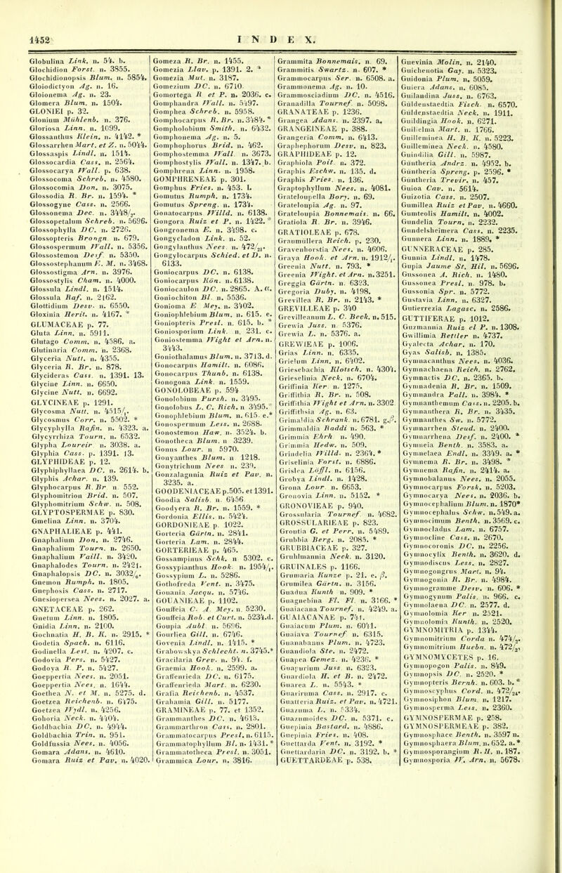 Globulina Link. n. 54. b. Glochidion Forst. n. 3S55. Glochidionopsis Blum. n. 5854. Gloiodictyon Ag. n. 16, Gloionema Ag. n. 23. Glomera Blum. n. 1504. GL0N1EI p. 32. Glonium Muhlenb. n. 376. Gloriosa Linn. n. 1099. Glossantluis Klein, n. 4142. * Glossarrhen Mart. et Z. n. 5044. Glossaspis Lindi, n. 1514. Glossocardia Cass. n. 2564. Glossocarya JVall. p. 638. Glossocoma Sclireb. n. 4580. Glossocomia Don. n. 3075. Glossodia B. Br. n. 1594. * Glossogyne Cass. n. 2566. Glossonema Dec. n. 3448/2» Glossopetalum Schreb. n. 5696. Glossophylla DC. n. 2726. Glossopteris Brongn n. 679. Glossospermum JVall. n. 5356. Glossostemon Desf n. 5350. Glossostephanum E. M. n. 3468. Glossostigma Arn. n. 3976. Glossostylis Cham. n. 4000. Glossula Lindi, n. 1514. Glossula Baf. n. 2162. Glottidium Desv. n. 6550. Gloxinia Herit. n. 4167. * GLUMACEAE p. 77. Gluta Linn. n. 5911. Glutago Comm. n. 4586. a. Glutinaria Comm. u. 2368. Glyceria Nutt. n. 4355. Glyceria B. Br. n. 878. Glycideras Cass. n. 1391. 13. Glycine Linn. n. 6650. Glycine Nutt. n. 6692. GLYCINEAE p. 1291. Glycosma Nutt. n. 4515/,. Glycosmus Corr. n. 5502. * Glycyphvlla Rajin. n. 4323. a. Glycyrrhiza Tourn. n. 6532. Glypha Loureir n. 3038. a. Glvphia Cass. p. 1391. 13. GLYPH1DEAE p. 12. Glyphiphyllaea DC. n. 2614. b. Glyphis Jchar. n. 139. Glvphoearpus B. Br n. 552. Glyphomitrion Brid. n. 507. Glvpbomitrium Schw. n. 508. GLYPTOSPERMAE p. 830. Gmelina Linn. n. 3704. GNAPHALIEAE p. 441. Gnaphalium Don. n. 2746. Gnaphaliuni Tourn. n. 2650. Gnaphalium Vaill. n. 3420. Gnaphalodes Tourn. n. 2421. Gnaphalopsis DC. n. 3032/6. Gnemon Bumph. n. 1805. Gnephosis Cass. n. 2717. Gnesiopersea Nees. n. 2027. a. GNETACEAE p. 262. Gnetum Linn. n. 1805. Gnidia Linn. n. 2100. Gochnatia H. B. Ii. n. 2915. * Godetia Spach. n. 6116. Godinella Lest. n. 4207. c. Godovia Pers. n. 5427. Godova B. P. n. 5427. Goeppertia Nees. n. 2051. Goeppertia Nees. n. 1644. Goethea N. et M. u. 5275. d. Goetzea Beichenb. n. 6475. Goetzea JVydl. n. 4256. Gohoria Neck. u. 4404. Goldbachia DC. n. 4944. Goldbachia Trin. n. 951. Goldfussia Nees. u. 4056. Gomara Adans. n. 4610. Gomara Buiz et Pav. n. 4020. Gomeza B. Br. n. 1455. Gomezia lAav. p. 1391. 2. * Gomezia Mut. n. 3187. Gomeziuni DC. n. 6710 Gomortega B et P. n. 2036. c. Gomphandra IVali. n. 5497. Gomphea Schreb. n. 5958. Gomphocarpus B. Br. n. 3484. * Gompholobium Smith. n. 6432. Gomphonema Ag. n. 5. Gomphophorus Brid. n. 462. Gomphostemma JVall n. 3673. Gompliostylis JVall. n. 1347. b. Gomphrena Linn. n. 1958. GOMPHRENEAE p. 301. Gomphus Fries. n. 453. I. Gonnitus Bumph. n. 1734. Gomutus Spreng, n. 1734. Gonatocarpus JVilld. n. 6138. Gongora Buiz et P. n. 1422. * Gongronema E. n. 3498. c. Gongycladon Link. n. 52. Gongylanthus Nees. n. 472/21. Gongylocarpus Schied.etD. n. 6133. Goniocarpus DC. n. 6138. Goniocarpus Kon. n. 6138. Goniocaulon DC. n. 2865. A. Ci. Goniochiton Bl. n. 5536. Gonioma E Mey. n. 3402. Goniophlebium Blum. n. 615. e. Goniopteris Presl. n. 615. b. * Goniosporium Link. n. 231. c. Goniostemma JJ'ight et Arn. n. 3443. Goniothalamus Blum. n. 3713. d. Gonocarpus Hamilt. n. 6086. Gonocarpus Thunb. n. 6138. Gonogona Link. n. 1559. GONOLOBEAE p. 594 Gonolobium Pursh. n. 3495. Gonolobus L. C. Bich. n 3495. Gonophlebium Blum. n. 615. e.* Gonospermum Less. n. 2688* Gonostemon Haw. n. 3524. b. Gonotheca Blum. n 3239. Goniis Ijour. n 5970. Gonyanthes Blum. n 1218. Gonytrichum Nees u. 239. Gonzalagunia Buiz et Pav. n. 3235. a. GOODENIACEAE p.505. et 1391. Goodia Salisb. n. 6456 Goodyer.a Ii. Br. n. 1559. * Gordonia Eliis, u. 5424. GORDONIEAE p. 1022. Gorteria Gdrtn. n. 2841. Gorteria I^am. u. 2844. G0RTER1EAE p. 465. Gossampinus Schk. n 5302. c. Gossypianthus Hook. n. 1954/A. Gossypium L. n. 5286. Gothofreda Vcnt. n. 3475. Gouania Jacqu. u. 5746. GOUANIEAE p. 1102. Goufteia C. A. Mey. n. 5230. Gouffeia Bob. et Curd. n. 5234.d. Goupia Aubl u. 5696. Gourliea GUI. n. 6746. Govenia Lindi, n. 1415. * Grabovvskya Schlecht. n. 3745.* Gracilaria Grev. n. 94. f. Graemia Ilooh. u. 2599. a. Graffenrieda DC. n. 6175. Graffenrieda Mart. n. 6230. Gratia Beichenb. n. 4537. Grahamia Gill. n. 5177. GRAMINEAE p. 77. et 1352. Grainmanthes DC. n. 4613. Grammarthron Cass. n. 2801. Grammatocarpus Presl. n. 6115. Grammatophyllmn Bl. n* 1431. * Grammatotheca Presl. n. 3051. Grammica Lour. n. 3816. Grammita Bonnemais. n 69. Grammitis Swartz. n. 607. * Grammocarpus Ser. n. 6508. a. Grammonema Ag. u. 10. Grammosciadium DC. n. 4516. Granadilla Tournef. n. 5098. GRANATEAE p. 1236. Grangea Adans. n. 2397. a. GRANGEINEAE p. 388. Grangeria Comm. n. 6413. Grapliephorum Desv. n. 823. GRAPH1DEAE p. 12. Grapliiola Poit. n. 372. Graphis Eschw. n. 135. d. Graphis Fries, n. 136. Graptophyllum Nees. n. 4081. Grateloupella Bory. n. 69. Grateloupia Ag. n. 97. Grateloupia Bonnemais. n. 66. Gratiola B. Br. n. 3946. GRATI OLEAE p. 678. Graumullera Reich. p. 230. Gravenhorstia Nees. n. 4606. Grava Hook. et Arn. n. 1912/A. Greenia Nutt. n. 793. * Greenia JVight. et Arn. n.3251. Greggia Gdrtn. u. 6323. Gregoria Duby. n. 4198. Grevillea B. Br. n. 2143. * GREVILLEAE p. 340 Grevilleanum L. C. Beck. n.515. Grevvia Juss. n. 5376. Grewia !>. n. 5376. a. GREWIEAE p. 1006. Grias Linn. n. 6335. Grielum Linn. n. 6402. Griesebachia Klotsch. n. 4304. Grieselinia Neck. n. 6704. Griffinia lier n. 1275. Griffithia B. Br. n. 508. Griffithia JVight et Arn. n. 3302. Griffithsia Ag. n. 63. Grimaldia Schrank. n.6781. g./?. Grimmaldia Baddi n. 563. * Grimmia Ehrh n. 490. Grimmia Hedw. n. 509. Grindelia JVilld. u. 2364. * Griselinia Forst. n. 6886. Grislea Lojfl. n. 6156. Grobva Lindi, n. 1428. Grona Lour n. 6653. Gronovia Linn. u. 5152. * GR0N0V1EAE p. 940. Grossularia Tournef. n. 4682. GROSSULAR1EAE p. 823. Groutia G. et Perr. n. 5489. Grubbia Berg. n. 2085. * GRUBBIACEAE p. 327. Gruhlmannia Neck. n. 3120. GRU1NALES p. 1166. Grumaria Kunze p. 21. e. /?. Grumilea Gdrtn. n. 3156. Guadua Kunth n. 909. * Guagnebina Fl. FI. n. 3166. * Guaiacana Tournef. u. 4249. a. GUAIACANAE p. 74l. Guaiacum Pium. n. 6041. Guaiava Tournef n. 6315. Guanabanus Pium. n. 4723. Guandiola Ste. n. 2472. Guapea Gemez. n. 4236. * Guapurium Juss n. 6323. Guardiola H. et B. n. 2472. Guarea L. n. 5543. * Guariruma Cass. u. 2917. c. Guatteria Buiz. et Pav. n. 4721. Guazunia L. n. 5334. Guazumoides DC. n. 5371. c. Guepinia Bastard. n. 4886. Guepinia Fries, n. 408. Guettaida Vent. n. 3192. * Guettardaria DC. n. 3192. b. * GUETTARDEAE p. 538. Guevinia Molin. n. 2140. Guichenotia Gay. n. 5323. Guidonia Pium. n. 5059. Guiera Adans. n. 6085. Guilandina Juss. n. 6763. Giildenstaedtia Fisch. n. 6570. Giildepstaedtia Neck. n. 1911. Guildingia Hook. n. 6271. Guilielma Mart. n. 1766. Guilleminea //. B. K. u. 5223. Guilleminea Neck. n. 4580. Guindilia Gill. n. 5987. Giintheria Andrz. n. 4952. b. Giintheria Spreng. p. 2596. * Giintheria Trevir. n. 457. Guioa Cav. n. 5614. Guizotia Cass. n. 2507. Gumillea Buiz et Pav. n. 4660. Gumteolis Hamilt. n. 4002. Gundelia Tourn. n. 2232. Gundelsheimera Cass. n. 2235. Gunnera Linn. n. 1889« * GUNNERACEAE p. 285. Gunnia Lindi, n. 1478. Gupia Jaume St. Hil. n. 5696. Gussonea A. Bich. n. 1480. Gussonea Presl. n. 978. b. Gussonia Spr. n. 5772. Gustavia Linn. n. 6327. Gutierrezia Lagasc• n. 2586. GUTTIFERAE p. 1012. Guzmannia Buiz el P. n. 1308. Gwillimia Bettler n. 4737. Gyaleeta Achar. n. 170. Gyas Salisb. n. 1385. Gymnacanthus Nees. n. 4036. Gymnachaena Reich. n. 2762. Gvmnactis DC. n. 2365. b. Gvmnadenia B. Br. n. 1509. Gymnandra Pali. n. 3984. * Gymnanthemum Ca*s. n. 2205. b. Gynmanthera B. Br. n. 3435. Gymnanthes «Sw. n. 5772. Gymnarrhen Sfeud. n. 2400. Gvmnarrhena Desf. n. 2400. * Gymneia Benlh. n. 3583. a. Gymnelaea Endl. n. 3349. a. * Gymnema B. Br. n. 3498. * Gymnenia Rajin. n. 2414. a. Gymnobalanus Nees. n. 2055. Gymnocarpus Forsk. n. 5203. Gymnocarya Nees. n. 2036. b. Gymnocephalium Blum. n. 1870* Gymnocephalus Schw. n.549. a. Gymnocimum Benth. n.3569. c. Gymnocladus Lam. n. 6757. Gymnocline Cass. n. 2670. Gynniocoronis DC. n. 2256. Gymnocylix Benlh. n. 3620. d. Gymnodiscus Less. n. 2827. Gymnogongrus Mart. n. 94. Gymnogonia B. Br. n. 4984. Gymnogrannne Desv. n. 606. * Gymnogvnum Palis, n. 966. c. Gymnolaena DC. n. 2577. d. Gymnolomia Ker n. 2521. Gvmnolomia Kunth. n. 2520. GYMN0MITR1A p. 1344. Gymnomitriuni Corda n. 474/,. Gynmomitrium Huebn. n. 472/2, GYMNOMYCETES p. 16. Gymnopogon Palis, u. 849. Gymnopsis DC. n. 2520. * Gymnopteris Bcrnh. n. 603. b. * Gymnoscyphus Cord. n. 472/24. Gymnosiphou Blum. u. 1217. Gymnosperma Less. n. 2360. GYMNOSPERMAE p. 258. GYMNOSPERMEAE p. 382. Gymnosphace Benth. n. 3597 n. Gymnosphaera Blum. u. 652. a. * Gymnosporangium R.H. n. 187. Gynmosporia JV, Arn. n. 5678.