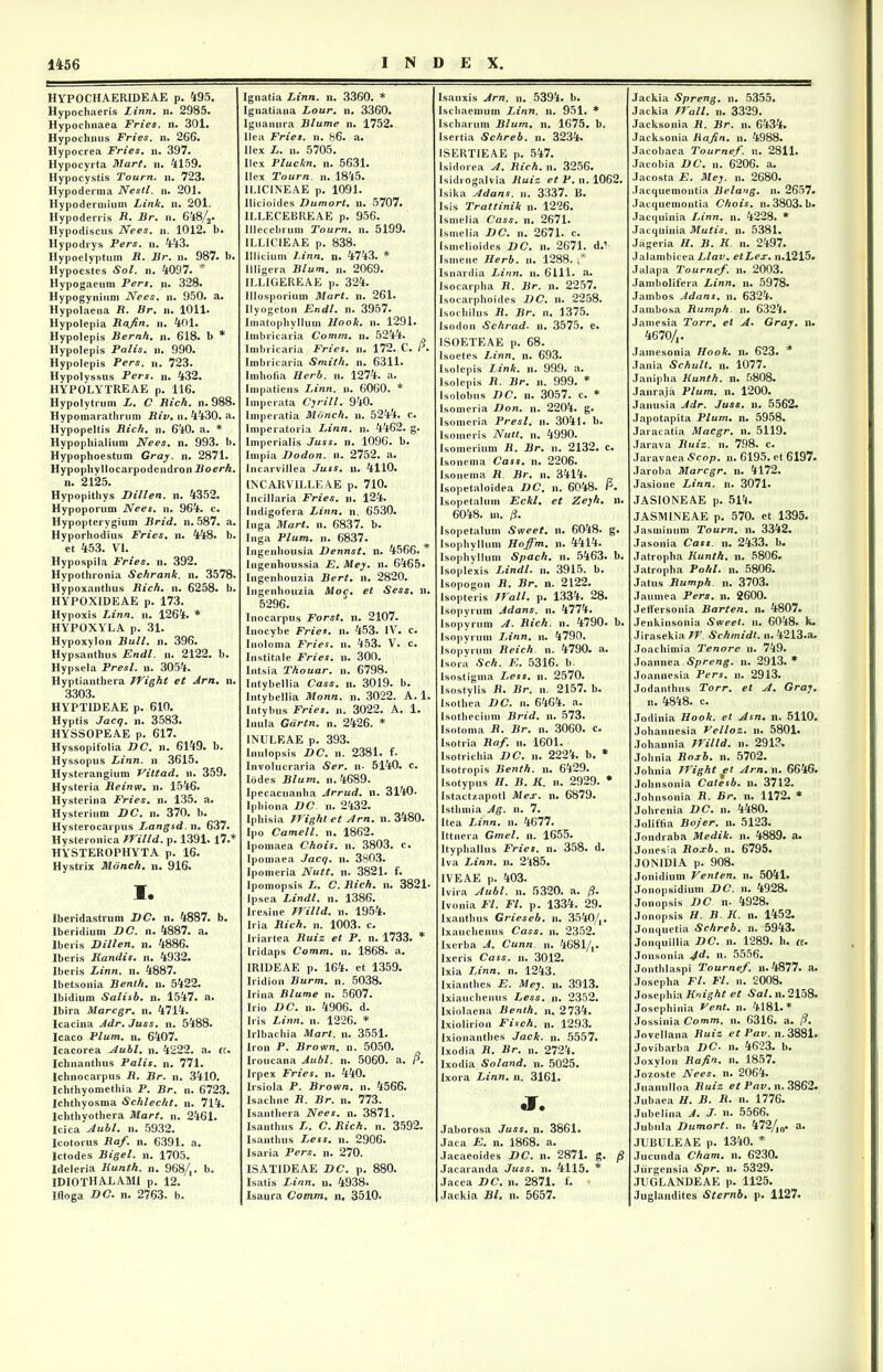 HYPOCHAERIDEAE p. 495. Hypochaeris Linn. n. 2985. Hypociinaea Fries, n. 301. Hypochnus Fries, n. 266. Hypocrea Fries, n. 397. Hypocyrta Mart. n. 4159. Hypocystis Tourn. n. 723. Hypoderma Nesti. n. 201. Hypodermium Link. n. 201. Ilypoderris R. Br. n. 648/2* Hypodiscus Nees. n. 1012. b. Hypodrys Fers. n. 443. Hypoelyptum R. Br. n. 987. b. Hypoestes Sol. n. 4097. ' Hypogaeum Fers. n. 328. Hypogynium Nees. n. 950. a. Hypolaena R. Br. n. 1011. Hypolepia Rajin. n. 401. Hypolepis Bernh. n. 618. b * Hypolepis Falis, n. 990. Hypolepis Fers. n. 723. Hypolvssus Fers. n. 432. HYPOLYTREAE p. 116. Hypolytrum L. C Rich. n. 988. Hypomarathrum Riv. n. 4430. a. Hypopeltis Rich. n. 640. a. * Hypophialium Nees. n. 993. b. Hypophoestum Gray. n. 2871. Hypopbyllocarpodendron Boerh. n. 2125. Hypopithys Dillen. n. 4352. Hypoporum Nees. n. 964. c. Hypopterygium Brid. n. 587. a. Hyporhodius Fries, n. 448. b. et 453. VI. Hypospila Fries. n. 392. Hvpothronia Schrank. n. 3578. Hypoxanthus Rich. n. 6258. b. HYPOXIDEAE p. 173. Hvpoxis Linn. n. 1264. * HYPOXYLA p. 31. Hvpoxylon Bull. n. 396. Hypsanthus Endl. n. 2122. b. Hypsela Presl. n. 3054. Hyptianthera JVight et Arn. n. 3303. HYPT1DEAE p. 610. Hyptis Jacq. n. 3583. HYSSOPEAE p. 617. Hyssopifolia DC. n. 6149. b. Hyssopus Linn. n 3615. Hysterangium Vittad. n. 359. Hysteria Reinw. n. 1546. Hysterina Fries, n. 135. a. Hysterium DC. n. 370. b. Hysterocarpus Langsd. n. 637. Hysteronica JJrilld. p. 1391. 17.* HYSTEROPHYTA p. 16. Hystrix Monch. n. 916. I. Iberidastrum DC• n. 4887. b. lberidium DC. n. 4887. a. lberis Dillen, n. 4886. lberis Kandis. n. 4932. lberis Linn. n. 4887. Ibetsonia Benth. n. 5422. Ibidium Salisb. n. 1547. a. lbira Marcgr. n. 4714. Icacina Adr. Juss. n. 5488. Icaco Pium. n. 6407. Icacorea Aubl. n. 4222. a. a. Ichnanthus Palis, n. 771. Ichnocarpus R. Br. n. 3410. Ichthyomethia P. Br. n. 6723. Ichthyosma Schlecht. n. 714. lchthyothera Mart. n. 2461. Icica Aubl. n. 5932. Icotorus Raf. n. 6391. a. Ictodes Bigel. n. 1705. Ideleria Kunth. n. 968/,. b. IDIOTHALAMI p. 12. Ifloga DC. n. 2763. b. Ignatia Linn. n. 3360. * Ignatiana Lour. n. 3360. Iguanura Blume n. 1752. Ilea Fries, n. 86. a. Ilex L. n. 5705. Ilex Fluckn. n. 5631. Ilex Tourn. n. 1845. 1LICINEAE p. 1091. llicioides Dumort. n. 5707. ILLECEBREAE p. 956. lllecebrum Tourn. n. 5199. ILL1CIEAE p. 838. Illicium Linn. n. 4743. * llligera Blum. n. 2069. ILLIGEREAE p. 324. lllosporium Mart. n. 261. Ilyogeton Endl. n. 3957. Imatophvllum llook. n. 1291. lmbricaria Comm. n. 5244. Imbricaria Fries. n. 172. C. r. lmbricaria Smith. n. 6311. Imhofia llcrb. n. 1274. a. Impatiens Linn. n. 6060. * Imperata Cyrill. 940. Imperatia Monch. n. 5244. c. Imperatoria Linn. n. 4462. g. Imperialis Juss. n. 1096. b. Impia Dodon. n. 2752. a. Incarvillea Juss. n. 4110. INCARVILLEAE p. 710. Incillaria Fries, n. 124. Indigofera Linn. n. 6530. Inga Mart. n. 6837. b. Inga Pium. n. 6837. Ingenhousia Dennst. n. 4566. Ingenboussia E. Mey. n. 6465. Ingenbouzia Bert. n. 2820. Ingenhouzia Moc. et Sess. n. 5296. Inocarpus Forst. n. 2107. Inocybe Fries. n. 453. IV. c. Inoloma Fries, n. 453. V. c. Institale Fries, n. 300. Intsia Thouar. n. 6798. Intybellia Cass. n. 3019. b. Intybellia Monn. n. 3022. A. 1. Intybus Fries, n. 3022. A. 1. Inula Gdrtn. n. 2426. * 1NULEAE p. 393. Inulopsis DC. n. 2381. f. Involueraria Ser. n- 5140. c. Iodes Blum. n. 4689. Ipecacuanha Arrud. n. 3140. Iphiona DC n. 2432. Iphi si a JVight et Arn. n. 3480. Ipo Cameli, n. 1862. Ipomaea Chois. n. 3803. c. Ipouiaea Jacq. n. 3803. Ipomeria Nutt. n. 3821. f. Ipomopsis L. C. Rich. n. 3821* Ipsea Lindi, n. 1386. lresine JVilld. n. 1954. Iria Rich. n. 1003. c. lriartea Ruiz et P. n. 1733. * Iridaps Comm. n. 1868. a. IRIDEAE p. 164. et 1359. Iridion Burm. n. 5038. Irina Blume n. 5607. Irio DC. n. 4906. d. Iris Linn. n. 1226. * Irlbachia Mart. n. 3551. Iron P. Brown. n. 5050. Iroucana Aubl. n. 5060. a. P. Irpex Fries, n. 440. Irsiola P. Brown. n. 4566. Isachne R. Br. n. 773. Isantliera Nees. n. 3871. Isanthus L. C. Rich. n. 3592. Isanthus Less. n. 2906. Isaria Fers. n. 270. ISATIDEAE DC. p. 880. Isatis Linn. n. 4938. Isaura Comm. n, 3510. Isauxis Arn. n. 5394. b. Ischaemum Linn. n. 951. * Ischarum Blum. n. 1675. b. Isertia Schreb. n. 3234. ISERTIEAE p. 547. lsidorea A. Rich. n. 3256. Isidrogalvia Ruiz et P. n. 1062. lsika Adans. n. 3337. B. Isis Trattinik n. 1226. lsmelia Cass. n. 2671. lsmelia DC. n. 2671. c. Ismelioides DC. n. 2671. d.v Ismene Herb. n. 1288. Isnardia Linn. n. 6111. a. lsocarpha R. Br. n. 2257. Isocarphoides DC. n. 2258. Isochilus R. Br. n. 1375. Isodon Schrad. n. 3575. e. 1S0ETEAE p. 68. Isoetes Linn. n. 693. lsolepis Link. n. 999. a. I sol e p is R. Br. n. 999. * Isolobus DC. n. 3057. c. * Isomeria Don. n. 2204. g. Isomeria Presl. n. 3041. b. lsomeris Nutt. n. 4990. Isomerium R. Br. n. 2132. c. Isonema Cass. n. 2206. Isonema R. Br. n. 3414. Isopetaloidea DC. n. 6048. P. lsopetalum Eckl. et Zejh. n. 6048. in. fi. lsopetalum Sweet. n. 6048. g. Isophyllum Hoffm. n. 4414. Isophyllum Spach. n. 5463. b. Isoplexis Lindi, n. 3915. b. Isopogou R. Br. n. 2122. lsopteris JVall. p. 1334. 28. lsopyrum Adans. n. 4774. Isopvrum A. Rich. n. 4790. b. lsopyrum Linn. n. 4790. lsopyrum Reich n. 4790. a. Isora Sch. E. 5316. b. lsostigma Less. n. 2570. lsostylis R. Br. n. 2157. b. Isotbea DC. n. 6464. a. lsotheciiim Brid. n. 573. Isotoma R. Br. n. 3060. c. Isotria Raf. n. 1601. lsotrichia DC. n. 2224. b. * Isotropis Benth. n. 6429. Isotypus //. B. K. n. 2929. * Istactzapotl Mex. n. 6879. Isthmia Ag. n. 7. Itea Linn. n. 4677. Ittnera Gmel. n. 1655. ltyphallus Fries, n. 358. d. Iva Linn. n. 2485. 1VEAE p. 403. Ivira Aubl. n. 5320. a. fi. Ivonia FI. FI. p. 1334. 29. Ixanthus Grieseb. n. 3540/,. lxauchenus Cass. n. 2352. Ixerba A. Cunn. n. 46814. Ixeris Cass. n. 3012. lxia Linn. n. 1243. Ixianthes E. Mey. n. 3913. Ixiauchenus Less. n. 2352. Ixiolaena Benth. n. 2734. Ixiolirion Fisch. n. 1293. Ixionanthes Jack. n. 5557. Ixodia R. Br. n. 2724. Ixodia Soland. n. 5025. Ixora Linn. n. 3161. j. Jaborosa Juss. n. 3861. Jaca E. n. 1868. a. Jacaeoides DC. n. 2871. g. fi Jacaranda Juss. n. 4115. * Jacea DC. n. 2871. f. Jackia Bl. n. 5657. Jackia Spreng. n. 5355. Jackia TTall. n. 3329. Jacksonia R. Br. n. 6434. Jacksonia Rajin. n. 4988. Jacobaea Tournef. n. 2811. Jacobia DC. n. 6206. a. Jacosta E. Mey. n. 2680. Jacquemontia Belang. n. 2657. Jacquemontia Chois. n. 3803. b. Jacquinia Linn. n. 4228. * Jacquinia Mutis, n. 5381. Jageria H. B. K. n. 2497. JalambiceaLlav. elLex. n.1215. Jalapa Tournef. n. 2003. Jambolifera Linn. n. 5978. Jambos Adans. n. 6324. Jambosa Rumph. n. 6324. Jamesia Torr. et A. Gray. n. 4670/,. Jamesonia Tlook. n. 623. * Jania Schult. n. 1077. Janipha Kunth. n. 5808. Janraja Pium. n. 1200. Janusia Adr. Juss. n. 5562. Japotapita Pium. n. 5958. Jaracatia Macgr. n. 5119. Jarava Ruiz. n. 798. c. Jaravaea Scop. n. 6195. et 6197. Jaroba Marcgr. n. 4172. Jasione Linn. n. 3071. JASIONEAE p. 514. JASM1NEAE p. 570. et 1395. Jasminum Tourn. n. 3342. Jasonia Cass. n. 2433. b. Jatropha Kunth. n. 5806. Jatropha Pohl. n. 5806. Jatus Rumph. n. 3703. Jaumea Pers. n. 2600. Jeffersonia Barten. n. 4807. Jenkinsonia Sweet. n. 6048. K. Jirasekia JV. Schmidt. n. 4213.a. Joachimia Tenore n. 749. Joannea Spreng. n. 2913. * Joannesia Pers. n. 2913. Jodanthus Torr. et A. Gray. n. 4848. c. Jodinia Hook. et Asn. n. 5110. Johannesia Velloz. n. 5801. Johannia TVilld. n. 291?. Johnia Roxb. n. 5702. Johnia JVight et Arn.n. 6646. Johnsonia Catesb. n. 3712. Johnsonia R• Br. n. 1172. * Johrenia DC. n. 4480. Joliffia Boj er. n. 5123. Jondraba Medik. n. 4889. a. Jonesia Roxb. n. 6795. JONIDIA p. 908. Jonidium Venten. n. 5041. Jonopsidium DC. n. 4928. Jonopsis DC n- 4928. Jonopsis H. B. K. n. 1452. Jonquetia Schreb. n. 5943. Jonquillia DC. n. 1289. h. ct• Jonsonia 4d» n. 5556. Jonthlaspi Tournef. n. 4877. a. Josepha Fl. Fl. n. 2008. Josephia Knight et Sal. n. 2158. Josephinia Vent. n. 4181.* Jossinia Comm. n. 6316. a. P. Jovellana Ruiz etPav. n. 3881. Jovibarba DC> n. 4623. b. Joxylon Rafin. n. 1857. Jozoste Nees. n. 2064. Juanulloa Ruiz et Pav. n. 3862. Jubaea H. B. R. n. 1776. Jubelina A. J• n. 5566. Jubula Dumort. n. 472/J0. a. JUBULEAE p. 1340. * Jucunda Cham. n. 6230. Jiirgensia Spr. n. 5329. JUGLANDEAE p. 1125. Juglandites Sternb. p. 1127.