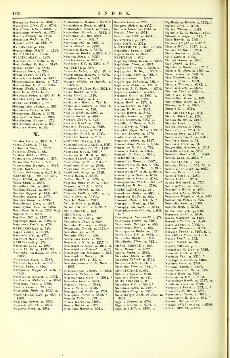 Myroxylon Forst. n. 50814» Myroxylon Linn. f. n. 6736. Myrrhidiuni DC. n. 6048. i. Myrrhinium Schott. n. 6273. Myrrhis Scopol. n. 4513. Myrsidium Rafin. n. 73. Myrsine Linn. n. 4221. * MYRSINEAE p. 734. Myrsiphvllum Willd. n. 1165. MYRTACEAE p. 1223. MYRTIFLORAE p. 1205. Myrtillus K. n. 6316. a. cc. Myrtiphyllum P. Br. n. 3147. Myrtus Tourn. n. 6316. Myscolus Cass. n. 2966. Myson Adans. n. 447. a. Mystacidium Lindi. n. 1499. Mystropetalum Harw. n. 717/,. Mystroxylon E. Z. n. 5688. Myurus Endl. n. 922. a. Myxa E. n. 3738. b. et. Myxacium Fries. n. 453. 1Y. b. Myxodes Targ. n. 105. b. MYXOGASTERES p. 25. Myxomphalos JVallr. n. 286. Myxonema Fries, n. 48. Myxopyrum Blum. n. 3358. Myxosporium Link. n. 200. Myxothecium Kunze n. 279. Myxotricluini Kunze n. 239* Myxotryx Fries. n. 48. W. Nabalus Cass. n. 3005. b. * Nabea Lehm. n. 4315. Nablonium Cass. n. 2652. Nae cari a Endl. n. 68. Nacibea Aubl. n. 3266. Naemaspora Ehrenb. n. 365. Naematelia Fries, n. 402. Nagassarium Ramph. n. 5447. Nageja Gdrtn. n. 1895. Nahusia Schneev. n. 6125. b. fi. NAJADEAE p. 229. et 1368. Najas VVilld. n. 1656. * Naaia Linn. n. 3835. Nananthea DC. n. 2666. Nandina Thunb. n. 4815. Nangha Zippel. p. 1334. 37. Nanodea Banks, n. 2073. Nanodes Lindi n. 1398. Nanophytum Less. n. 1947. Nanophytum Less. n. 2783. Nanosilene Otth. n. 5246. b. Napaea L. n. 5289. Napellus DC n. 4797. d. Napimoga Aubl. n. 5086. a. Napoleoua Palis, n. 4263. NAPOLEONEAE p. 745. Napus Tourn. n. 4949. Naravelia DC. n. 4770. Narawael Herm. n. 4770. NARC1SSEAE p. 178. Narcissus Linn. n. 1289. Narda FI. FI. p. 1334. 38. Nardophvllum Hook. et Arn. n. 29084 • Nardosmia Cass. n. 2285. Nardostachys DC. n* 2179. Nardus Linn. n. 920. Naregamia FTight et Arn. n. 5518. Narthecium Gerard. n. 1062. Narthecium Mohring n. 1050. Narvalina Cass. n. 2568. Nasella Trin. n. 798. a. Nasmythia Huds. n. 1022. a. NASSAUVIACEAE p. 489. et 1386. Nassavia Comm. n. 2944. Nassavia FI. Fl. n. 5605. Nassovia Pers. n. 2944. Nasturtioides Medik. n. 4932. f. Nasturtiolum Gray. n. 4931. Nasturtiolum Medik. n. 4975. a. Nasturtium Boerh. n. 4932. d. Nasturtium R. Br. 4850. Nastus Juss. n. 908. * Natridium DC. n. 6493. b. Natrix Monch. n. 6493. Natsiatum Ham. n. 4697. Nattamame Banks, n. 6663. b. fi. Nauchea Desc. n. 6635. Nauclea Linn. n. 3280. * Nauclearia DC. n. 3280. c. * NAUCLEAE p. 557. Naucoria Fries, n. 453. IV. d. Nauemburgia Monch. n. 4206. Nauplius Cass. n. 2441. Navaea FVebb. et Berth. n. 5269. b. Navarretia Ruiz et P. n. 3821. h. Navia Borkh. n. 509. Navia Mart. n. 1310. Navicula Bory. n. 1. c. Navicularia Bert. n. 789. b. Navicularia Fabric. n. 3655. b. Nazia Adans. n. 786. Nebelia Neck. n. 4597. a. Nebelia Sweet. n. 4600. Neckera Hedw. n. 575. Neckeria Gmel. n. 5208. Neckeria Scopol. n. 4839. Nectandra Berg. n. 2101. Nectandra Rottb. n. 2044. Nectandra Rojrb. n. 2102. NECTANDREAE p. 319. Nectaribothrium Ledeb. n. 1094. Nectaroscordum Lindi, n. 11374* Nectouxia DC. n. 4894. * Nectouxia H. B. K. n. 3843« Nectris Schreb. n. 5024. Neea Ruiz et P. n. 2011. * Needhamia Cass. n. 2568. Needhamia R. Br. n. 4279. Needhamia Scop. n. 6539. Neesia Blum. n. 5308. Nefflea Benth. n. 3879. c. Negretia Ruiz et P. n. 6665. Negundium Raf. n. 5559. Negundo Monch. n. 5559. Nehemia Endl. n. 5376. a. a. Neillia Don. n. 46444* Neja G. Don. n. 2372. Nelitris Gdrtn. n. 6313. Nelsonia R. Br. n. 4032. * NELSONIEAE p. 697. NELUMBIA p. 898* NELUMBIACEAE p. 902. Nelumbium Juss. u. 5026. Nelumbo Tournef. u. 5026. Nemaconia Knowl. n. 1377. * Nem alio n Ag. n. 82. Nemania Gray n. 396. Nemaspora Pers. n. 200. Nemastylis Nutt. n. 1247 * Nematanthus Nees. n. 1012. a. Nematanthus Schrad. n. 4162. Nematogonum Desmaz. n. 223. Nematoplata Bory. n. 10. Nematora Fee. p. 33. a. Nematospermum P. C. Bich. n. 1907. Nematostigma Dietr. n. 1221. Nematrix P'ries. n. 48. Nemauehenes Cass. n. 3014. * Nemedra Juss. n. 5527. Nemesia Vent. n. 3888. Nemia Berg. ii. 3970. Nemopanthes Rajin. n. 5707. Neuiophila Bart. n. 3829. * Nemum Palis, n. 999. c. Nenax Gdrtn. n. 3106. Nenax Gdrtn. n. 6379. Ncnuphar Heyne n. 5021. Neoceis Cass. n. 2790. Neogaya Meisn. n. 4447. Neolacis Cham. n. 1833. a. Neottia Linn. n. 1551. Neottidium Link. n. 1551. NEOTTIEAE p. 212. Nepa Petiv. n. 3724. NEPENTHEAE p. 345. et 1379. Nepenthes Linn. n. 2167. Nepeta Linn. n. 3636. NEPETEAE p. 622. Nephelaphyllum Blum. u. 1338. Nephelium Linn. n. 5617. Nephrandra Coth. n. 3700. h. Nephrandra R• Br. n. 3507. b. Nephrodium Bich. n. 639. * Nephroia Lour n. 4687. Nephroiepis Schott. n. 638. * Nephroma Achar. n. 174. d. Nephrosis L. C. Rich. n. 6709. Neptunia Loureir. n. 6828. a. Neraudia Gaud. n. 1884. c. Nerija Roxb. n. 5688. Nerine Herb. n. 1273. i. Nerium Gdrtn. n. 3429. Nerium R. Br. n. 3427. Nertera Banks, n. 3187. Nervilia Comm. n. 6147. Nesaea Comm. n. 6147. c. Nescidia A. Rich. n. 3172. Neslia Desv. n. 4942. Nesophila Alph. DC. n. 3079. f.* Nestlera Spreng. n. 2779. Neuberia Eckl. n. 1240. Neudorfia Adans. n. 3817. Neuracanthus Nees. n. 4066. Neurachne R. Br. n. 792. Neuractis Cass. n. 2563. Neurada B. Juss. n. 6401. NEURADEAE p. 1249. Neurocalyx Hook. n. 3287/2* Neurocarpaea R. Br. p. 566. Neurocarpaea R. Br. n. 3313. a. Neurocarpon FV. et M. n. 105. c. Neurocarpum Desv. n. 6636. Neurochlaena Less. n. 2786. Neurogramma Presl. n. 606. a.* Neurolaena R. Br. n. 2786. NEUROLAENEAE p. 454. Neuroloma Andrz. n. 4856. a. Neuroloma Rajin. n. 883. Neuronia Don. n. 639. b. * Neuropeltis IVall. n. 3796. Neurophyllum Nutt. n. 4414/2. Neuroplatyceros Pluckn. n. 603. b. * Neuropogon Nees et Fl. n. 178. Neuropora Comm. n. 3194. Neuropteris Brongn. n. 680. Neuropteris Desv. n. 622. Neurosperma Rafin. n. 5133. Neurotropis DC. n. 4885. d. Neuwiedia Blum n. 1620. Nhandiroba Pium. n. 5121. NHAND1ROBEAE p. 933. Niara Dennsl. n. 4222. Nibora Rafin. n. 3946. Nicandra Adans n. 3850. Nicandra Schreb. n. 3369. Nicolsonia DC. n. 6612. Nicotiana Linn. n. 3841. * NICOTIANEAE p. 662. Nidorella Cass. n. 2370. Nidularia Fries, n. 343. NIDIJLARIACEI p. 29. Niebuhria DC. n. 4995.* Niebuhria Neck. n. 2496. * Niebuhria Scop. n. 2470. Nierembergia Ruiz et Pav. n. 3839. Nigella. Tourn. n. 4794. Nigella Monch. n. 4794. c. Ni gei lar ia DC. n. 4794. b. Nigellastrum Monch. n. 4794. a. Nigrina Linn. n. 3992. Nigrina Thunb. n. 1819. Nigritella L. C. Rich. n. 1511. Nilsonia Brongn. u. 711. * Nima Hamilt. n. 5966. Nimmoia ITight n. 4632. * Nintooa DC. n. 3337. B. a. Niobaea IT ili d. n. 1264. Niobe Salisb. n. 1100. Niota I^am n 5965. Niotoutt Adans n. 5930. Nipa Thunb. n. 1717. Niphobolus Kaulf'. n. 617. * Nirbisia G. Don. n. 4786. a. Niruri Achar. n. 5847. b. Nisa Noronh. n. 5091. Nissolia Jacq. n. 6629. Nissolia Tourn. n. 6582. d. Nissoliaria DC. n. 6629. Nitelium Cass. n. 2930. c. Nitella Ag. n. 76. Nitophyllum Grev. n. 100. Nitophyllum Neck. n. 474. Nitrangium E. n. 3093. b. Nitraria L. n. 5714. NITRARIACEAE p. 1094. Nivaria Monch. n. 1266. Nivenia R. Br. n. 2127. Nivenia Vent. n. 1233. Nobula Adans. n. 3108. Nocca Cav. n. 2287. b. Noccaea Jacq. n. 2273. a. Noccaea Reirhenb. n. 4931. Nodularia JAnk. n. 52. Nodularia Mert. n. 53. Noggerathia Sternb. n. 1781. Noisettia Kunth. n. 5042. Noisettia Mart et Z. n. 5043. Nolana Linn. n. 3817. * NOLANACEAE p. 655. Nolanea Fries, n. 453. VI. b Nolina L. C. Rich. u. 1064. Nolinea Pers. n. 1064. Nolletia Cass. n. 2389. Noltea Eckl. n. 3731. Noltea Reichenb. n. 5725. Noltia Schum. n. 6867. Nomaphila Blum. n. 4040. Nomisma DC. n. 4885. c. Nomismia TVighl et A. n. 6693 Nomochloa Palis• n. 970. Nonatelia Aubl. n. 3209. Nonnea Med. n. 3765. NOPALEAE DC. p. 942. Norontea Aubl. n. 5460. Norna TVahlenb. n. 1439. Noronhia Sladlm. n. 3348. Norta Adans. n. 4906. b. Nortenia Thouar. n. 3953. Norysca Spach n. 5464. B. i. Nosophlaea Fries, p. 16. b. Nostoc Vaill. n. 403. Nostoc Vauch. n. 30. NOSTOCHINAE p. 3. Notanthera G. Don. n. 4586. Notarisia Coli. n. 473/,. Notelaea Vent n. 3350. * Noterophila Mart. n. 6196. Nothites Cass. n. 2281. Nothium Lindi, n. 1407. Notochlaena R. Br. n. 614. Nothria Berg. n. 5053. Noticastrum DC. n. 2323. Notiosphace Benth. n. 3597. m. Notobasis Cass. n. 2890. Notocarpia Presl. n. 653. b. * Notoceras R. Br n. 4846. Notochaete Benth. n. 3665. Notochlaena R. Br. n. 614. * Notonia DC. n. 2817. Notonia Wight et Arn. n. 6646^ NOTORHIZEAE p. 873.
