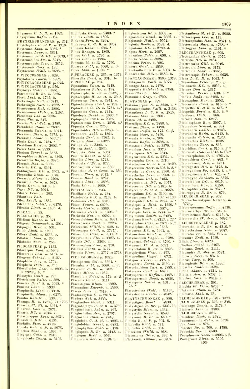 Physurus C. L. R. n. 1562. Physydrum Rajin. n. 85. PHYTELEPHANTEAE p. 242. Phytelephas R. et P. n. 1716. Phyteuma Linn. n. 3082. * Phyteuma Lour. n. 3641. Phyteumoides A. DC. n. 3079. * Phyteumoides Sm. n. 3247. Phyteumopsis Juss. n. 2642. Phytoconis Bory. n. 126. Phytocrene Wall. n. 4698. * PHYTOCRENEAE p. 828. Phytolacca Tourn. n. 5262. PHYTOLACCACEAE p, 975. PHYTOLACCEAE p. 976. Phytoxys Moliri, n. 3651. Piaranthus R. Br. n. 3526. Picea Link. n. 1795. b. Pickeringia Nuit. n. 6419. Pickeringia Nutl. n. 4222. * Piciiocomon Dal. n. 2886. Picnocomon Wallr. n. 2192. Picnomon Lob. n. 2886. Picoa Viti. n. 347. Picotia R. et Sch. n. 3780. Picradenia Hook. n. 2602. Picramnia Swartz. n. 5941. Picrasma Blum. n. 5972. g. Picrasma Lindi, n. 5966/,. Pieria Lour. n. 4154. * Picridiuni Desf. n. 3002. * Picris Linn. n. 2999. Pierium Sohreb. n. 3553. Picrophloeus Blum. n. 3368. Picrorhiza Royle. n. 3985. Picrosia Don. n. 3030. Pictetia DC. n. 6591. Piddingtonia DC n. 3063. a. * Pierandia Blum. n. 5878. Pierarda Adans. n. 2200. Pierardia Roxb. n. 5878. Pieris Don. n. 4318. 1. Pigea DC. n. 5041. Pii acre Fries. ». 303. Pilanthus Poit. Pilea Lindi, n. 1882. Pileanthus Labili, n. 6278. Pilearia Lindi. n. 1493. d. PILEATI p. 38. PILEOLARES p. 35. Pilidium Kunze. n. 371. Piligena Schumach. n. 301. Pilipogou Brid. n. 531. Pilitis Lindi, n. 1290. Pillera Endl. n. 6665. c. Piliularia Linn. n. 690. Pilobolus Todc. n. 254. PILOCARPEAE p. 1152. Pilocarpus Vahl. n. 5999. Pilocereus Lem. n. 5157. a. Pilogyue Schrad. ii. 5127. Pilopliora Jacq. n. 1752. Pilophora Wallr. n. 255. Piloselloides Less. n. 2905. 1). et 2929/,. b. * Pilostyles Guill n. 725. Pilotrichum Palis, n. 589. Pimelea B. et S. n. 2098. * Piinelea Lour. u. 5936. Pimpinella Linn. n. 4410. Pimpiuella Adans. n. 6374. Pinalia Hamilt. n. 1363. b. Pinanga R. „. 1727/,. et 1728. Pi narda FI. FI. n. 3951. * Pinardia Cass. 2671. Pinaria DC. u 4845. c. Pinaropappus Less. n. 3031. Pinastella Dill. n. 6134. Pindaiba Piso. n. 4714. Pineda Ruiz et P. n. 5076. Pinellia Tenor, n. 1693. * Pingraea Cass. n. 2410. Pinguicula Tourn. n. 4195. Piuillosia Ossa. n. 2483. * Pinites Lindi, n. 1806. Pinknea Pers. n. 3264. Pinkneya L. C. R. n. 3264. Pinonia Gand. n. 645. * Pinus Brongn. n. 1809. Pinus Link. n. 1795. a. Pinus Linn. n. 1795. Pinzona M et Z. n. 4760. Piparea Aubl. n. 5060. a. J. Piper Linn. n. 1820. * PIPERACEAE p. 265. et 1373. Piperella Presl. n. 3616. b. PIPERITAE p. 264. Piptanthus Sweet. n. 6418. Piptatherum Palis, n. 794. Piptocarpha R. Br. n. 3032/,,. Piptocarpha H. et A. n. 2908. Piptoceras Cass. n. 2871. c. Piptochaetium Presl. n. 798. a. Piptoclaina G. D. n. 3751. a. * Piptocoma Cass. n. 2214. Piptolepis Benth. n. 1896. * Piptopogon Cass. n. 2087. Piptostemma Don. n. 2948. a.* Piqueria Car. n. 2253. Piquerioides DC. n. 2253. b. Piratinera Aubl. n. 1861. Pircunia Bert. n. 5262. b. Pirigara Aubl. n. 6327. Piringa E. n. 3305. c. Piripea Aubl. n. 3960. Piriqueta Aubl. n. 5057. Pisaura Bonat. n. 6129. Piscidia Linn. n. 6723; Piscipula LbJJl. n. 6723. Pisocarpium Link. n. 330. Pisolithus A. et Schw. n. 330. Pisonia Pium. n. 2012. * Pisonia Rottb. n. 4247. Pistacia Linn. n. 5893. Pistia Linn. n. 1669. PIST1ACEAE p. 233. Pistillaria Fries, n. 284. Pistolocliia Raf\ n. 2162. b. Pistorinia DC. n. 4619. Pisum Tourn. n. 6579. Pitavia Molin. n. 5969. Piteairnia Herit. n. 1305. * Pitcberia Nutl. n. 6692. e. Pitliecolobium Mart. n. 6837. c. Pitliccoseris Mart. n. 2228. Pithecurus Willd. n. 950. b. Pithocarpa Lindi, n. 2727/,. Pithosilluin Cass. n. 2811. YI. Pithyranthus Fiv. n. 4^27. b. P ito nia DC. n. 3269. a. Pittocarpium Link. n. 320. Pittonia Kunth. n. 3747. Pittonia Pium. n. 3747. et 3748. PITT0SPOREAE p. 1081. Pittospormn Sol. n. 5661. * Pitumba Aubl. n. 5060. a. y. Pityrodia R. Br. n. 3702. Placea Miers. n. 1282. Placodium Fries, n. 172. A. (1. Placoma Gmel. n. 3111. Placostigma Blum. n. 1490. Placuntiuni Ehrcnb. u. 1490. Placus Lour. u. 2414. a. Pladaroxylon E. n. 2818. b. Pladera Sol. u. 3544. ' Plagianthus Forst. n. 5311. Plagiobothrys F. et M. n. 3769. Plagiochasma Lehm. n. 467. Plagiocheilus Arn. n. 2707. Plagiochila Dum. n. 473/,. Plagioloba C. A. M. n. 4903. d. Plagiolobiuni Swcet. n. 6452. Plagiophyllum Sc/il. n. 6178. Plagiopoda R. Br. 2143. a. Plagiopus Brid. n. 553. Plagiorutis Ser. n. 6510. b. Plagiostemon Kl. n. 4302. a. Plagiostoma Benth. n. 3662. e. Plagiotaxis Wall. n. 5552. Plagiotis Benth. n. 3583. d. Plagiotome DC. n. 2790. d. Plagius Uerit. n. 2697. Plananthus Palis, n. 696. a. Plancia Neck. n. 3026. Plancina Fries, n. 426. Planera Gmel. n. 1849. Planetanthemum E. n. 4087. b. Planorhachis DC. n. 2689. b. PLANTAGINEAE p. 346.et 1379. Plantaginella Vaill. n. 3977. Plantago Linn. n. 2170. Plappertia Reichenb. n. 5758. Plaso Rheed. n. 6670. Platanaria Gray. n. 1700. PLATANEAE p. 289. Platanocarpum E. n. 3250. a. * Platanocephalus Vaill. n. 3138. Platanthera L. C. R. n. 1515. Platanus Linn. n. 1901. Platea Bl. n. 5495. Plateclipta DC. n. 2446. b. Platisma Blum. n. 1490. Platisma Hoffm. n. 172. C. p. Plato nia Mart. n. 5456. Platonia Kunth. n. 906. Platonia Rajin. n. 3648. a. Plato stoma Palis, u. 3570. b. Platunium Juss. n. 3370. Platycapnos DC. n. 4844. Platycarpaea DC. n. 2541. a. Platycarpha Less. n. 2210. Platycarpum H. et B. n. 4l29. Platycerium Desv. n. 603. b. (V. * Platycheilus Cass. u. 2960. d. Platycheilus Less. n. 2960. a. Platychilum Del. n. 6453. Platvcodon A. DC. n. 3077. Platycoelae DC. n. 2181. b. Platycratcr S. et Z. n. 4669. Platygalium DC. n. 3100. m. PI at y gramma M. n. 132. et 136. Platvlepidea DC. n. 2244. a. * Platylepis A. Rich. n. 1556. * Platylepis Kunth. n. 987/,. Platylepis Less. n. 2244. a. * Platylobium Smith. n. 6454. Platyloma Benth. n. 4313. c. 22.* Platylophus Cass. u. 2871. f. fi, Platylophus Don. n. 4653. Platymene DC. n. 4362. a. Platymerium Bartl. n. 3322. Platymiscium Vogel. u. 6720. Platynema Schrad. n. 3760. * Platynema W. A. n. 5593. Platypetalum B. Br. n. 4923. Platyphyllum Vent. n. 177. Platypodium Vogel. n. 6721. Platyporus Pers. n. 447. f. Platypteris Kunth. n. 2550. c. Platyrhaphium Cass. u. 2889. c. Platysema Benth. n. 6640. Platyspermum HoJJm. n. 4497. a. Platyspernmm Hook. n. 4926. Platvspora Salisb. n. 4313. c. 25. * Platystemma Wall. n. 4143/,. Platystemon Benth. n. 4832. PLATYSTEMONEAE p. 858. Platystigma Benth. u. 4830. Platystigma R. Br. p. 1334. 43. Platystylis Blum. n. 1334. Platystylis Swcet. n. 6583. Platyzoma R. Br. u. 660. * Piat/, i a R. et P. p. 502. 8. Plaubelia Brid. n. 532. Plaubelia Brid. n. 583. Plazerium Willd. u. 938. Plecostoma Desv. n. 336. b Plectaneia Thouar. u. 3407. Plectanthera M. et Z. n. 5052. Plectocarpon Fee. n. 173. Plectocephalus Don. n. 2871. I. Plectocomia Mart. n. 1738. * Plectogyne Link. n. 1191. * PLECTRANTHEAE p. 609. Plectranthus Herit. n. 3575. Plectritis DC. n. 2184. Plectrocarpa Gitl. n. 6040. Plectronia Linn. n. 3173. Plectronia Lour. n. 4551. Plectrotropis Schum. n. 6638. Pleea L. C. R. n. 1063. * Plegmatium Fries, p. 21. g. Pleionactis DC. n. 2244. a. Pleione Don n. 1347. Plenasium Presl. n. 630. b. * Plenkia Rajin. n. 5185. a. Pleocarphus Don. n. 2952. Pleocnemia Presl. n. 615. c. * Pleopeltis H. et B. n. 616. * Pleopeltis Presl. n. 615. h. * Pleotheca Wall. p. 566. Pleroma Don» u. 6217. Plethiosphace B. n. 3597. f. Pleurachne Schrad. n. 994. Pleurandra Labili, n. 4754. Pleurandra Rajin. n. 6115. h. Pleuranthe Salisb. n. 2123. Pleuranthus Rich. n. 10 )2. Pleurhaphis Torr. n. 855. Pleuridiuin Presl. n. 615. k. /?. * Pleurocallis Sal. n. 4313. b. 13. * Pleurocephalum C. n. 2761. b. Pleurocliiton Cord. n. 463. * Pleurodesmia Arn. n. 4751. Pleurogaster DC. n 3175. b. Pleurogonium Pr. n. 615. f. a.* Plcurogramme Bl. n. 611. a. * Pleurogyne Eschsch. n. 3529. Pleurolobium DC. n. 6615. b. Pleurophora Don. n, 6150. Pleuroplitis Trin. n. 937. * Pleuropogon R. Br. n. 879. PLEURORH1ZEAE p. 862. Pleuroschismatypus Dumorl. n. 472/ Pleurospermum Hojfm. n. 4536. Pleurostachys Br. u. 970. b. Pleurosteuion Raf. n. 6115. 4. Pleurostvlia W. Arn. n. 5686.* PLEUROTHALLEAE p. 187. Pleurothallis R. Br. n. 1316. * Pleurothyrium Nees. n. 2047. Pleurotus Fr. n. 453. VII. a. Plexaure Endl. n. 1550. Plinia Linn. n. 6323. Plinthus Fenzl. n. 5167. Plocama Gmel. n. 3111. Plocandra E. Mey. n. 3537. Plocaria Nees. n. 94. f. P locas Targ u. 100. Plocoglottis Blum. n. 1396. Plosslea Endl. n. 5628. Plotia Adans. n. 4221. a. Plottzia Arn. n. 5202. d. Pluchea Cass. n. 2414. a. PLUCIIEINEAE p. 391. Pluchia Fl. FI. n. 4253. * Pluknetia Pium. n. 5784. Plumaria Link. n. 63. PLUMBAGINEAE p. 348 et 1379. PLUMBAGINES p. 346. et 348. Plumbago Tourn. n. 2174. * Plumeria Linn. n. 3400. PLUMERIEAE p. 581. Pluridens Neck. n. 2541. Pneumonanthe Schm. n. 3528. Poa Linn. n. 876. Poacites Br. u. 700. et 1788. Pocockia Ser. n. 6509. Pocophorum Neck. n. 5905. c. /?. Pod agrari a Rivin. n. 4405.