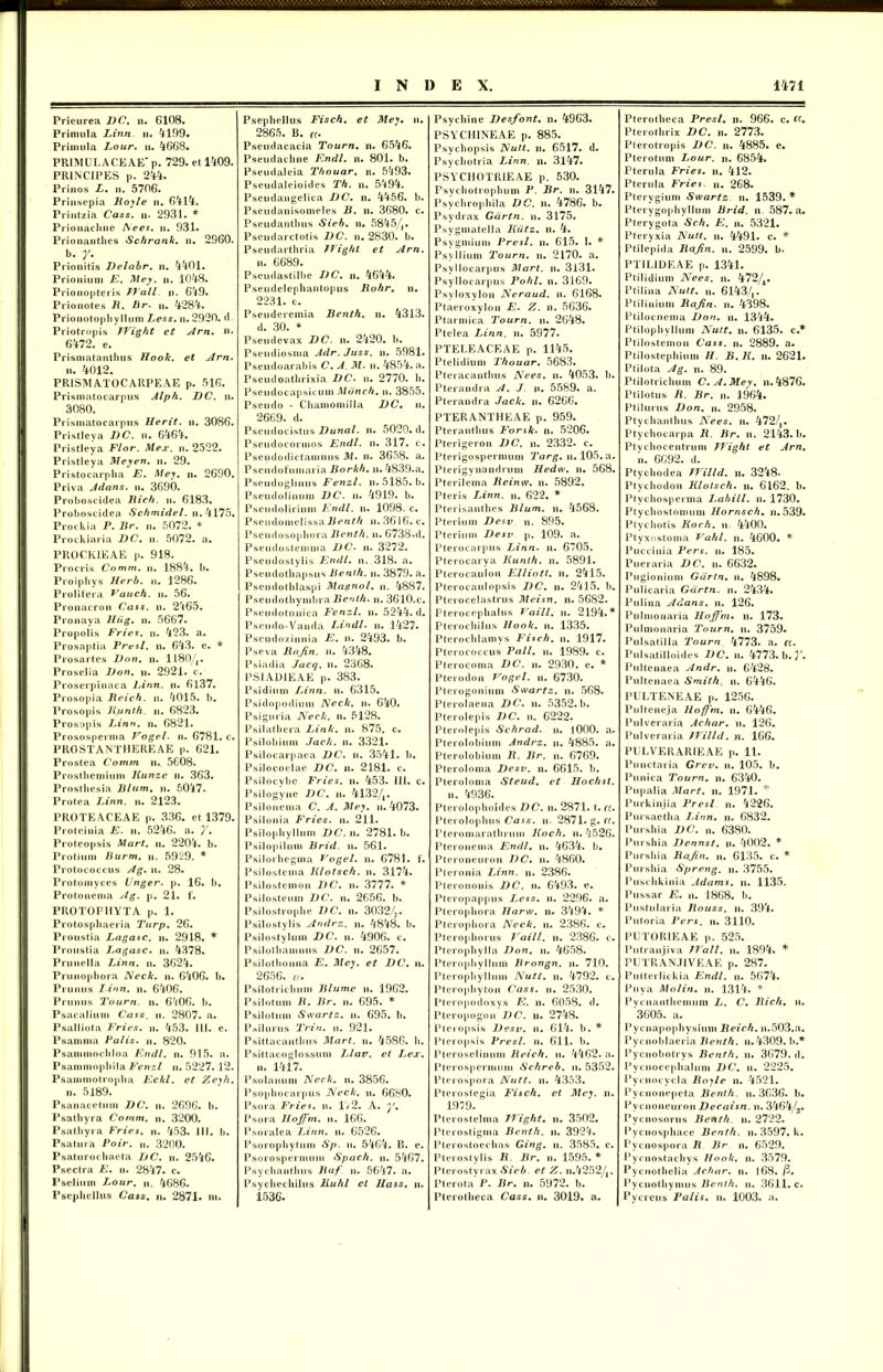 Prieurea DC. n. 6108. Primula Linn. n. 4199. Primula Lour. n. 4668. PRIMULA CEAE'p. 729. et 1409. PRINCIPES p. 244. Prinos L. n. 5706. Prinsepia Royle n. 6414. Printzia Cass. n. 2931. * Prionacline Aees. n. 931. Prionanthes Schrank. n. 2960. b. y. Prionitis Dclabr. n. 4401. Prionium E. Mey. n. 1048. Prionopteris Wall n. 649. Prionotes R. Br. n. 4284. Prionotophyllum Leas, n. 2920. d. Priotropis TVight et Arn, n. 6472. e. Prismatanthus Hooh. et Arn. n. 4012. PR1SMATOCARPEAE p. 516. Prismatocarpus Alph. DC. n. 3080. Prismatocarpus Herit. n. 3086. Pristleya DC. n. 6464. Pristleya Flor. Mejr. n. 2522. Pristleya Meyen. n. 29. Pristocarpha E. Mey. n. 2690. Priva Adans. n. 3690. Proboscidea Rich. ii. 6183. Proboscidea Sc/imidel. n. 4175. Prockia P. Br. n. 5072. * Prockiaria DC. n. 5072. a. PROCKIEAE p. 918. Procris Comm. n. 1884. b. Proipbys Herb. n. 1286. Prolifera Vauch. ii. 56. Pronacron Cass. n. 2^65. Pronaya JLiig. n. 5667. Propolis Fries, n. 423. a. Prosaptia Fresi, n. 643. e. * Prosartes Dnn. n. 1180/,. Proselia Don. n. 2921. c. Proserpinaca Linn. n. 6137. Prosopia Reich. n. 4015. b. Prosopis Kunth. n. 6823. Prosopis Linn. n. 6821. Prososperma Vogel. n. 6781. c. PRO STANT HERE A E p. 621. Prostea Comm n. 5608. Prostbemium Kunze n. 363. Prosthesia Blum. n. 5047. Protea Linn. n. 2123. PROTEACEAE p. 336. et 1379. Proteinia E. n. 5246. a. 7. Proteopsis Mart. n. 2204. b. Protium Burm. n. 5929. * Protococcus Ag. n. 28. Protomvces Unger. p. 16. b. Protonema Ag. p. 21. f. PROTOPIIYTA p. 1. Protospbaeria Turp. 26. Proustia Lagasc. n. 2918. * Proustia Lagasc. n. 4378. Prunclla Linn. n. 3624. Prunopbora Nech. n. 6406. b. Prunus Linn. n. 6406. Prunus Tourn. n. 6406. b. Psacalium Cass. n. 2807. a. Psalliota Fries, n. 453. III. e. Psamma Palis, n. 820. Psammocbloa Endl. n. 915. a. Psammopbila Fcnzl n. 5227.12. Psammotropba Eckl. et Zeyh. n. 5189. Psanacetum DC. n. 2696. b. Psathyra Comm. n. 3200. Psathyra Fries. n. 453. III. b. Psatura Poir. n. 3200. Psaturocbaeta DC. n. 2546. Psectra E. n. 2847. c. Psclium Lour. n. 4686. Psephellus Cass. n. 2871. ni. Psephellus Fisch. et Mey. n. 2865. B. ((. Pseudacacia Tourn. n. 6546. Pseudachne Endl. n. 801. b. Pseudaleia Thouar, n. 5493. Pseudaleioides Th. n. 5494. Pseudangelica DC. n. 4456. b. Pseudanisomeles B. n. 3680. c. Pseudantbus Sieb. n. 5845/j. Pseudarctotis DC. n. 2830. b. Pseudarthria Wight et Arn. n. 6689. Pseudastilbe DC. n. 4644. Pseudelephantopus Rohr. n. 2231. c. Pseuderemia Benth. n. 4313. d. 30. * Pseudevax DC. n. 2420. b. Pseudiosma Adr. Juss. n. 5981. Pseudoarabis C. A M. n. 4854. a. Pseudoathrixia DC. n. 2770. b. Pseudocapsicum Mdnch. n. 3855. Pseudo - Chamomilla DC. n. 2669. d. Pseudocistus Dunal. n. 5020. d. Pseudocormos Endl. n. 317. c. Pseudodietauinus M. n. 3658. a. Pseudofumaria Borhh. n. 4839.a. Pseudoglmus Fenzl. n. 5185. b. Pscudolinum DC. n. 4919. b. Pseudolirium Endl. n. 1098. e. PseudomelissaR/^A n. 3616. c. Pseudosophora Benth. n. 6738»d. Pseudostcmma DC. n. 3272. Pseudostylis Endl. n. 318. a. Pseudothapsus Benth. n. 3879. a. Pseudotblaspi Magnol. n. 4887. Pseudotbymbra Benth. n. 3610.C. Pseudotunica Fenzl. n. 5244. d. Pseudo-Vanda Lindi, n. 1427. Pscudozinnia E. n. 2493. b. Pseva Rnjin. n. 4348. Psiadia Jacq. u. 2368. PS1ADIEAE p. 383. Psidium Ijinn. n. 6315. Psidopodium Nech. n. 640. Psiguria Nech. n. .^128. Psilatbera Linh. n. 875. c. Psilobium Jach. n. 3321. Psilocarpaea DC. n. 3541. b. Psilocoelae DC. n. 2181. c. Psilocybc Fries, n. 453. 111. c. Psilogyne DC. n. 4132/!. Psilonema C. A. Mey. n. 4073. Psilonia Fries, n. 211. Psilopliyllum DC. n. 2781. b. Psilopilum Brid. n. 561. Psilorhegma Vogel. n. 6781. f. Psilostema Rlotsch. n. 3174. Psilostemon DC. n. 3777. * Psilosteum DC. n. 2656. b. Psilostrophe DC. n. 3032/7. Psilostylis Andrz. n. 4848. b. Psilostylum DC. n. 4906. c. Psilotbanmus DC. n. 2657. Psilotlionna E. Mey. et DC. n. 2656. ((• Psilotricbum Blume n. 1962. Psilotum R. Br. n. 695. * Psilotum Swartz. n. 695. b. Psilurus Trin. n. 921. Psittacantluis Mart. ii. 4586. b. Psittacoglossum LAav. et Lex. n. 1417. Psolauum Nech. n. 3856. Psophocarpus Nech. n. 6680. Psora Fries, n. 1/2. A. y. Psora Iloffm. n. 166. Psoralea Linn. u. 6526. Psoropbytum Sp. n. 5464. B. e. Psorospermum Spach. n. 5467. Psychanthus Raf n. 5647. a. Psycbechiliis Euhi et Hass. n. 3.536- Psychine Desfont. n. 4963. PSYCII1NEAE p. 885. Psvchopsis Nuit. n. 6517. d. Psycliotria Linn. n. 3147. PSYCHOTR1EAE p. 530. Psychotrophum P. Br. n. 3147. Psycbrophila DC. n. 4786. b. Psydrax Gartn. n. 3175. Psygmatella Kiitz. n. 4. Psygmium Presl. n. 615. I. * Psvllium Tourn. n. 2170. a. Psyllocarpus Mart. n. 3131. Psyllocarpus Pohl. n. 3169. Psvloxylon Neraud. n. 6168. Ptaeroxylon E. Z. n. 5636. Ptarmica Tourn. n. 2648. Ptelea Linn. n. 5977. PTELEACEAE p. 1145. Ptelidium Thouar. 5683. Pteracanthus Nees. u. 4053. b. Pterandra A. J. n. 5589. a. Pterandra Jach. n. 6266. PTERANTHEAE p. 959. Pterantbus Forsh. n. 5206. Pterigeron DC. n. 2332. c. Pterigospermum Targ. n. 105. a. Pterigynandrum Hedw. n. 568. Pterilema Reinw. n. 5892. Pteris Ijinn. n. 622. * Pterisanthes Blum. n. 4568. Pterium Desv n. 895. Pterium Desv p. 109. a. Pteroearpus Linn. n. 6705. Pterocarya Kunth. n. 5891. Pterocaulon Elliott. n. 2415. Pterocaulopsis DC. n. 2415. b. Pterocelastrus Meisn. n. 5682. Pteroccphalus Vaill. n. 2194.* Pterochilus Hooh. n. 1335. Pterochlamys Fisch. n. 1917. Pterococcus Pali. n. 1989. c. Pteroeoma DC. n. 2930. e. * Pterodon Vogel. n. 6730. Pterogonium Swartz. n. 568. Pterolaena DC. n. 5352.b. Pterolepis DC. n. 6222. Pterolepis Schrad. n. 1000. a. Pterolobium Andrz. n. 4885. a. Pterolobium R. Br. n. 6769. Pteroloma Desv. n. 6615. b. Pteroloma Steud. et Hochst. n. 4936. Pterolophoides DC. n. 2871. t. cc. Ptei olophus Cass. n. 2871. g. ct. Pteromarathrum Koch. n. 4526. Ptcronema Endl. n. 4634. b. Pteroneuron DC. n. 4860. Pteronia Linn. n. 2386. Pterononis DC. n. 6493. e. Pteropappus Less. n. 2296. a. Ptcropliora Tlarw. n. 3494. * Pteropbora Nech. n. 2386. c. Pterophorus Vaill. n. 2386. c. Pteropbylla Don. n. 4658. Pteropbyllum Brongn. n. 710. Pterophylluin Nutt. n. 4792. c. Pterophyton Cass. n. 2530. Pteropodoxys E. n. 6058. d. Pteropogon DC. n. 2748. Pteropsis Desv. n. 614. b. * Pteropsis Presl. n. 611. b. Pteroselinum Reich. n. 4462. a. Pterospermum Schreb. n. 5352. Pterospora Nutt. n. 4353. Pterostegia Fisch. et Mey. n. 1979. Pterostelma TVight. n. 3502. Pterostigma Benth. n. 3924. Pterostoechas Ging. n. 3585. c. Pterostylis R. Br. n. 1595. * Pterostyrax Sieb. et Z. n.4252/|. Pterota P. Br. n. 5972. b. Pterotheca Cass. u. 3019. a. Pterotheca Presl. n. 966. c. ((• Pterothrix DC. n. 2773. Pterotropis DC. n. 4885. e. Pterotum Lour. n. 6854. Pterula Fries, n. 412. Pterula Fries, n. 268. Pterygium Swartz n. 1539. * Pterygopbyllum Brid. n 587. a. Pterygota Sch. E. n. 5321. Pteryxia Nutt. n. 4491. c. * Ptilepida Rajin. n. 2599. b. PT1L1DEAE p. 1341. Ptilidium Nees. n. 472/4. Ptilina Nutt. n. 6143/,. Ptiliniuni Rajin. n. 4398. Ptilocnema Don. n. 1344. Ptilophyllum Nutt. n. 6135. c.* Ptilostemon Cass. n. 2889. a. Ptilostephium //. B. K. n. 2621. Ptilota Ag. n. 89. Ptilotrichum C. A. Mey. n.4876. Ptilotus R. Br. n. 1964. Ptilurus Don. n. 2958. Ptychanthus Nees. n. 472/t. Ptychocarpa R. Br. n. 2143. b. Ptvehocentrum TVight et Arn. n. 6692. d. Ptychodea Willd. n. 3248* Ptychodon Klotsch. n. 6162. b. Ptychosperma Labili, n. 1730. Ptychostomum Hornsch. n. 539. Ptvchotis Koch. n. 4400. Ptyxostoma Vahl. n. 4600. * Puccinia Pers. n. 185. Pueraria DC. n. 6632. Pugionium Gartn. n. 4898. Pulicaria Gartn. n. 2434. Pulina Adans. n. 126. Pulmonaria Hoffm. n. 173. Pulmonaria Tourn. n. 3759. Pulsatilla Tourn 4773. a. a. Pulsatilloides DC. n. 4773. b. y. Pultenaea Andr. n. 6428. Pultenaea Smith. n. 6446. PULTENEAE p. 1256. Pulteneja Iloffm. n. 6446. Pulveraria Achar. n. 126. Pulveraria TVilld. n. 166. PULVERARIEAE p. 11. Punctaria Grev. n. 105. b. Punica Tourn. n. 6340. Pupalia Mart. n. 1971. * Purkinjia Presl n. 4226. Pursaetha Linn. n. 6832. Purshia DC. n. 6380. Purshia Dennst. n. 4002. * Purshia Rajin. n. 6135. c. * Purshia Spreng. n. 3755. Pusclikinia Adams. n. 1135. Pussar E. n. 1868. b. Pustularia Rouss. n. 394. Putoria Pers. n. 3110. PUTORIEAE p. 525. Putranjiva Wall. n. 1894. * PUTRANJIVEAE p. 287. Putterlickia Endl. n. 5674. Puva Molin. n. 1314. * Pvcnanthemum L. C. Rich. u. '3605. a. Pycnapophysium Reich. n.503.a. Pycnoblaeria Benth. n.4309. b.* Pycnobotrys Benth. n. 3679. d. Pycnocepbalum DC. n. 2225. Pycnocycla Royle n. 4521. Pycnonepeta Benth. n. 3636. b. Pycnoneuron Decaisn. n. 3464/2. Pycnosorus Benth u. 2722. Pycnosphace Benth. n. 3597. k. Pycnospora R Br n. 6529. Pycnostachys Hooh. u. 3579. Pycnothelia Achar. n. 168. fi. Pycnothymus Benth. n. 3611. c. Pycreus Palis, u. 1003. a.