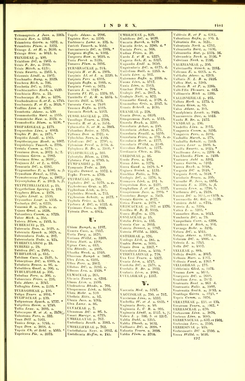 Tritomopteris A Juss. n. 5564. Tritonia Ker. n. 1242. Triumfetta Gdrtn. n. 5372. a. Triumfetta Pium. n. 5372. Trixago L. et H. n. 3650. e. Trixago Stev. u. 4013. b. TRIXIDEAE p. 490. Trixidium DC, n. 2462. c. Trixis P. Br. n. 2960. Trixis Mitch. n. 613/. Trixis Swartz. n. 2462. b. Trizeuxis Lindi, n. 1402. Trochantha Bung. n. 3529. Trochera Rich. n. 736. Trochetia DC. n. 5351. Trochiscanthes Koch. n. 4439. Trochiscia Kiitz. n. 21. Trochocarpa R. Br. u. 4276. Trochodendron S. et Z. n. 4744. Trocboseris P. et E. n. 3018. * Trollius Linn n. 4787. Trombetta Adans. n. 430- Trommsdorffia Mart. n. 1955. Tromotriche Haw. n. 3524. e. Tromsdorftia Blum. n. 4136. * TROPAEOLEAE p. 1174. Tropaeolum Linn. n 6063. Trophis P. Br. n. 1871. * Tropidia Lindi, n. 1565. Tropidocarpum Hook. n. 4907. Tropidolepis Tausch. n. 2294. Trotula Comm n. 6174. c. Troximon Don. n. 3022. A.; 2. Troximon Gdrtn. n. 2982. Troximon Sims. n. 3030/,. Trujanoa Ll. et L. n. 6895. Truncaria DC. n. 6182. Trygonanthus E. n. 4586. a. /?. Trymalium Fenzl. n. 5744. Trymatococcus Popp. n. 1863/,. Tryoceplialon F. n. 1003. b. /3. TRYPET1IEL1ACEAE p. 14. Trypethelium Spreng. ii. 154. Tryphera Blum. n. 1978. Tryphia Lindi, n. 1530. Trysantiuis Lour. n. 4355. a. Tschudya DC. n. 6229. Tsinoma H. n. 2528. a. ce- Tsjana Gmel. n. 1638. Tubanthera Comm. n. 5729. Tuber Midi. n. 350. Tubera Blum. n. 1493. b. TUBERACEI p. 29. Tuberaria Dun. n. 5029. e. Tuberaria Spach. n. 5029. e. Tubercularia Tode. n. 207. Tubercularia Tode. n. 424. TUBERCU LARINI p. 18. TUBEREI p. 29. Tubifera DC. n. 2405. c. TUBIFLORAE p. 641. Tubilium Cass. n. 2434. b. Tubocytisus DC. n. 6505. a. Tubularia Rouss. n. 86. a. Tubulifera Gmel. n. 306. c. TUBULIFLORAE p. 356. Tubulina Pers. n. 306. c. Tuburcinia Fries, n. 216. Tu Ia Adans. n. 3242. Tulbaghia Linn. n. 1159. * TULBAGIIIEAE p. 150. Tulipa Tourn n. 1091. * TULIPACEAE p. 139. Tulipastrum Spach. n. 4737. * Tulipifera Herm. n. 4740. Tullia Leav. n. 3605. a. Tulocarpus H. et A. n. 2478/,. Tulostoma Pers. n. 332. Tuna Dill n. 5161. Tunica Scop. n. 5244. c. Tupa Don. n. 3058. d. Tupeia Ch. et Schl. n. 4585. * Tupeicava Pie. n. 3973. Tupelo Adans. n. 2086. Tupistra Ker. n. 1190. Turbinaria J>amx. n. 121. b. Turbith Tausch. n. 4441. Turcaninowia DC. n. 2304. * Turgenia Hnffm. n. 4502. Turgosea Haw. n. 4610. e. Turia Forsk n. 5134. Turnera Pium. n. 5056. TURNERACEAE p. 914. Turpinia H. et B. n. 2904. Turpinia Ll. et L n. 2220. b. Turpinia Pers n. 6595. Turpinia Rajin. n. 5905. e. Turpinia Fent. n. 5671. Turraea L n. 5519. * Turretta FI. FI. p. 1334. 55. Turritella C A. M. n. 4854. b. Turritis Dill. n. 4853. Tursenia Cass. n. 2410. Tussaca Rajin. n. 1559. Tussacia Reich. n. 4163. TUSS1LAG1NEAE p. 370. Tussilago Tourn. n. 2288. Tweedia H. et A. n. 3451. Tylacantha N. et M. n. 3884. Tylanthus Reiss. n. 5739. TvJloma Don n. 2921. e. Tvlochilus Nees. n. 1444. Ty Io discus DC n. 2790. c. Tylomium Fresi, n. 3058. d. Tylopliora R. Br. n. 3500. * TYLOPHGREAE p. 595. Tylostylis Blum. n. 1390. Tylotaea Vog. n. 6789. b. TYMPAN1DEI p. 33. Tympanis Tode. n. 380. Typalia Dennst. n. 5972. f. Typha Tourn. n. 1709. TYPHACEAE p. 241. Typhalea DC n. 5275. a. a, Typboderina Gray. n. 37. Typhodium Link. n. 384. Typhoides Monch. n. 753. Typhonium Schott. n. 1677. * Typhula Fries, n. 413. Tyrbaea A. DC. n. 4222. d. Tyrimnus Cass. n. 2880. Tytonia Don n. 6061. Ubium Rumph. n. 1197. Ucacea Cass. n. 2447. Ucria Targ. n. 1670. Ucriana TVilld. n. 3309. Udora Nutt. n. 1206. Ugena Cav. n. 663. Ula Rheede. n. 1805. Ulantha Hook. n. 1549. Ulassiuni Rumph n. 5887. Ulex Linn. n. 6495. Ulloa Pers. n. 3862. UJIobus DC. n. 3192. c. Ullucus Loz. u. 1938. * ULMACEAE p. 265. Uln ai ia Tourn n. 6391. Ulmus Linn. n. 1850. Ulodendron Rhode, n. 701. Ulospermum Link. n. 4450. Ulota Mohr. n. 5]0. Ulotlirix Kiitz. n. 42. Uluxia Juss. n. 4264. Ulva Lamx. n. 86. ULVACEAE p. 7. Ulvastrum DC. n. 86. b. Umari Marcgr. n. 6725. UMBELLATAE p. 762. Umbellaria Benth. n. 3583. r. UMBELLIFERAE p. 762. Umbellularia Nees. n. 2052. d. Umbilicaria Hoffm. n. 145. UMBIL1CEAE p. 810. Umbilicus DC. u. 4620. Uncaria Burch. n. 4178 Uncaria Schr. n. 3280. d. * Uncinia Pers. n. 968. U n di na Fries, n. 30. Unedo L. et H n. 4325. Ungeria Sch. E. n. 5317. Ungnadia Endl n. 5640. Unguicularia DC. n. 6675. d. Unifolium Hali. n. 1183. a. Uniola Linn. n. 902. Unisemma Rajin. n. 1088. a. Unona Idnn. n. 4717. Unxia Linn. n. 2463. Urachne Trin. n. 794. Uralepis DC. n. 2867. b. Uralepis Nutt. n. 872. Urananthe Gaud. n. 3528. d. Urananthus Gris. n. 3547. b. Urania Schreb. n. 1650. URAN1EAE p. 228. Uraria Desv. n. 6610. Uraspermum Nutt. n. 4515. Urceola Roxb. n. 3395. Urceolaria Achar. n. 140. Urceolaria Achar. n. 172. Urceolaria Feuill. n. 4155. Urceolaria Fries, n. 172. A. a• Urceolaria Herh. n. 1277. Urceolaria TVilld. n. 32()0. Urceoli na Reich. n. 1277. Uredinaria Chev. n. 201. URED1NEAE p. 16. Uredo Pers. n. 181. Urena Linn. n. 5274. Urera Gaud. n. 1879. b. * Urginea Steinh. n. 1131. Urochloa Palis, n. 768. Urolepis DC. n. 2276. b. Uromyces Link. n. 181- b. Uropetalum Ker. n. 1122. Urophyllum J. et JV. n. 3227. Urospernnim Juss. n. 2994. * Urostelma Bunge n. 3469. Ursinia Gdrtn. n. 2627. Urtica Tourn. n. 1879. * URTICACEAE p. 282. et 1376. Urvillea H. B. K. 5599. Usnea Hoffm. n. 179. USNEACEAE p. 15. Ustalia Fries. n. 132. Usteria Cav n. 3893. Usteria Dennst. n. 5787. Usteria TVilld. n. 3366. USTERIEAE p. 576. Ustilago Link. n. 181. a. Usubis Burm. n. 5605. Utania Don n. 3367. * Utricularia Linn. n. 4193. * UTB1CULARINAE p. 728. Uva Ursi Tourn. n. 4327. Uvaria Linn. u. 4717. Uvedalia DC. n. 2475. a. Uvedalia B Br. n. 3933. Uvularia Linn. n. 1080. UVU LARI EAE p. 1357. V. Vaccaria Med. n. 5247. VACCIN1EAE p. 750. et 757. Vaccinium Linn. n. 4332. Vachellia TV. et A. n. 6835. * Vaginaria Bory. n. 40. Vaginaria 1>. C R. n. 995. Vaginaria Lindi, n. 1537. b. y• Valiea L p. 586. 5. et 1397. Valilia Dahl. n. 5345. Vahlia Thunb. n. 4631. Vaillantia DC. n. 3098. * Valantia Tourn. n. 3098. Valdia Pium. n. 3708. Valdesia R, et P n. 6261. Valentiana Rajin. p. 570. 1. Valeritinia »Sw. n. 5631. Valentynia Neck. n. 6752. Valenzuelia Bert. n. 5606. Valenzuelia Mut. p. 1334. 56. Valerandria Neck. n. 3536. * Valeriana Neck. n. 2186. VALERIANEAE p. 350. Valerianella Monch. n. 2181. Valicana E. n. 6663. a. cc. Valikaha Adans. n. 6269. Vallaris N. L. B. n. 3416. Valiea Mut. n. 5389. Vallesia R et P. n. 3384. Valli-Filix Thouars. n. 663. Vallisneria Midi n. 1209. VALL1SNERIEAE p. 161. Vallota Herb. n. 1273. f. Valonia Ginn. n. 85. Valsa Adans. n. 395. Vanalpliimia Lesch. n. 5414. Vancouveria Dec. n. 4812. Vanda R. Br. n. 1472. VANDEAE p. 196. Vandellia Linn. n. 3952. Vangueria Comm. n. 3191. Vanguiera Pers. n. 3191. Vanhallia March. n. 275. Vanhallia Schult. n. 2163. Vaniera Lour u. 1880. b. Vanilla Swartz. n. 1614. * Vanillosma Less. n. 2204- d. Van-Rhee dia Pium n. 5450. Vantanea Aubl n. 5383. Vareca Gdrtn. n. 5102. Vareca Roxb. n. 5048. Vargasia DC n. 2618. * Vargasia bert. n. 5618. * Variolaria Rouss. n. 395. Varonthe H. Juss. n. 6851. Varronia E. n. 3738. b. /?. Varronia Linn. n. 3738.*. Varthemia DC, n. 2428. Vascoa DC n. 5651. et 6459. a. Vasconcella St. Hil. u. 5120. Vatairea Aubl n. 6734. 1 Vateria L. n. 5394. Vatica L. n. 5395. * Vauanthes Haw. n. 4613. Vaucheria DC. n. 79. Vauquelinia Corr. u. 6398. Vauthiera A Rich. n. 996. Vavanga Rohr. n. 3191. Velaea DC. n. 4511. Velaga Adans. n. 5352. a. Veiarum DC. n. 4906. a. Velezia L. n. 5243. Vella DC n. 4957. VELLEAE p. 884. Velleja Smith. n. 3047. Vellosia Mart. n. 1262. Vellosia Vand. n. 1262. * VELLOZIEAE p. 172. Veltheimia Gled. u. 1121. Venana Lam n. 4681. Venegasia DC. n. 2660. Venidium Less. n. 2832. Ventenata Koel n. 863 d. Ventenatia Palis, n. 5402. Ventenatia Smith. n. 3093. a. Ventilago Gdrtn n. 5715. * Vepris Comm. n. 5976. VERATREAE p. 133. et 134. Veratrum Tourn. ii. i067. * VERBASCEAE p. 670. Verbascum IAnn, n. 3878. Verbena Linn. n. 3685. VERBENACEAE p. 632. et 1401. Verbesina Less. n. 2550. VERBESINAE p. 414. Verbesinaria DC n. 2550. a. Verea TVilld, n. 4616. 192