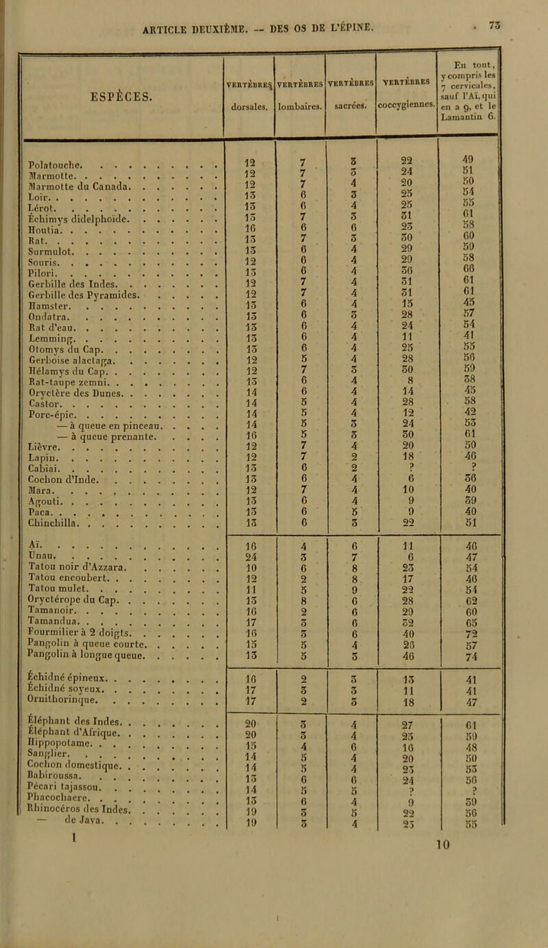 ESPÈCES. VERTÈBRE^ dorsales. VERTEBRES lombaires. VERTÈBRES sacrées. VERTÈBRES coccygiennes. En tout, y compris les y cervicales, sauf l’Aï,qui en a 9, et le Lamantin 6. 12 7 3 22 49 12 7 3 24 51 12 7 4 20 50 13 6 3 25 54 13 6 4 25 55 13 7 3 31 Cl 16 6 6 25 58 13 7 3 30 60 13 6 4 29 59 12 6 4 29 58 13 6 4 56 66 12 7 4 51 61 12 7 4 31 61 13 6 4 15 45 13 6 3 28 57 15 6 4 24 54 13 6 4 11 41 13 6 4 25 55 12 5 4 28 56 12 7 3 30 59 15 6 4 8 58 14 6 4 14 45 14 5 4 28 58 14 5 4 12 42 14 5 3 24 53 16 5 3 30 61 12 7 4 20 50 12 7 2 18 46 13 6 2 ? ? 13 6 4 6 36 12 7 4 10 40 13 6 4 9 39 13 6 5 9 40 13 6 3 22 51 16 4 6 u 46 24 3 7 6 47 10 6 8 23 54 12 2 8 17 46 11 5 9 22 54 13 8 6 28 62 16 2 6 29 60 17 3 6 52 65 16 3 6 40 72 13 5 4 26 57 13 5 3 46 74 16 2 3 13 41 17 3 3 11 41 17 2 3 18 47 20 3 4 27 61 20 3 4 25 59 15 4 6 16 48 14 5 4 20 50 14 5 4 23 53 13 6 6 24 56 14 5 5 ? ? 13 6 4 9 59 19 5 5 22 56 19 3 4 23 55 Polatouche Marmotte Marmotte du Canada. . . Loir Lérot Echimys didelphoïde. . . IToutia Rat Surmulot Souris Pilori Gerbille des Indes. . . . Gerbille des Pyramides. Hamster Ondatra Rat d’eau Leraming Otomys du Cap Gerboise alactaga. . . . Hélamys du Cap Rat-taupe zemni Oryctère des Dunes. . . . Castor Porc-épic — à queue en pinceau. — à queue prenante. Lièvre Lapin Cabiai Cochon d’Inde Mara. ....... Agouti Paca Chinchilla Aï Unau Tatou noir d’Azzara. Tatou encoubert. . . . Tatou mulet. . . . . Oryctérope du Cap. . . Tamanoir Tamandua Fourmilier à 2 doigts. . Pangolin à queue courte. Pangolin à longue queue. Échidné épineux. Échidné soyeux. Ornithorinque. Eléphant des Indes. . Eléphant d’Afrique. . Hippopotame. . . . Sanglier Cochon domestique. . Babiroussa. . . . Pécari tajassou. . . Phacochaere. . . . Rhinocéros des Indes. — de Java. . . 1 10