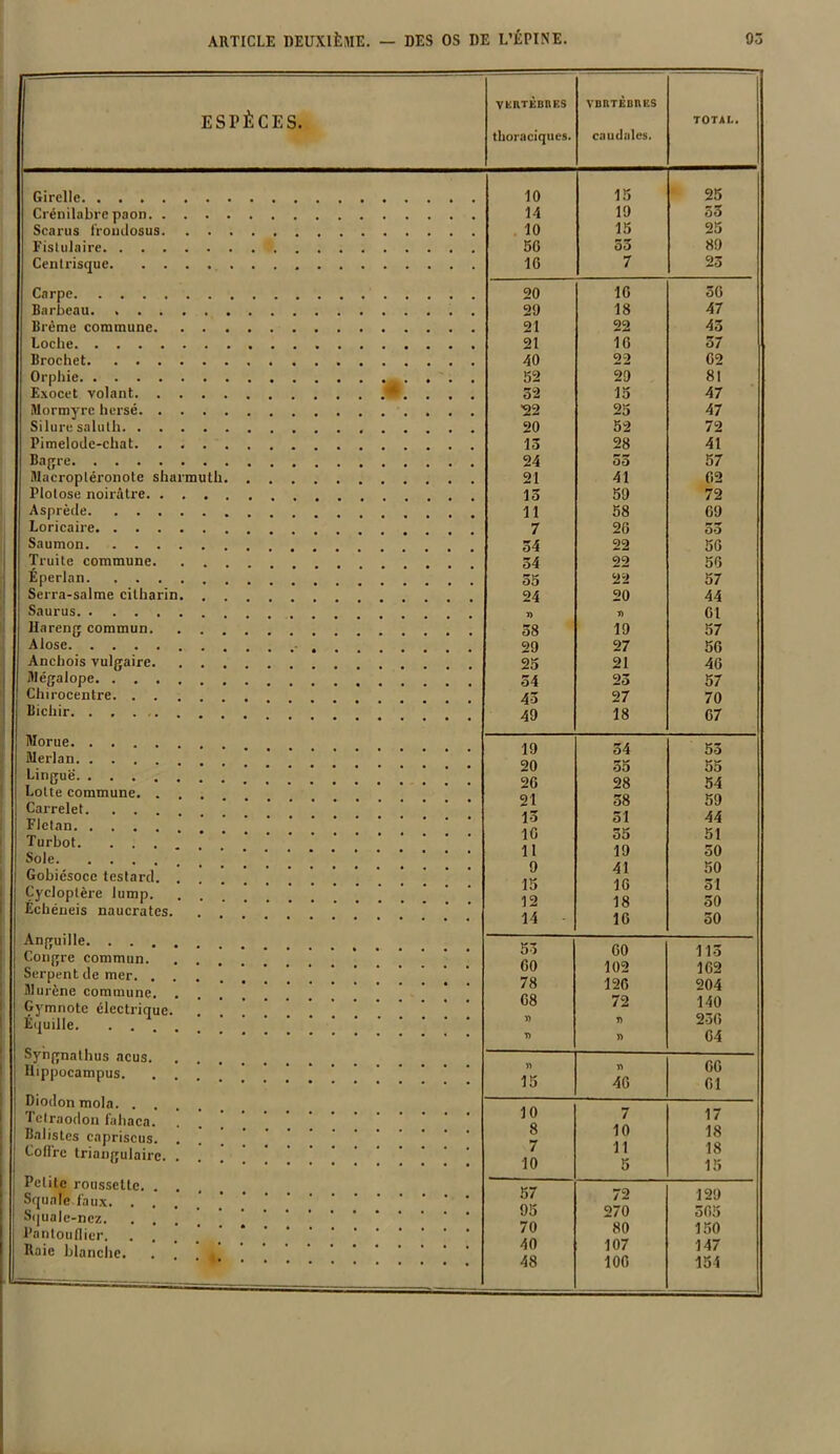 ESPÈCES. VERTEBRES thoraciques. VBRTEBnES caudales. TOTAL. 10 15 25 14 19 53 10 15 25 50 55 89 16 7 23 20 10 50 29 18 47 21 22 43 21 16 37 40 22 62 52 29 81 52 15 47 ■22 25 47 20 52 72 15 28 41 24 Où 57 21 41 02 13 59 72 11 58 09 7 26 55 54 22 56 34 22 56 55 22 57 24 20 44 » fi 01 58 19 57 29 27 56 25 21 46 54 23 57 4-3 27 70 49 18 67 19 54 55 20 55 55 26 28 54 21 58 59 13 51 44 10 55 51 11 19 50 9 41 50 15 10 51 12 18 50 14 16 50 53 60 113 60 102 162 78 126 204 68 72 140 ï) T) 230 1) î> 64 « 06 15 4G 61 10 7 17 8 10 18 7 11 18 10 5 15 57 72 129 95 270 565 70 80 150 40 107 147 48 106 154 Girelle Crénilabrc paon. . Searus frondosus. Fistulaire. . . . Centrisque. . . Carpe Barbeau Brême commune. . . . Loche Brochet Orphie Exocet volant iUormyre hersé Silure saluth Pimelode-chat. . . . Bagre iUacropléronote sharmuth. Plolose noirâtre Asprède Loricaire Saumon Truite commune. . . . Éperlan Serra-salme citharin. . . Saurus Hareng commun. . . . Alose Anchois vulgaire. . . . Itlégalope Chirocentre Bichir Morue Merlan Lingue Lotte commune. . Carrelet. . . . Flétan Turbot. . . . Sole Gobiésocc testard. Cycloplère lump. Échéneis naucrates. Anguille. . . . , Congre commun. Serpent de mer. . . Murène commune. Gymnote électrique. Equille. . . . Syngnalhus acus. Hippocampus. Diodonmola. . . Telraodon fahaca. Balistes capriscus. Coffre triangulaire. Petite roussctLc. . Squale faux. . . Squale-nez. . . Panlouflier. . . Raie blanche.