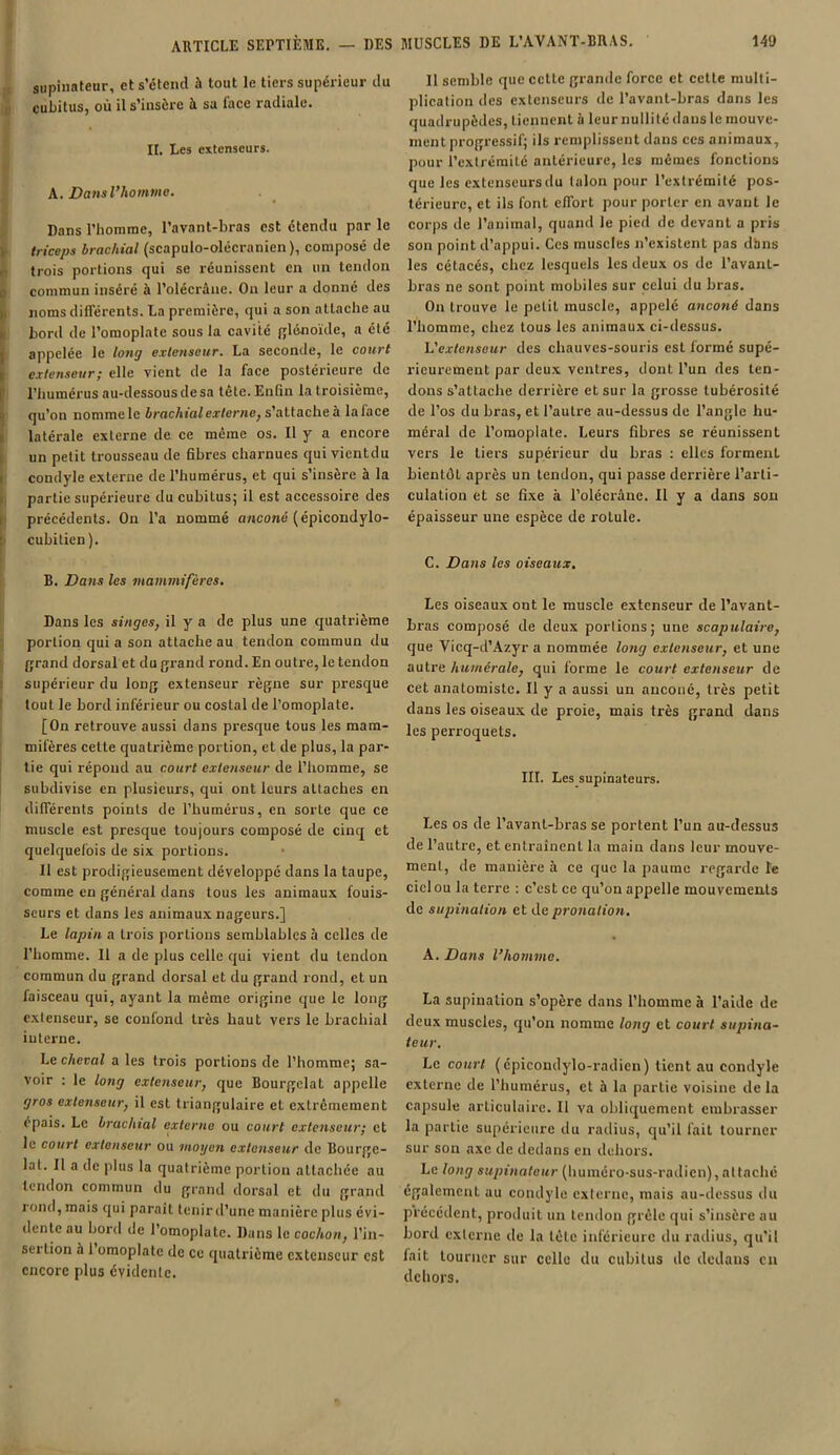 supinateur, et s’étend à tout le tiers supérieur du cubitus, où il s’insère à sa face radiale. II. Les extenseurs. A. Dans l’homme. Dans l’homme, l’avant-bras est étendu par le triceps brachial (scapulo-olécranien ), composé de trois portions qui se réunissent en un tendon commun inséré à l’olécrâne. On leur a donné des Inoms différents. La première, qui a son attache au bord de l’omoplate sous la cavité glénoïde, a été appelée le long extenseur. La seconde, le court extenseur; elle vient de la face postérieure de l’humérus au-dessous de sa tête. Enfin la troisième, qu’on nomme le brachial externe, s’attacheà laface latérale externe de ce même os. Il y a encore un petit trousseau de fibres charnues qui vientdu condyle externe de l’humérus, et qui s’insère à la partie supérieure du cubitus; il est accessoire des précédents. On l’a nommé anconé (épicondylo- cubitien). B. Dans les mammifères. Dans les singes, il y a de plus une quatrième portion qui a son attache au tendon commun du grand dorsal et du grand rond. En outre, le tendon supérieur du long extenseur règne sur presque tout le bord inférieur ou costal de l’omoplate. [On retrouve aussi dans presque tous les mam- mifères cette quatrième portion, et de plus, la par- tie qui répond au court extenseur de l’homme, se subdivise en plusieurs, qui ont leurs altaches en différents points de l’humérus, en sorte que ce muscle est presque toujours composé de cinq et quelquefois de six portions. Il est prodigieusement développé dans la taupe, comme en général dans tous les animaux fouis- seurs et dans les animaux nageurs.] Le lapin a trois portions semblables à celles de l’homme. Il a de plus celle qui vient du tendon commun du grand dorsal et du grand rond, et un faisceau qui, ayant la même origine que le long extenseur, se confond très haut vers le brachial interne. Le cheval a les trois portions de l’homme; sa- voir : le long extenseur, que Bourgelat appelle gros extenseur, il est triangulaire et extrêmement épais. Le brachial externe ou court extenseur; et le court extenseur ou moyen extenseur de Bourge- lat. Il a de plus la quatrième portion attachée au tendon commun du grand dorsal et du grand rond, mais qui parait tenir d’une manière plus évi- dente au bord de 1 omoplate. Dans le cochon, l’in- sertion 5 1 omoplate de ce quatrième extenseur est encore plus évidente. 11 semble que cette grande force et cette multi- plication des extenseurs de l’avant-bras dans les quadrupèdes, tiennent à leur nullité dans le mouve- ment progressif; ils remplissent dans ces animaux, pour l’extrémité antérieure, les mêmes fonctions que les extenseurs du talon pour l’extrémité pos- térieure, et ils font effort pour porter en avant le corps de l’animal, quand le pied de devant a pris son point d’appui. Ces muscles n’existent pas dans les cétacés, chez lesquels les deux os de l’avant- bras ne sont point mobiles sur celui du bras. On trouve le petit muscle, appelé anconé dans l’homme, chez tous les animaux ci-dessus. L'extenseur des chauves-souris est formé supé- rieurement par deux ventres, dont l’un des ten- dons s’attache derrière et sur la grosse tubérosité de l’os du bras, et l’autre au-dessus de l’angle hu- méral de l’omoplate. Leurs fibres se réunissent vers le tiers supérieur du bras : elles forment bientôt après un tendon, qui passe derrière l’arti- culation et se fixe à l’olécrâne. Il y a dans son épaisseur une espèce de rotule. C. Dans les oiseaux. Les oiseaux ont le muscle extenseur de l’avant- bras composé de deux portions; une scapulaire, que Vicq-d’Azyr a nommée long extenseur, et une autre humérale, qui forme le court extenseur de cet anatomiste. Il y a aussi un anconé, très petit dans les oiseaux de proie, mais très grand dans les perroquets. III. Les supinateurs. Les os de l’avant-bras se portent l’un au-dessus de l’autre, et entraînent la main dans leur mouve- ment, de manière à ce que la paume regarde Te ciel ou la terre : c’est ce qu’on appelle mouvements de supination et de pronalion. A. Dans l’homme. La supination s’opère dans l’homme à l’aide de deux muscles, qu’on nomme long et court supina- teur. Le court ( épicondylo-radien ) tient au condyle externe de l’humérus, et à la partie voisine de la capsule articulaire. Il va obliquement embrasser la partie supérieure du radius, qu’il fait tourner sur son axe de dedans en dehors. Le long supinateur (huméro-sus-radien),attaché également au condyle externe, mais au-dessus du précédent, produit un tendon grêle qui s’insère au bord externe de la tête inférieure du radius, qu’il fait tourner sur celle du cubitus de dedans en dehors.