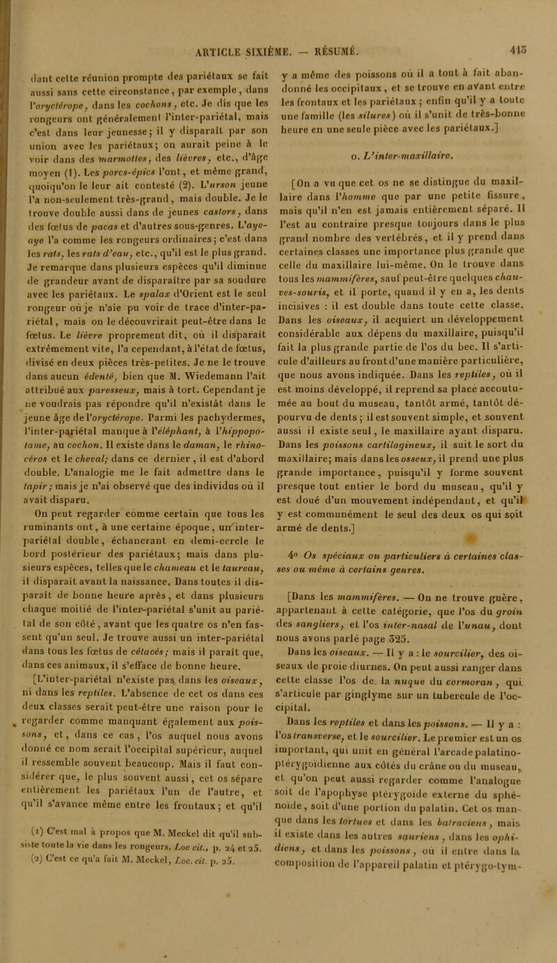 liant celte réunion prompte îles pariétaux se fait aussi sans cette circonstance, par exemple, clans l'oryclérope, dans les cochons, etc. Je dis que les rongeurs ont généralement l’inler-pariétal, mais c’est dans leur jeunesse ; il y disparaît par son union avec les pariétaux; on aurait peine à le voir dans des marmottes, des lièvres, etc., d’âge moyen (1). Les porcs-épics l’ont, et mémo grand, quoiqu’on le leur ait contesté (2). L’urso» jeune l’a non-seulement, très-grand, mais double. Je le trouve double aussi dans de jeunes castors, dans des fœtus de pacas et d’autres sous-genres. L'ayo- aye l’a comme les rongeurs ordinaires; c’est dans les rats, les rats d’eau, etc., qu’il est le plus grand. Je remarque dans plusieurs espèces qu’il diminue de grandeur avant de disparaître par sa soudure avec les pariétaux. Le spalax d’Orient est le seul rongeur où je n’aie pu voir de trace d’inter-pa- riétal, mais on le découvrirait peut-être dans le fœtus. Le lièvre proprement dit, où il disparaît extrêmement vite, l’a cependant, à l’état de fœtus, divisé en deux pièces très-petites. Je ne le trouve dans aucun édenté, bien que M. Wiedemann l’ait attribué aux paresseux, mais â tort. Cependant je ne voudrais pas répondre qu’il n’existât clans le jeune âge de Yoryctérope. Parmi les pachydermes, l’inter-pariétal manque à l’éléphant, à l'hippopo- tame, au cochon. Il existe clans le daman, le rhino- céros et le cheval; clans ce dernier , il est d’abord double. L’analogie me le fait admettre dans le tapir ; mais je n’ai observé que des individus où il avait disparu. On peut regarder comme certain que tous les ruminants ont, à une certaine époque , urr'inter- pariétal double, échancrant en demi-cercle le bord postérieur des pariétaux; mais clans plu- sieurs espèces, telles que le chameau et le taureau, il disparait avant la naissance. Dans toutes il dis- paraît de bonne heure après, et dans plusieurs chaque moitié de l’inter-pariétal s’unit au parié- tal de son côté , avant que les quatre os n’en fas- sent qu’un seul. Je trouve aussi un inter-pariétal dans tous les fœtus de cétacés; mais il parait que, dans ces animaux, il s'efface de bonne heure. [L’inter-pariétal n’existe pas dans les oiseaux, ni dans les reptiles. L’absence de cet os clans ces deux classes serait peut-être une raison pour le regarder comme manquant également aux pois- sons, et, dans ce cas, l’os auquel nous avons donné ce nom serait l’occipital supérieur, auquel il ressemble souvent beaucoup. Mais il faut con- sidérer que, le plus souvent aussi, cet os sépare entièrement les pariétaux l’un de l’autre, et qu’il s’avance même entre les frontaux; et qu’il (1) C’est mal à propos que M. Meckel dit qu’il sub- siste toute la vie dans les rongeurs. Loc cit., p. 24 et 25. (2) C’est ce qu’a fait M. Meckel, Loc. cit. p. 25. y a même des poissons où il a tout à fait aban- donné les occipitaux , et se trouve en aVant entre les frontaux et les pariétaux ; enfin qu’il y a toute une famille (les silures) où il s’unit de très-bonne heure en une seule pièce avec les pariétaux.] o. L’intar-maxillairo. [On a vu que cet os ne se distingue du maxil- laire dans l'homme que par une petite fissure, mais qu’il n’en est jamais entièrement séparé. 11 l’est au contraire presque toujours dans le plus grand nombre des vertébrés, et il y prend dans certaines classes une importance plus grande que celle du maxillaire lui-même. On le trouve dans tous les mammifères, sauf peut-être quelques chau- ves-souris, et il porte, quand il y en a, les dents incisives : il est double dans toute cette classe. Dans les oiseaux, il acquiert un développement considérable aux dépens du maxillaire, puisqu’il fait la plus grande partie de l’os du bec. Il s’arti- cule d’ailleurs au front d’une manière particulière, que nous avons indiquée. Dans les reptiles, où il est moins développé, il reprend sa place accoutu- mée au bout du museau, tantôt armé, tantôt dé- pourvu de dents ; il est souvent simple, et souvent aussi il existe seul, le maxillaire ayant disparu. Dans les poissons cartilagineux, il suit le sort du maxillaire; mais dans les osseux, il prend une plus grande importance, puisqu’il y forme souvent presque tout enLier le bord du museau, qu’il y est doué d’un mouvement indépendant, et qu’il y est communément le seul des deux os qui soit armé de dents.] 4° Os spéciaux ou particuliers à certaines clas- ses ou même à certains genres. [Dans les mammifères. — On ne trouve guère, appartenant à cette catégorie, que l’os du groin des sangliers, et l’os inter-nasal de l’unau, dont nous avons parlé page 525. Dans les oiseaux. — Il y a : le sourcilier, des oi- seaux de proie diurnes. On peut aussi ranger dans celte classe l’os de. la nuque du cormoran , qui s’arlicule par ginglyme sur un tubercule de l’oc- cipital. Dans les reptiles et dans les poissons. — Il y a : 1 os transverse, et le sourcilier. Le premier est un os important, qui unit en général l’arcade palatino- ptérygoïdienne aux côtés du crâne ou du museau, cl qu’on peut aussi regarder comme l’analogue soit de l’apophyse ptérygoidc externe du sphé- noïde, soit d’une portion du palatin. Cet os man- que dans les tortues et dans les batraciens, mais il existe dans les autres sauriens, dans les ophi- diens, et dans les poissons, où il entre dans la composition de l’appareil palatin et ptérygo-tyin-