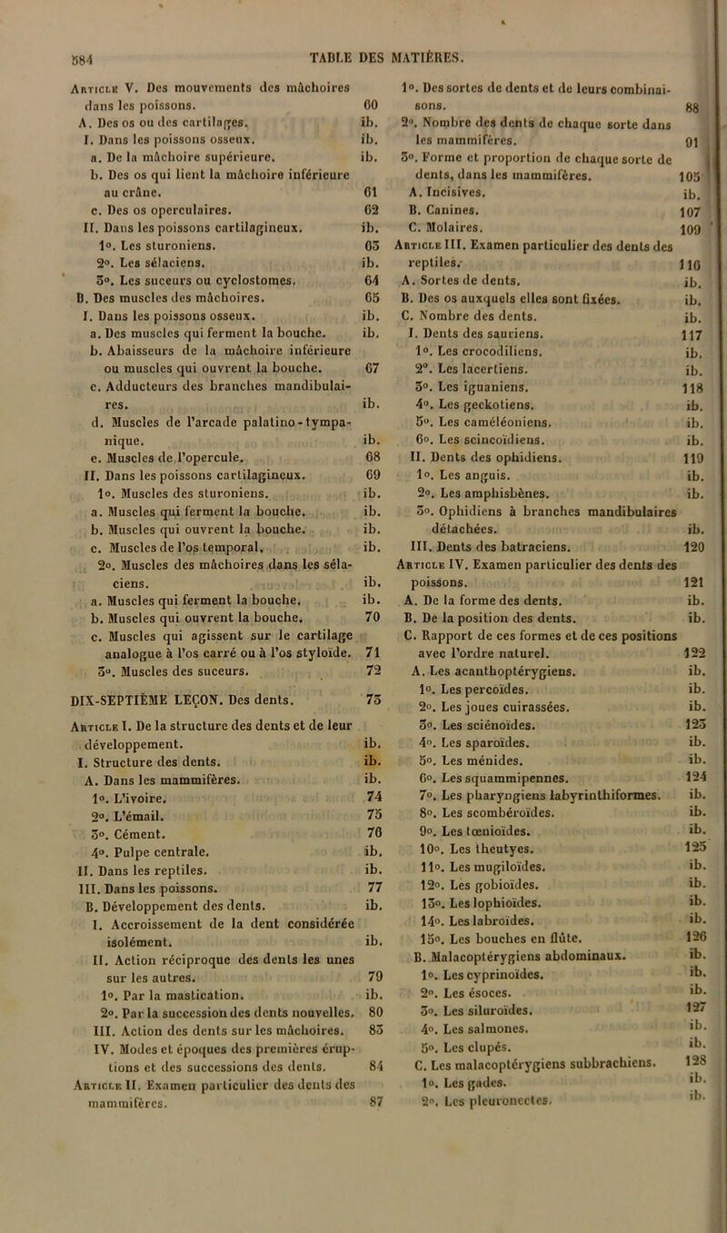 B84 table Article V. Des mouvements des m&choires dans les poissons. A. Des os ou des cartila(;es. I. Dans les poissons osseux. a. De la mûelioire supérieure. b. Des os qui lient la mâchoiro inférieure au crAne. c. Des os operculaires. II. Dans les poissons cartilagineux. 1°. Les sturoniens. 2“. Les sélaciens. 50. Les suceurs ou cyclostoraes, D. Des muscles des mâchoires. I. Dans les poissons osseux. a. Des muscles qui ferment la bouche. b. Abaisseurs de la mâchoire inférieure ou muscles qui ouvrent la bouche. c. Adducteurs des branches mandibulai- res. d. Muscles de l’arcade palatine-tympa^ nique. e. Muscles de,l’opercule. II. Dans les poissons cartilagineux. 1°. Muscles des sturoniens. a. Muscles qui ferment la bouche. b. Muscles qui ouvrent la bouche. c. Muscles de l’os temporal. 2°. Muscles des mâchoires dans les séla- ciens. • ')■ a. Muscles qui ferment la bouche. b. Muscles qui ouvrent la bouche. c. Muscles qui agissent sur le cartilage analogue à l’os carré ou à l’os styloïde. 3“. Muscles des suceurs. DIX-SEPTIÈME LEÇON. Des dents. Article I. De la structure des dents et de leur développement. I. Structure des dents. A. Dans les mammifères. 1». L’ivoire. 2°. L’émail, ô». Cément. 4®. Pulpe centrale. H. Dans les reptiles. III. Dans les poissons. B. Développement des dents. I. Accroissement de la dent considérée isolément. II. Action réciproque des dents les unes sur les autres. 1®. Par la mastication. 2®. Par la succession des dents nouvelles. III. Action des dents sur les mâchoires. IV. Modes et époques des premières érup- tions et des successions des dents. Article II. Examen particulier des dénis des mammifères. MATIÈRES. 1®. Des sortes de dents et de leurs combinai- sons. 88 2®. Nombre des dents do chaque sorte dans les mammifères. 91 3®. Forme et proportion de chaque sorte de dents, dans les mammifères. 105 A. Incisives. îb. B. Canines. 107 C. Molaires. 109 Article III. Examen particulier des dents des reptiles.- J jQ A. Sortes de dents. ib. B. Des os auxquels elles sont ûxées. ib. C. Nombre des dents. ib. I. Dents des sauriens. 117 1°. Les crocodiliens. ib. 2®. Les laeertiens. ib, 3®. Les iguaniens. 118 4®. Les geckotiens. ib. 5®. Les caméléoniens. ib. 6®. Les scincoïdiens. ib. II. Dents des ophidiens. 119 1®. Les anguis. ib. 2®. Les amphisbènes. ib. 3®. Ophidiens à branches mandibulaircs détachées. ib. III. Dents des batraciens. 120 Article IV, Examen particulier des dents des poissons. 121 A. De la forme des dents. ib. B. De la position des dents. ib. C. Rapport de ces formes et de ces positions avec l’ordre naturel. 122 A. Les acanthoptérygiens. ib. 1®. Les percoïdes, ib. 2®. Les joues cuirassées, ib. 3®. Les sciénoides. 123 4®. Les sparoïdes. ib. 5®. Les ménides, ib. C®. Les squammipennes. 124 7®. Les pharyngiens labyrinlhiformes. ib. 8®. Les scombéi'oïdes. ib. 9®, Les toeuioïdes. ü>. 10®, Les theutyes, 125 11®. Lesmugiloïdes. ib. 12®. Les gobioïdes, ib. 13®. Les lophioïdes, ib. 14®. Leslabroïdes. ib. 15®. Les bouches en flûte. 126 B. Malacoptérygiens abdominaux. ib. 1®. Les cyprinoïdes. 2. Les ésoces. 3®. Les siluroïdes. 4®. Les sal moues. 5®, Les dupés. C. Les malacoptérygiens subbrachiens. 1®. Les gades. 2®, Les picuronccles. DES 00 ib. ib. ib, 61 02 ib. 03 ib. 64 05 ib. ib, 67 ib. ib. 68 69 ib, ib. ib. ib. ib. ib. 70 71 72 73 ib, ib, ib. 74 75 76 ib. ib. 77 ib. ib. 79 ib. 80 83 84 87