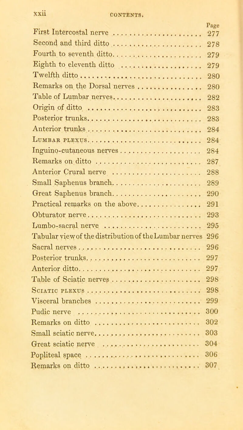 Page First Intercostal nerve 277 Second and third ditto 278 Fourth to seventh ditto 279 Eighth to eleventh ditto 279 Twelfth ditto 280 Remarks on the Dorsal nerves 280 Table of Lumbar nerves 282 Origin of ditto 283 Posterior trunks 283 Anterior trunks 284 Lumbar plexus 284 Inguino-cutaneous nerves 284 Remarks on ditto 287 Anterior Crural nerve 288 Small Saphenus branch 289 Great Saphenus branch 290 Practical remarks on the above 291 Obturator nerve 293 Lumbo-sacral nerve 295 Tabular view of the distribution of theLumbar nerves 296 Sacral nerves 296 Posterior trunks 297 Anterior ditto 297 Table of Sciatic nerves 298 Sciatic plexus 298 Visceral branches 299 Pudic nerve 300 Remarks on ditto 302 Small sciatic nerve 303 Great sciatic nerve 304 Popliteal space 306 Remarks on ditto 307