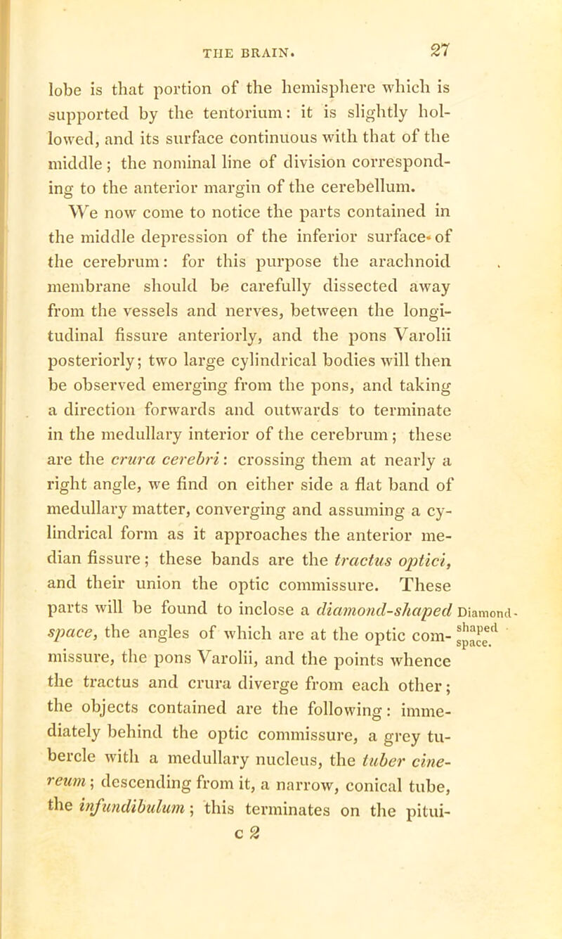 lobe is that portion of the hemisphere which is supported by the tentorium: it is slightly hol- lowed, and its surface continuous with that of the middle; the nominal line of division correspond- ing to the anterior margin of the cerebellum. We now come to notice the parts contained in the middle depression of the inferior surface* of the cerebrum: for this purpose the arachnoid membrane should be carefully dissected away from the vessels and nerves, between the longi- tudinal fissure anteriorly, and the pons Varolii posteriorly; two large cylindrical bodies will then be observed emerging from the pons, and taking a direction forwards and outwards to terminate in the medullary interior of the cerebrum ; these are the crura cerebri: crossing them at nearly a right angle, we find on either side a flat band of medullary matter, converging and assuming a cy- lindrical form as it approaches the anterior me- dian fissure; these bands are the tractus optici, and their union the optic commissure. These parts will be found to inclose a diamond-shaped Diamond- space, the angles of which are at the optic com- gj^eed missure, the pons Varolii, and the points whence the tractus and crura diverge from each other; the objects contained are the following: imme- diately behind the optic commissure, a grey tu- bercle with a medullary nucleus, the tuber cine- reum ; descending from it, a narrow, conical tube, the infundibulum; this terminates on the pitui- c 2