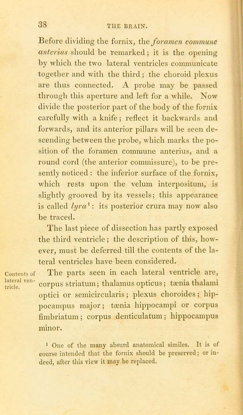 Contents of lateral ven- tricle. Before dividing the fornix, the foramen commune anterius should be remarked; it is the opening by which the two lateral ventricles communicate together and with the third; the choroid plexus are thus connected. A probe may be passed through this aperture and left for a while. Now divide the posterior part of the body of the fornix carefully with a knife; reflect it backwards and forwards, and its anterior pillars will be seen de- scending between the probe, which marks the po- sition of the foramen commune anterius, and a round cord (the anterior commissure), to be pre- sently noticed : the inferior surface of the fornix, which rests upon the velum interpositum, is slightly grooved by its vessels; this appearance is called lyra1: its posterior crura may now also be traced. The last piece of dissection has partly exposed the third ventricle; the description of this, how- ever, must be deferred till the contents of the la- teral ventricles have been considered. The parts seen in each lateral ventricle are, corpus striatum; thalamus opticus; taenia thalami optici or semicircularis; plexus choroides; hip- pocampus major; taenia hippocampi or corpus fimbriatum ; corpus denticulatum ; hippocampus minor. 1 One of the many absurd anatomical similes. It is of course intended that the fornix should be preserved; or in- deed, after this view it may be replaced.