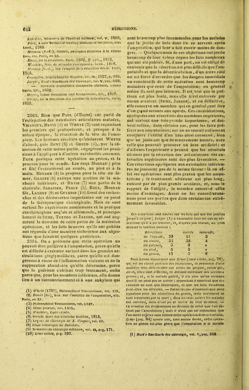 Saboter, Mémoires <!e l'Institut national,’voi. V, 1805. Parle, A new Method of Irealing diseases uf lhe joints, etc: Loml,, 1783. Moreau (P.-F.), Observ. pratiques relatives à la résec- tion, etc. Paris, au si. , Roux, ne la résection. Paris, 1802, 2° édit., 1812. W< ichter, Ejiss. de artieuhs exslirpandis. Gron., 1810. Moreau (G.-J.), Sur l’emploi tic la résection des os Paris, 1815. Cramptnn, Dublin hospital Bfcporl's, vol. Iy, 1827, p. !S5, Jaeger, Rust's Handbuch der Chirurgie, vol. V, pas. 559. — Operalio reseetionis conspcctu chronol. u.Ium- brala. Eri., 1832. Meyer, le ber Itesection und Décapitation. Erl., 1829. Gerdy, ce la résection des extrémités articulaires. Paris, 1839, * 2563. Bien que Paul (iI’Egise) eut parlé de l'extirpation des extrémités articulaires malades, VifiAîtoTJX, David (I) et YVhyte (2) sont cependant les premiers qui pratiquèrent, et presque à la même époque, la résection delà tôle de l'omo- plate. Les heureux réstillals qu’obtiurent Wiivte d’abord, puis Bext (3) et Orked (4),. par la ré- section de celte môme partie, engagèrent les prati- ciens à l’appliquer à d’autres extrémités osseuses. Bark pratiqua celle opération au genou, et la proposa pour le coude. Les deqx Moreau ( père et fils) l'exécutèrent au coude, au pied et à la main. Mulder (5) la proposa pour la tète du fé- mur. Graefe(6) extirpa une portion de la mâ- choire inférieure, et Dayie (7) une partie de la clavicule. Sabatier, Percy (3). Roux. Mou eau fils , Larrey (9) et Guturie (lu) firent des recher- ches et des découvertes importantes sur ce point de la thérapeutique chirurgicale. Mais ce sont surtout lès cxpéiiences nombreuses et la pratique des chirurgiens anglais et allemandset principa- lement deSYME, Textor et Jauger, qui ont aug- menté le domaine de cette partie de la médecine opératoire, et les faits heureux qu'ils ont publiés ont répondu d’une manière victorieuse aux objec- tions que faisaient quelques praticiens. 2564. On a prétendu que cette opération ne pouvait être préférée à l'amputation, parce qu'elle est difficile à exécuter surtout dans les grandes ar- ticula'.ions gin'gljmoïdates, parce quelle est dan- gereuse à cause de l'inflammation violente et de la suppuration abondante qu’elle détermine, parce que la guérison s’obtient trop lentement, enfin parce que, pour les membres inférieurs, elle dorme lieu à un raccourcissement et à une aukj lose qui (1) IVhyte (1769), Philosophies! Transactions, vol. LIX. (2j David (fils), Uiss. sur l’inutilité de l’amputation, etc. Taris, an XI. ‘ (3) puilosophical Transactions, vol. LXIV. (4) .Uémc journal, vol. LXIX. (5) tPachter, Coco eitato. (6) Ucrichl iiber das klinische Institut, 1815. (7) Leçons de chirurgie de A. Cooper, vol. III. (8) Eloge historique de Sabatier. (9) 5b moires de chirurgie militaire, vol. Il, pag. 171. (10) Loco eitato, p.'g. 327. sont beaucoup plus incommodes pour les malades que la jambe de bois dont ils se servent après l’amputation, qui leur a fait courir moins de dan- gers. — Quelques-unes de ces ob jections ont perdu beaucoup de leur valeur depuis les faits nombreux qui ont été publiés. Si, d'une part, on est obligé de convenir que la résection est plus difficile que l’am- putatidn et que la désarticulation , d’un autre côté on est forcé d'accorder que les dangers immédiats ou consécutifs de cette opération sont beaucoup moindres que ceux de l'amputation; en général même ils sont peu intenses.. Il est vrai que la gué- rison est plus lente, mais elle n’est entravée par aucun accident (Sysie, Jaeger), et en définitive, elle conserve un membre qui en général peut être d’tin grÿiid secours aux opérés. Ces considérations, appliquéesaux résections des membres supérieurs, ont surtout une très-grande importance, et doi- vent suffire, dans certains cas, pour les faire pré- férer aux amputations; car on ne saurait nullement comparer l’utilité d’un bras ainsi conservé , bien que ne jouissant que demouverriens bornés, avec celle que pourrait procurer un bras artificiel; et d’ailleurs l'expérience a prouvé que les résultats ob enus par la résection des articulations îles ex- trémités supérieures sont des plus favorables. — Ces résections appliquées aux extrémités inférieu- res ne jouissent pas do la même faveur: là en ef- fet ces opérations sont plus graves que les ampu- tations ; le traitement ultérieur est plus long, entravé par de plus grands accidens, et, sous le rapport de futilité, le membre conservé offre moins d’avantages. Aussi ne les conseillerons- nous pour ces parties que dans certains cas extrê- mement favorables. Ces assertions sont basées sur les faits qut ont été publiés jusqu’à ce jour ; Jaeger ( 1 ) a rassemblé tous les cas de ré- sections qu’il a pu trouver, et, d'après son travail, ou peut dresser le tableau suivant : ■Résections succès insuccès, de l’épaule, 53 51 2 du coude, 34 30 4 du poignet. 3 - 3 D du pied , 5 5 0 du genou, 13 7 6 Nous ferons remarquer que Synie (/oco citalo, pag, 7fi), qui est un chaud partisan des résections, se prononce d’uno manière très-défavorable sur celles du poignet, parce que, dit-il, elles sont d ffieiles, et doivent entraîner des accidens graves; et, si le malade guérit, il n’a plus qu’un membre dont il ne peut pas se servir : cependant il convient que ces craintes ne sont que théoriques, et que les faits viendront peut-être les détruire. — Parmi les cas d’insuccès que nous signalons pour les résections du genou, Irois seulement se sont terminées par la mon ; dans les Irois aulrt-s les malades ont survécu, mais n'ont pu se servir de leur membre. — ce résultat est évidemment au-dessous de celui que l’on ob- tient par l’amputation ; mais il n’est pas tel cependant que l’on doive rejeter sans retour celte opération dans ect article. Syme (pag. 84) ajoute que, sans aucun doute, cette opéra- tion au genou est plus grave que l’amputation si le malade (1) Rust’s Bandbueh der chirurgie, vol. V, pag. 650.