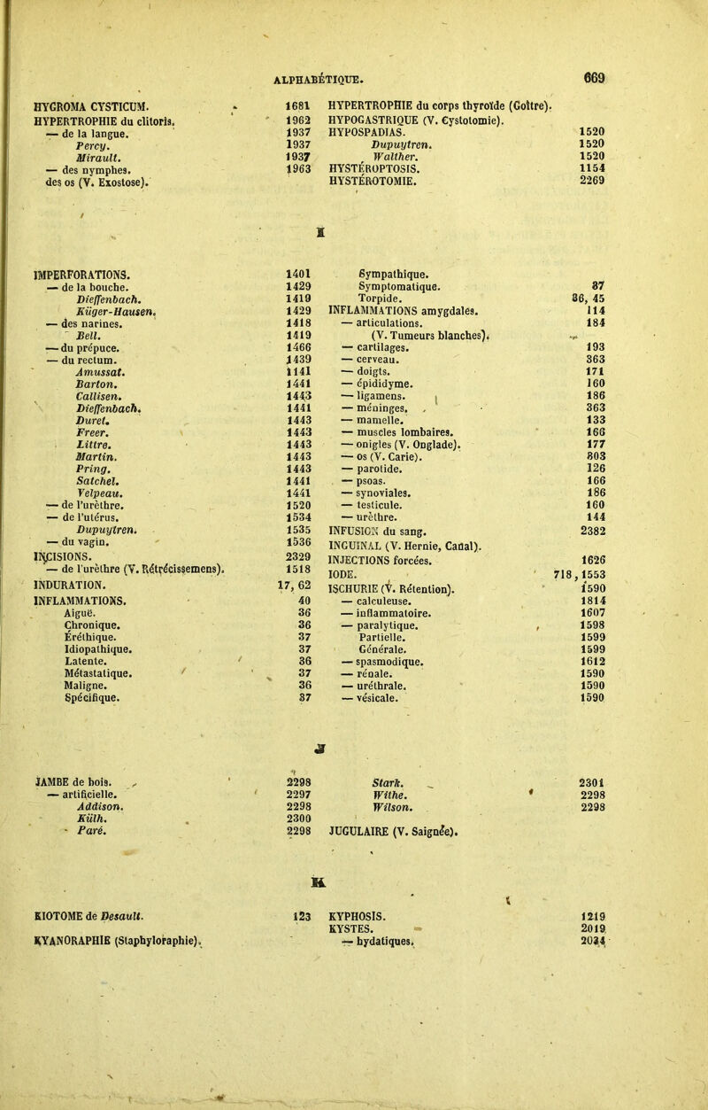 I ALPHABÉTIQUE. 669 HYGROMA CYSTICUM. ; 1681 HYPERTROPHIE du clitoris. ' 1662 — de la langue. 1937 Percy. 1937 Mirault. 1937 — des nymphes. 1963 des os (V. Exostose). ! HYPERTROPHIE du corps thyroïde (Goitre). HYPOGASTRIQUE (V. Cystotomie). HYPOSPADIAS. 1520 Dupuytrcn. 1520 Walther. 1520 HYSTÉROPTOSIS. 1154 HYSTÉROTOMIE. 2269 IMPERFORATIONS. 1401 Sympathique. — de la bouche. 1429 Symptomatique. 87 Dieffenbach. 1419 Torpide. 36, 45 Kiiger-Hausen, 1429 INFLAMMATIONS amygdales. 114 — des narines. 1418 — articulations. 184 - Bell. 1419 (V. Tumeurs blanches). *#*■ — du prépuce. 1466 — cartilages. 193 — du rectum. 1439 — cerveau. 363 Amussat. 1141 — doigts. 171 Barton. 1441 — épididyme. 160 Callisen. 14^3 — ligamens. 186 Dieffenbach. 1441 — méninges. 363 Duret. 1443 — mamelle. 133 Freer. 1443 — muscles lombaires. 166 Littré. 1443 — onigles (V. Onglade). 177 Martin. 1443 — os (V. Carie). 803 Pring. 1443 — parotide. 126 Satchel. 1441 — psoas. 166 Velpeau. 1441 — synoviales. 186 ■— de l’urèlhre. 1520 — testicule. 160 — de l’utérus. 1534 — urèthre. 144 Dupuytren. 1535 INFUSION du sang. 2382 — du vagin. 1536 INGUINAL (V. Hernie, Canal), INCISIONS. 2329 INJECTIONS forcées. 1626 — de l’urethre (\. Rétçécissemens). 1518 IODE. 718,1553 INDURATION. 17, 62 ISCHUR1E (V. Rétention). 1590 INFLAMMATIONS. 40 — calculeuse. 1814 Aigue. 36 — inflammatoire. 1607 Chronique. 36 — paralytique. , 1598 Érélhique. 37 Partielle. 1599 Idiopathique. 37 Générale. 1599 Latente. / 36 — spasmodique. 1612 Métastatique. / « > 37 — rénale. 1590 Maligne. 36 — uréthrale. 1590 Spécifique. 37 — vésicale. 1590 3 •i JAMBE de bois. ‘ 2298 Stark. 2301 — artificielle. • 2297 Wilhe. 1 2298 Addison. 2298 Wilson. 2298 Külh. 2300 - Paré. 2298 JUGULAIRE (V. Saignée). KIOTOME de Desault. KYANORAPHIE (Stapbyloraphie), E 1 123 KYPHOSIS. 1219 KYSTES. 2019 — hydatiques. 2034 r - i*