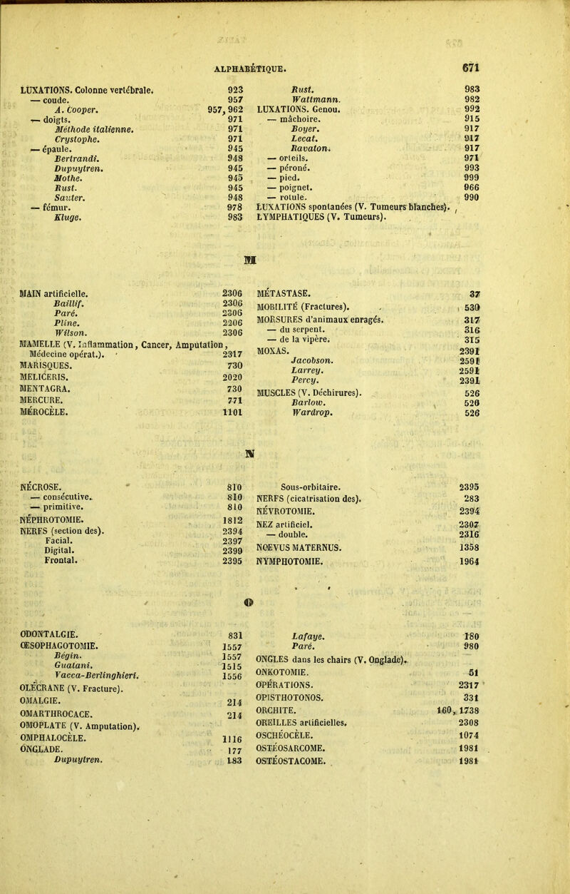 LUXATIONS. Colonne vertébrale. 923 — coude. 957 À.Cooper. 957,962 i— doigts. 971 Méthode italienne. 971 Crystophe. 971 — épaule. 945 Bertrandi. 948 Dupuytren. 945 Mothe. 945 Rust. 945 Sauter. 9 48 — fémur. 978 Eluge. 983 Rust. 983 Wattmann. 982 LUXATIONS. Genou. 992 — mâchoire. 915 Boyer. 917 Lecat. 917 Ravaton. 917 — orteils. 971 — péroné. 993 — pied. 999 — poignet. 966 — rotule. 990 LUXATIONS spontanées (V. Tumeurs blanches). LYMPHATIQUES (V. Tumeurs). SK MAIN artificielle. 2306 Baillif. 2306 Paré. 2306 Pline. 2206 Wilson. 2306 MAMELLE (V. Inflammation, Cancer, Amputation, Médecine opérât.). * 2317 MAR1SQUES. 730 MELICERIS. 2020 MENTAGRA. 730 MERCURE. 771 MÉROCÈLE. 1101 MÉTASTASE. 37 MOBILITÉ (Fractures). 530 MORSURES d’animaux enragés. 317 — du serpent. 316 — de la vipère. 315 MOXAS. 2391 Jacobson. 2591 Larrey. 2591 Percy. 2391 MUSCLES (V. Déchirures). 526 Barlow. 520 Wardrop. 526 HT NECROSE. — consécutive. — primitive. 810 810 810 NEPHROTOMIE. NERFS (section des). Facial. Digital. Frontal. 1812 2394 2397 2399 2395 ODONTALGIE. 831 ŒSOPHAGOTOMIE. 1557 Bégin. 1557 Gualani, 1515 Vacca-Berlinghieri. 1556 OLÉCRANE (V. Fracture). OMALGIE. 214 OMARTI1ROCACE. 214 OMOPLATE (V. Amputation). OMPHALOCÈLE. 1116 ÔNGLADE. 177 Dupuytren. 183 Sous-orbitaire. 2395 NERFS (cicatrisation des). 283 NÉVROTOMIE. 2394 NEZ artificiel. 2307 — double. 2316 NOEVUS MATERNUS. 1358 NYMPHOTOMIE. • t 1964 Lafaye. 180 Paré. 980 ONGLES dans les chairs (V. Onglade). ONKOTOMIE. 51 OPÉRATIONS. 2317 OPISTHOTONOS. 331 ORCHITE. 160 „ 1738 OREILLES artificielles. 2308 OSCHÉOCÈLE. 1074 OSTÉOSARCOME. 1981 OSTÉOSTACOME. 1981