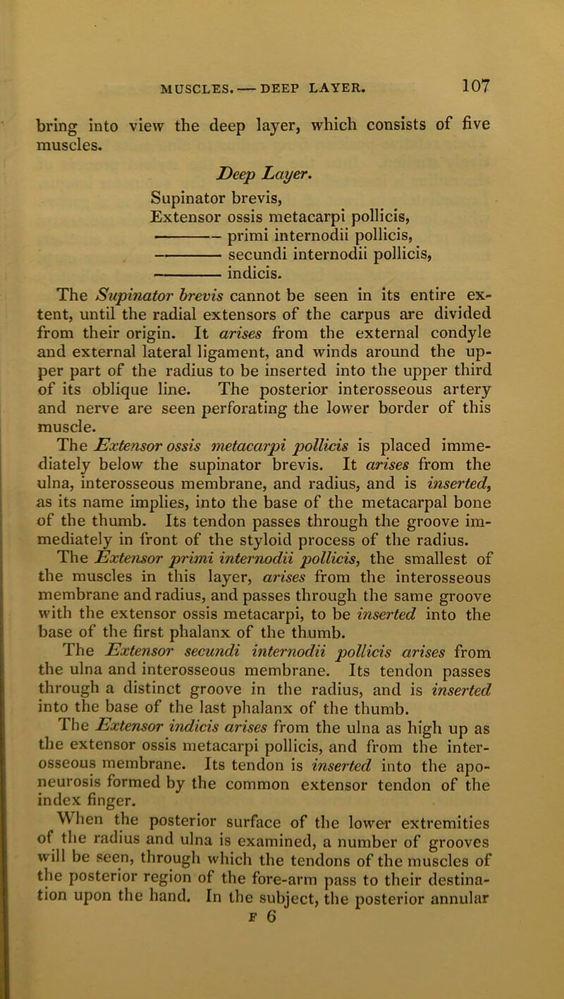 MUSCLES. bring into view the deep layer, which consists of five muscles. Deep Layer. Supinator brevis, Extensor ossis metacarpi pollicis, • primi internodii pollicis, secundi internodii pollicis, indicis. The Supinator brevis cannot be seen in its entire ex- tent, until the radial extensors of the carpus are divided from their origin. It arises from the external condyle and external lateral ligament, and winds around the up- per part of the radius to be inserted into the upper third of its oblique line. The posterior interosseous artery and nerve are seen perforating the lower border of this muscle. The Extensor ossis metacarpi pollicis is placed imme- diately below the supinator brevis. It arises from the ulna, interosseous membrane, and radius, and is inserted, as its name implies, into the base of the metacarpal bone of the thumb. Its tendon passes through the groove im- mediately in front of the styloid process of the radius. The Extensor primi internodii pollicis, the smallest of the muscles in this layer, arises from the interosseous membrane and radius, and passes through the same groove with the extensor ossis metacarpi, to be inserted into the base of the first phalanx of the thumb. The Extensor secundi internodii pollicis arises from the ulna and interosseous membrane. Its tendon passes through a distinct groove in the radius, and is inserted into the base of the last phalanx of the thumb. The Extensor indicis arises from the ulna as high up as the extensor ossis metacarpi pollicis, and from the inter- osseous membrane. Its tendon is inserted into the apo- neurosis formed by the common extensor tendon of the index finger. When the posterior surface of the lower extremities of the radius and ulna is examined, a number of grooves will be seen, through which the tendons of the muscles of the posterior region of the fore-arm pass to their destina- tion upon the hand. In the subject, the posterior annular
