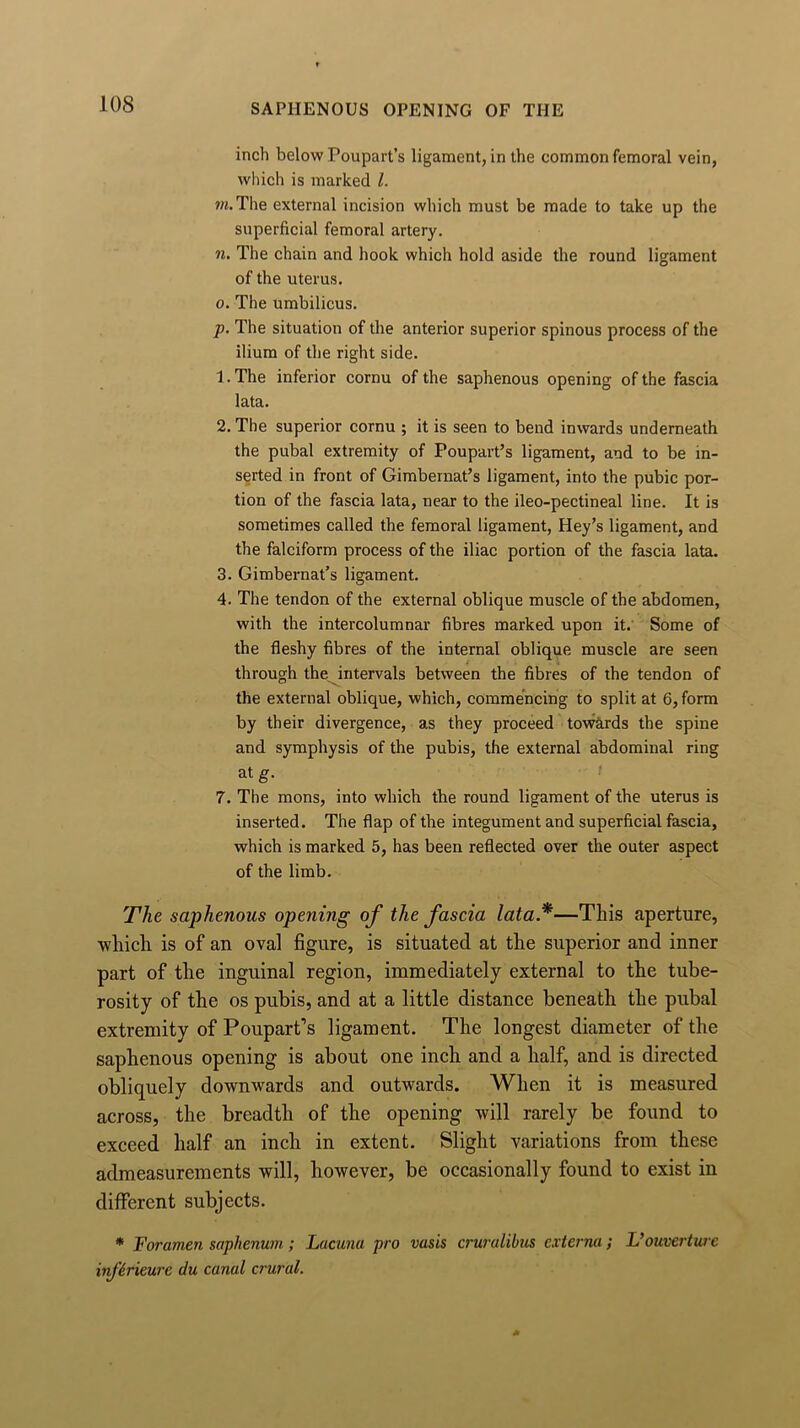 SAPHENOUS OPENING OF THE inch below Poupart’s ligament, in the common femoral vein, which is marked l. «J.The external incision which must be made to take up the superficial femoral artery. n. The chain and hook which hold aside the round ligament of the uterus. o. The umbilicus. p. The situation of the anterior superior spinous process of the ilium of the right side. 1. The inferior cornu of the saphenous opening of the fascia lata. 2. The superior cornu ; it is seen to bend inwards underneath the pubal extremity of Poupart’s ligament, and to be in- serted in front of Gimbernat’s ligament, into the pubic por- tion of the fascia lata, near to the ileo-pectineal line. It is sometimes called the femoral ligament, Hey’s ligament, and the falciform process of the iliac portion of the fascia lata. 3. Gimbernat’s ligament. 4. The tendon of the external oblique muscle of the abdomen, with the intercolumnar fibres marked upon it. Some of the fleshy fibres of the internal oblique muscle are seen through the intervals between the fibres of the tendon of the external oblique, which, commencing to split at 6, form by their divergence, as they proceed towards the spine and symphysis of the pubis, the external abdominal ring atg. 7. The mons, into which the round ligament of the uterus is inserted. The flap of the integument and superficial fascia, which is marked 5, has been reflected over the outer aspect of the limb. The saphenous opening of the fascia lata *—This aperture, which is of an oval figure, is situated at the superior and inner part of the inguinal region, immediately external to the tube- rosity of the os pubis, and at a little distance beneath the pubal extremity of Poupart’s ligament. The longest diameter of the saphenous opening is about one inch and a half, and is directed obliquely downwards and outwards. When it is measured across, the breadth of the opening will rarely be found to exceed half an inch in extent. Slight variations from these admeasurements will, however, be occasionally found to exist in different subjects. * Foramen saphenum; Lacuna pro vasis cruralibus externa; L’ouverture infSrieure du canal crural.