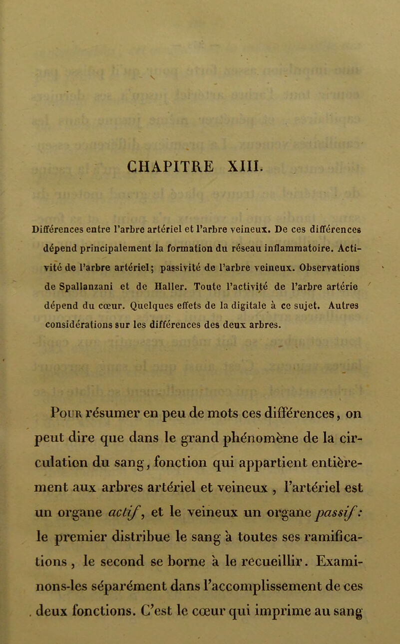 CHAPITRE XIII. Différences entre l'arbre artériel et l’arbre veineux. De ces différences dépend principalement la formation du réseau inflammatoire. Acti- vité de l’arbre artériel; passivité de l’arbre veineux. Observations de Spallanzani et de Haller. Toute l’activité de l’arbre artérie dépend du cœur. Quelques effets de la digitale à ce sujet. Autres considérations sur les différences des deux arbres. Pour résumer en peu de mots ces différences, on peut dire que dans le grand phénomène de la cir- culation du sang , fonction qui appartient entière- ment aux arbres artériel et veineux , l’artériel est un organe actif, et le veineux un organe passif: le premier distribue le sang a toutes ses ramifica- tions , le second se borne a le recueillir. Exami- nons-les séparément dans l’accomplissement de ces . deux fonctions. C’est le cœur qui imprime au sang