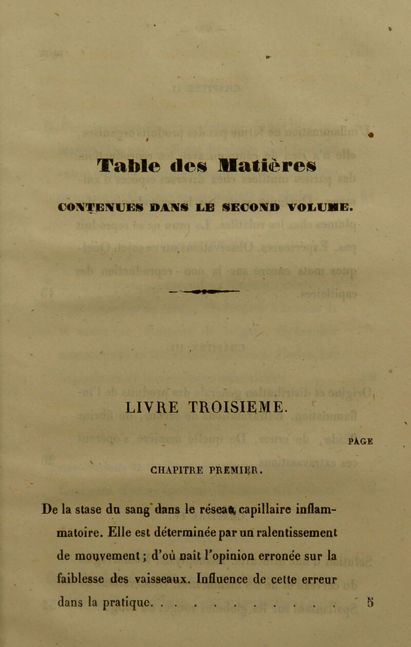 Table des Matières CONTENUES» DANS LE SECOND VOLUME. LIVRE TROISIEME. PAGE CHAPITRE PREMIER. De la stase da sang'dans le réseatt, capillaire inflam- matoire. Elle est déterminée par un ralentissement de mouvement ; d’où naît l’opinion erronée sur la faiblesse des vaisseaux. Influence de cette erreur dans la pratique 5