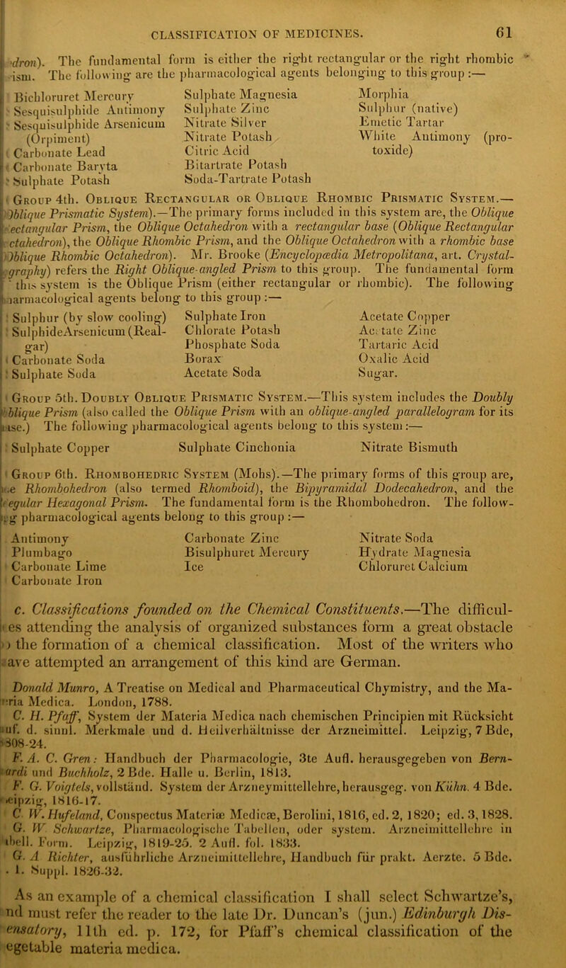 'dron). The fundamental form is either the right rectangular or the right rhombic •ism. The following are the pharmacological agents belonging to this group :— Sulphate Magnesia Sulphate Zinc Nitrate Silver Nitrate Potash Citric Acid Bitartrate Potash Soda-Tartrate Potash Morphia Sulphur (native) Emetic Tartar White Antimony toxide) (pro- Bichloruret Mercury - Sesquisulphide Antimony - Sesquisulphide Arsenicum (Orpiment) t Carbonate Lead ■ Carbonate Baryta Sulphate Potash Group 4th. Oblique Rectangular or Oblique Rhombic Prismatic System.— Oblique Prismatic System).—The primary forms included in this system are, the Oblique Rectangular Prism, the Oblique Octahedron with a rectangular base {Oblique Rectangular : ctahedron), the Oblique Rhombic Prism, and the Oblique Octahedron with a rhombic base Oblique Rhombic Octahedron). Mr. Brooke (Encyclopedia Metropolitana, art. Crystal- grapliy) refers the Right Oblique-angled Prism to this group. The fundamental form ' this system is the Oblique Prism (either rectangular or rhombic). The following jarmacological agents belong to this group :— Sulphur (by slow cooling) Sulphate Iron Acetate Copper SulphideArsenicum(Real- Chlorate Potash Ac; tate Zinc gar) Phosphate Soda Tartaric Acid > Carbonate Soda Borax Oxalic Acid ' Sulphate Soda Acetate Soda Sugar. i Group 5th. Doubly Oblique Prismatic System.—This system includes the Doubly blique Prism (also called the Oblique Prism with an oblique-angled parallelogram for its uise.) The following pharmacological agents belong to this system:— Sulphate Copper Sulphate Cincbonia Nitrate Bismuth Group 6th. Rhombohedric System (Mohs).—The primary forms of this group are, me Rhombohedron (also termed Rhomboid), the Bipyramidal Dodecahedron, and the • egular Hexagonal Prism. The fundamental form is the Rhombohedron. The follow- ing pharmacological agents belong to this group :— Antimony Carbonate Zinc Nitrate Soda Plumbago Bisulpburet Mercury Hydrate Magnesia Carbonate Lime Ice Chloruret Calcium Carbonate Iron c. Classifications founded on the Chemical Constituents.—The diflicnl- i es attending the analysis of organized substances form a great obstacle > the formation of a chemical classification. Most of the writers who ; ave attempted an arrangement of this kind are German. Donald Munro, A Treatise on Medical and Pharmaceutical Chymistry, and the Ma- eria Medica. London, 1788. C. H. Pfaff, System der Materia Mcdica nach chemischen Principien mit Riicksicht iiuf. d. sinnl. Merkmale uud d. Deilverhaituisse der Arzncimittel. Leipzig, 7 Bde, '308-24. F. A. C. Gren: Handbuch der Pharmacologie, 3te Aufl. herausgegeben von Bern- urdi und Buchholz, 2 Bde. Halle u. Berlin, 1813. F. G. Voigtels, vollstand. System der Arzneymittellehre, herausgeg. von Kuhn. 4 Bde. >.eipzig, 1816-17. C \V. Hufeland, Conspectus Materia: Mediae, Berolini, 1816, cd. 2, 1820; ed. 3,1828. G. W Schwartze, Pharmacologisohe Tabellen, oder system. Arzneimittellehre in ibell. Form. Leipzig, 1819-25. 2 Aufl. fol. 1833. G. A Richter, ausluhrliche Arzneimittellehre, Handbuch fur prakt. Aerzte. 5 Bde. • 1. Suppl. 1826-32. As an example of a chemical classification I shall select Schwartze’s, nil must refer the reader to the late Dr. Duncan’s (jun.) Edinburgh Dis- ensatory, 11th ed. p. 172, for Pfaff’s chemical classification of the egetable materia medica.