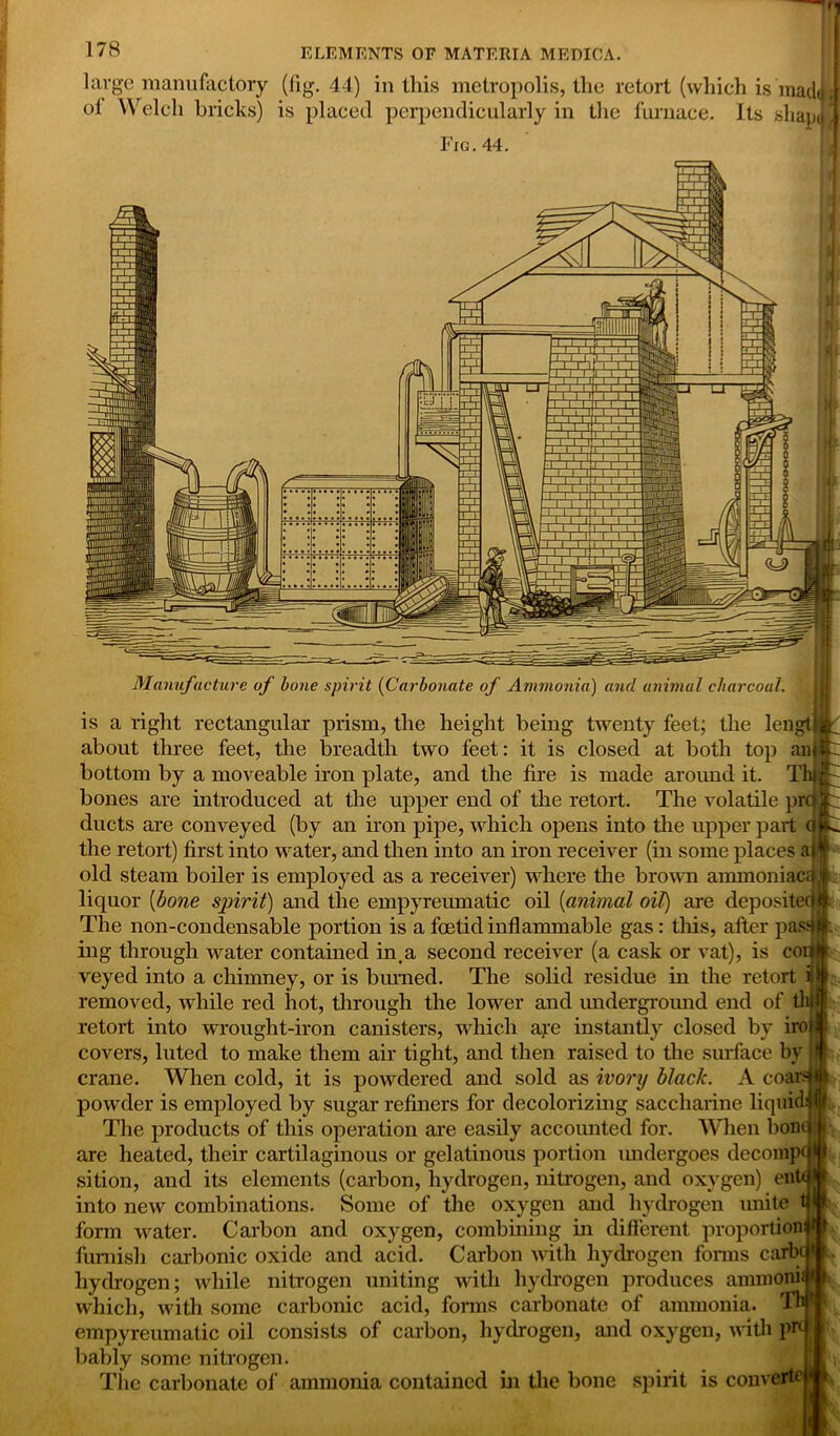 large manufactory (fig. 44) in this metropolis, the retort (which is mad< ot Welch bricks) is placed perpendicularly in the furnace. Its sliapt Fig. 44. Manufacture of bone spirit (Carbonate of Ammonia) and animal charcoal is a right rectangular prism, the height being twenty feet; the lengf about three feet, the breadth two feet: it is closed at both top am bottom by a moveable iron plate, and the fire is made around it. T bones are introduced at the upper end of the retort. The volatile pro ducts are conveyed (by an iron pipe, which opens into the upper part a the retort) first into water, and then into an iron receiver (in some places a| old steam boiler is employed as a receiver) where the brown anmioniac.il liquor (bone spirit) and the empyreumatic oil (animal oil) are deposited $ The non-condensable portion is a foetid inflammable gas : tills, after pas; ing through water contained inta second receiver (a cask or vat), is coi veyed into a chimney, or is burned. The solid residue in the retort removed, while red hot, through the lower and underground end of tin retort into wrought-iron canisters, which are instantly closed by iro covers, luted to make them air tight, and then raised to the surface by crane. When cold, it is powdered and sold as ivory black. A coar- powder is employed by sugar refiners for decolorizing saccharine liquid The products of this operation are easily accounted for. When bom} are heated, their cartilaginous or gelatinous portion imdergoes decompej sition, and its elements (carbon, hydrogen, nitrogen, and oxygen) en' into new combinations. Some of the oxygen and hydrogen unite form water. Carbon and oxygen, combining in different proportion# furnish carbonic oxide and acid. Carbon with hydrogen forms carb<J hydrogen; while nitrogen uniting with hydrogen produces ammonia’ which, with some carbonic acid, forms carbonate of ammonia, empyreumatic oil consists of carbon, hydrogen, and oxygen, with prej bably some nitrogen. The carbonate of ammonia contained in the bone spirit is conve: