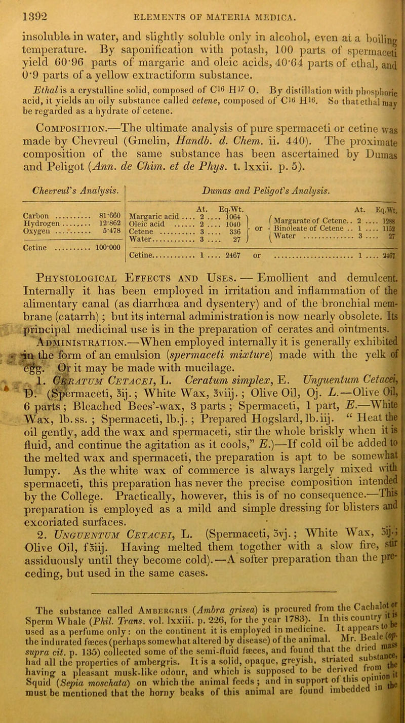 insoluble, in water, and slightly soluble only in alcohol, even at a boiling temperature. By saponification with potash, 100 parts of spermaceti yield GO’96 parts of margaric and oleic acids, 40’64 parts of ethal, and O’O parts of a yellow extractiform substance. Ethal is a crystalline solid, composed of CR> H17 O. By distillation with phosphoric acid, it yields an oily substance called cetene, composed of Cit* H1^. So thatethal may be regarded as a hydrate of cetene. Composition.—The ultimate analysis of pure spermaceti or cetine was made by Chevreul (Gmelin, Handb. d. Chem. ii. 440). The proximate composition of the same substance has been ascertained by Dumas and Peligot (Ann. de Chim. et de Phys. t. lxxii. p. 5). Chevreul's Analysis. Dumas and Peligot's Analysis. Carbon 81’660 Hydrogen 12-862 Oxygen ....' 5-478 At. Eq.Wt. Margaric acid .... 2 1064 ' Oleic acid 2 1040 Cetene 3 .... 336 or At. Eq.Wt. Margarateof Cetene.. 2 .... 1288 Binoleate of Cetene .. 1 1152 Water 3 27 Cetine 1 2467 or 1 .... 2467 Physiological Effects and Uses. — Emollient and demulcent. Internally it has been employed in irritation and inflammation of the i alimentary canal (as diarrhoea and dysentery) and of the bronchial mem- brane (catarrh); but its internal administration is now nearly obsolete. Its i principal medicinal use is in the preparation of cerates and ointments. Administration.—When employed internally it is generally exhibited ■in the form of an emulsion (.spermaceti mixture) made with the yelk of ' d$g. Or it may be made with mucilage. 1. Cbjiatum Cetacei, L. Ceratum simplex, E. Unguentum Cetacei, T). (Spermaceti, Sij.; White Wax, sviij. ; Olive Oil, Oj. L.—Olive Oil, 6 parts; Bleached Bees’-wax, 3 parts ; Spermaceti, 1 part, E.—White Wax, lb.ss. ; Spermaceti, lb.j.; Prepared Hogslard, lb.iij. “ Heat the oil gently, add the wax and spermaceti, stir the whole briskly when it is fluid, and continue the agitation as it cools,” E.)—If cold oil be added to the melted wax and spermaceti, the preparation is apt to be somewhat lumpy. As the white wax of commerce is always largely mixed with spermaceti, this preparation has never the precise composition intended by the College. Practically, however, this is of no consequence.—Thi|, preparation is employed as a mild and simple dressing for blisters and excoriated surfaces. 2. Unguentum Cetacei, L. (Spermaceti, 5vj.; White Wax, 5ij;;| Olive Oil, fsiij. Having melted them together with a slow fire, stipi assiduously until they become cold).—A softer preparation than the pre-, ceding, but used in the same cases. The substance called Ambergris (Ambra grisea) is procured from the Cachalot* Sperm Whale (Phil. Trans, vol. lxxiii. p. 226, for the year 1783). In this country k used as a perfume only: on the continent it is employed in medicine. It appear-' the indurated faeces (perhaps somewhat altered by disease) of the animal. Mr. Bea supra cit. p. 135) collected some of the semi-fluid faeces, and found that the driec had all the properties of ambergris. It is a solid, opaque, greyish, striated su s ^ having a pleasant musk-like odour, and which is supposed to be dented ro Squid (Sepia moschata) on which the animal feeds ; and in support of this opin must be mentioned that the horny beaks of this animal are found imbedded