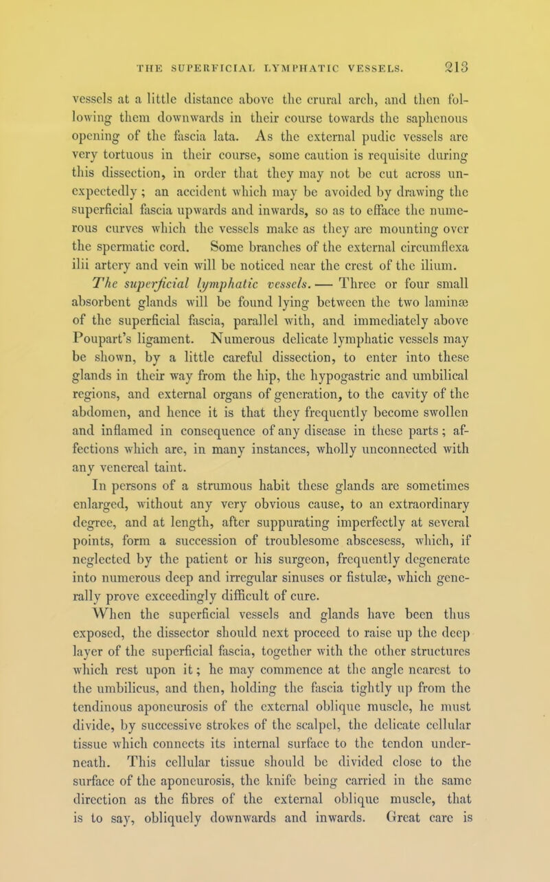 vessels at a little distance above tlic crural arch, and then fol- lowing them downwards in their course towards the saphenous opening of the fascia lata. As the external pudic vessels arc very tortuous in their course, some caution is requisite during this dissection, in order that they may not be cut across un- expectedly ; an accident which may be avoided by drawing the superficial fascia upwards and inwards, so as to efface the nume- rous curves which the vessels make as they arc mounting over the spermatic cord. Some branches of the external circumflexa ilii artery and vein will be noticed near the crest of the ilium. The superjictal li/mphatic vessels. — Three or four small absorbent glands will be found lying between the two laminas of the superficial fascia, parallel with, and immediately above Poupart’s ligament. Numerous delicate lymphatic vessels may be shown, by a little careful dissection, to enter into these glands in their way from the hip, the hypogastric and umbilical regions, and external organs of generation, to the cavity of the abdomen, and hence it is that they frequently become swollen and inflamed in consequence of any disease in these parts; af- fections which are, in many instances, wholly unconnected with any venereal taint. In persons of a strumous habit these glands arc sometimes enlarged, without any very obvious cause, to an extraordinary degree, and at length, after suppurating imperfectly at several points, form a succession of troublesome abscesess, which, if neglected by the patient or his surgeon, frequently degenerate into numerous deep and irregular sinuses or fistulse, which gene- rally prove exceedingly difficult of cure. When the superficial vessels and glands have been thus exposed, the dissector should next proceed to raise up the deep layer of the superficial fascia, together with the other structures which rest upon it; he may commence at the angle nearest to the umbilicus, and then, holding the fascia tightly up from the tendinous aponeurosis of the external oblique muscle, he must divide, by successive strokes of the scalpel, the delicate cellular tissue which connects its internal surface to the tendon under- neath. This cellular tissue should be divided close to the surface of the aponeurosis, the knife being carried in the same direction as the fibres of the external oblique muscle, that is to say, obliquely downwards and inwards. Great care is