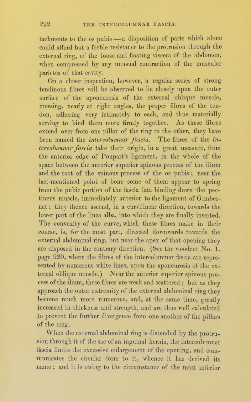 tachments to the os pubis—a disposition of parts which alone could afford but a feeble resistance to the protrusion through the external ring, of the loose and floating viscera of the abdomen, when compressed by any unusual contraction of the muscular parietes of that cavity. On a closer inspection, however, a regular series of strong tendinous fibres will be observed to lie closely upon the outer surface of the aponeurosis of the external oblique muscle, crossing, nearly at right angles, the proper fibres of the ten- don, adhering very intimately to each, and thus materially serving to bind them more firmly together. As these fibres extend over from one pillar of the ring to the other, they have been named the intercolumnar fascia. The fibres of the in- tercolumnar fascia take their origin, in a great measure, from the anterior edge of Poupart’s ligament, in the whole of the space between the anterior superior spinous process of the ilium and the root of the spinous process of the os pubis ; near the last-mentioned point of bone some of them appear to spring from the pubic portion of the fascia lata binding down the pec- tineus muscle, immediately anterior to the ligament of Gimber- nat; they thence ascend, in a curvilinear direction, tow^ards the lower part of the linea alba, into which they are finally inserted. The convexity of the curve, Avhich these fibres make in their course, is, for the most part, directed downwards towards the external abdominal ring, but near the apex of that o|3ening they are disposed in the contrary direction. (See the woodcut No. 1. page 220, where the fibres of the intercolumnar fascia arc repre- sented by numerous white lines, upon the aponeurosis of the ex- ternal oblique muscle.) Near the anterior superior spinous pro- cess of the ilium, these fibres are weak and scattered ; but as they approach the outer extremity of the external abdominal ring they become much more numerous, and, at the same time, greatly increased in thickness and strength, and arc thus well calculated to prevent the further divergence from one another of the pillars of the ring. When the external abdominal ring is distended by the protru- sion through it of the sac of an inguinal hernia, the intercolumnar fascia limits the excessive enlargement of the opening, and com- municates the circular form to it, whence it has derived its name; and it is owing to the circumstance of the most inferior