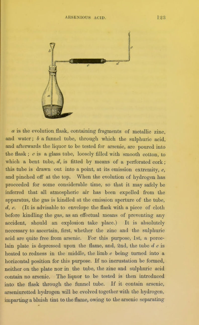 a is the evolution flask, containing fragments of metallic zinc, and water; b a funnel tube, through which the sulphuric acid, and afterwards the liquor to be tested for arsenic, are poured into the flask ; c is a glass tube, loosely filled with smooth cotton, to which a bent tube, d, is fitted by means of a perforated cork; this tube is drawn out into a point, at its emission extremity, e, and pinched off at the top. When the evolution of hydrogen has proceeded for some considerable time, so that it may safely be inferred that all atmospheric air has been expelled from the apparatus, the gas is kindled at the emission aperture of the tube, d, e. (It is advisable to envelope the flask with a piece of cloth before kindling the gas, as an effectual means of preventing any accident, should an explosion take place.) It is absolutely necessary to ascertain, first, whether the zinc and the sulphuric acid are quite free from arsenic. For this purpose, 1st, a porce- lain plate is depressed upon the flame, and, 2nd, the tube d e is heated to redness in the middle, the limb e being turned into a horizontal position for this purpose. If no incrustation be formed, neither on the plate nor in the tube, the zinc and sulphuric acid contain no arsenic. The liquor to be tested is then introduced into the flask through the funnel tube. If it contain arsenic, arseniuretted hydrogen will be evolved together with the hydrogen, imparting a bluish tint to the flame, owing to the arsenic separating