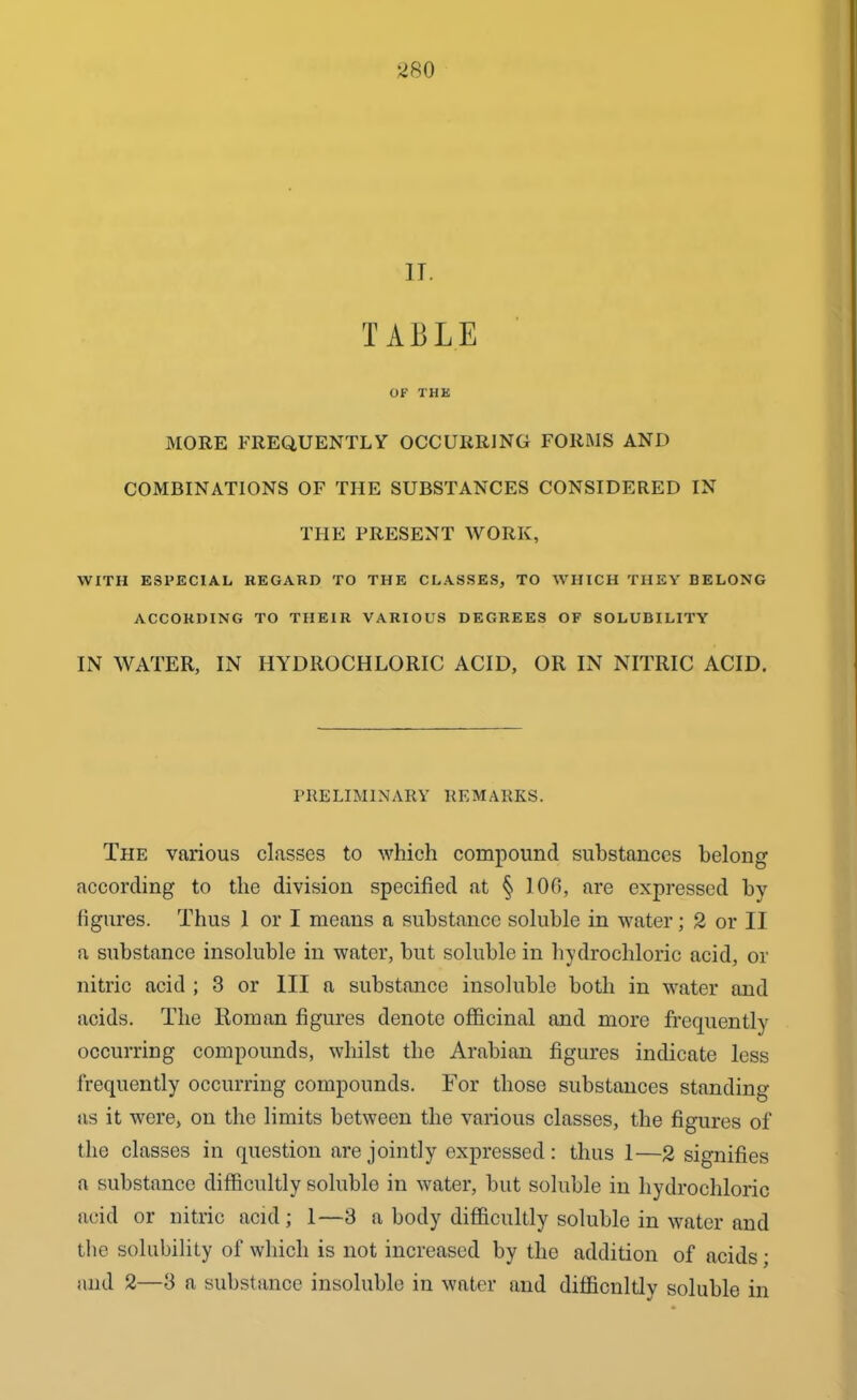 IT. TABLE OF THE MORE FREQUENTLY OCCURRING FORMS AND COMBINATIONS OF THE SUBSTANCES CONSIDERED IN THE PRESENT WORK, WITH ESPECIAL REGARD TO THE CLASSES, TO WHICH THEY DELONG ACCORDING TO THEIR VARIOUS DEGREES OF SOLUBILITY IN WATER, IN HYDROCHLORIC ACID, OR IN NITRIC ACID. PRELIMINARY REMARKS. The various classes to which compound substances belong according to the division specified at § JOG, are expressed by figures. Thus I or I means a substance soluble in water; 2 or II a substance insoluble in water, but soluble in hydrochloric acid, or nitric acid ; 3 or III a substance insoluble both in water and acids. The Homan figures denote officinal and more frequently occurring compounds, whilst the Arabian figures indicate less frequently occurring compounds. For those substances standing as it were, on the limits between the various classes, the figures of the classes in question are jointly expressed: thus 1—2 signifies a substance difficultly soluble in water, but soluble in hydrochloric acid or nitric acid; 1—3 a body difficultly soluble in water and the solubility of which is not increased by the addition of acids • and 2—3 a substance insoluble in water and difficultly soluble in