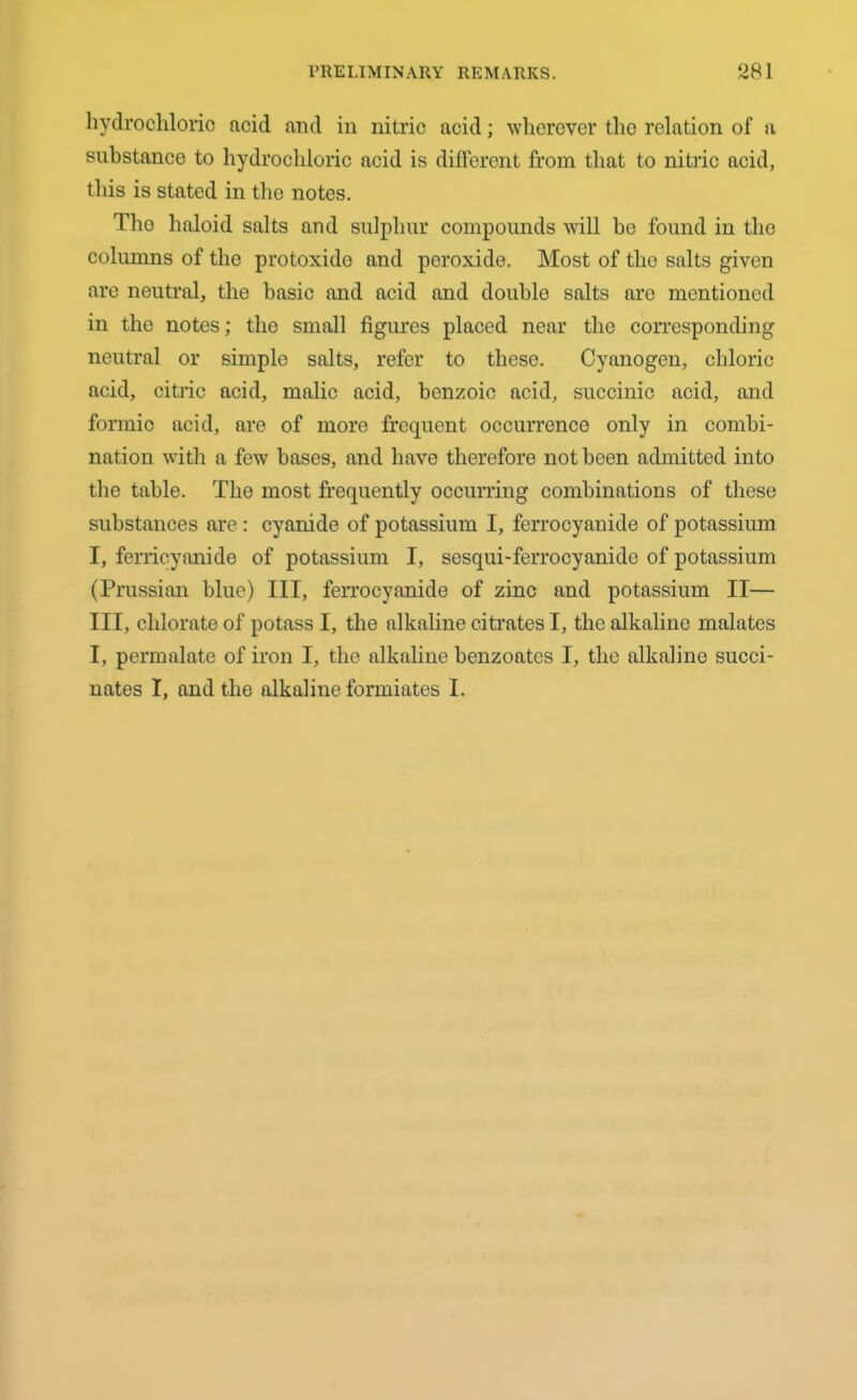 hydrochloric acid and in nitric acid; wherever the relation of a substance to hydrochloric acid is different from that to nitric acid, this is stated in the notes. Tho haloid salts and sulphur compounds will he found in the columns of the protoxide and peroxide. Most of tho salts given are neutral, the basic and acid and double salts are mentioned in the notes; the small figures placed near the corresponding neutral or simple salts, refer to these. Cyanogen, chloric acid, citric acid, malic acid, benzoic acid, succinic acid, and formic acid, are of more frequent occurrence only in combi- nation with a few bases, and have therefore not been admitted into the table. The most frequently occurring combinations of these substances are : cyanide of potassium I, ferrocyanide of potassium I, ferricyanide of potassium I, sesqui-ferrocyanide of potassium (Prussian blue) III, ferrocyanide of zinc and potassium II— III, chlorate of potass I, the alkaline citrates I, the alkaline malates I, permalate of iron I, the alkaline benzoates I, the alkaline succi- nates I, and the alkaline formiates I.