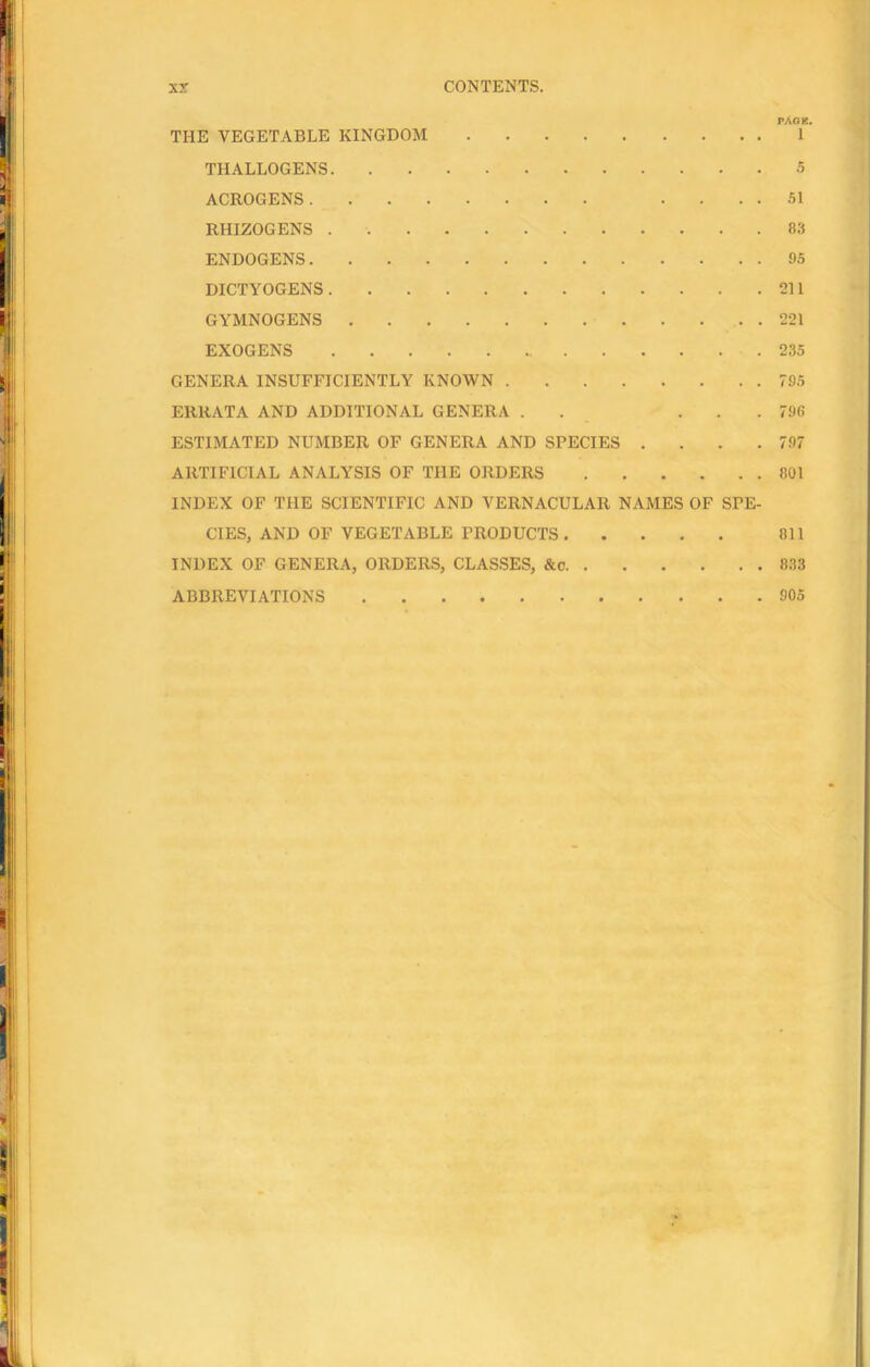 PA OK. THE VEGETABLE KINGDOM 1 THALLOGENS 5 ACROGENS .... 51 RHIZOGENS 83 ENDOGENS 95 DICTYOGENS 211 GYMNOGENS 221 EXOGENS 235 GENERA INSUFFICIENTLY KNOWN 795 ERRATA AND ADDITIONAL GENERA . ... 796 ESTIMATED NUMBER OF GENERA AND SPECIES .... 797 ARTIFICIAL ANALYSIS OF THE ORDERS 801 INDEX OF THE SCIENTIFIC AND VERNACULAR NAMES OF SPE- CIES, AND OF VEGETABLE PRODUCTS 811 INDEX OF GENERA, ORDERS, CLASSES, &c 833 ABBREVIATIONS 905