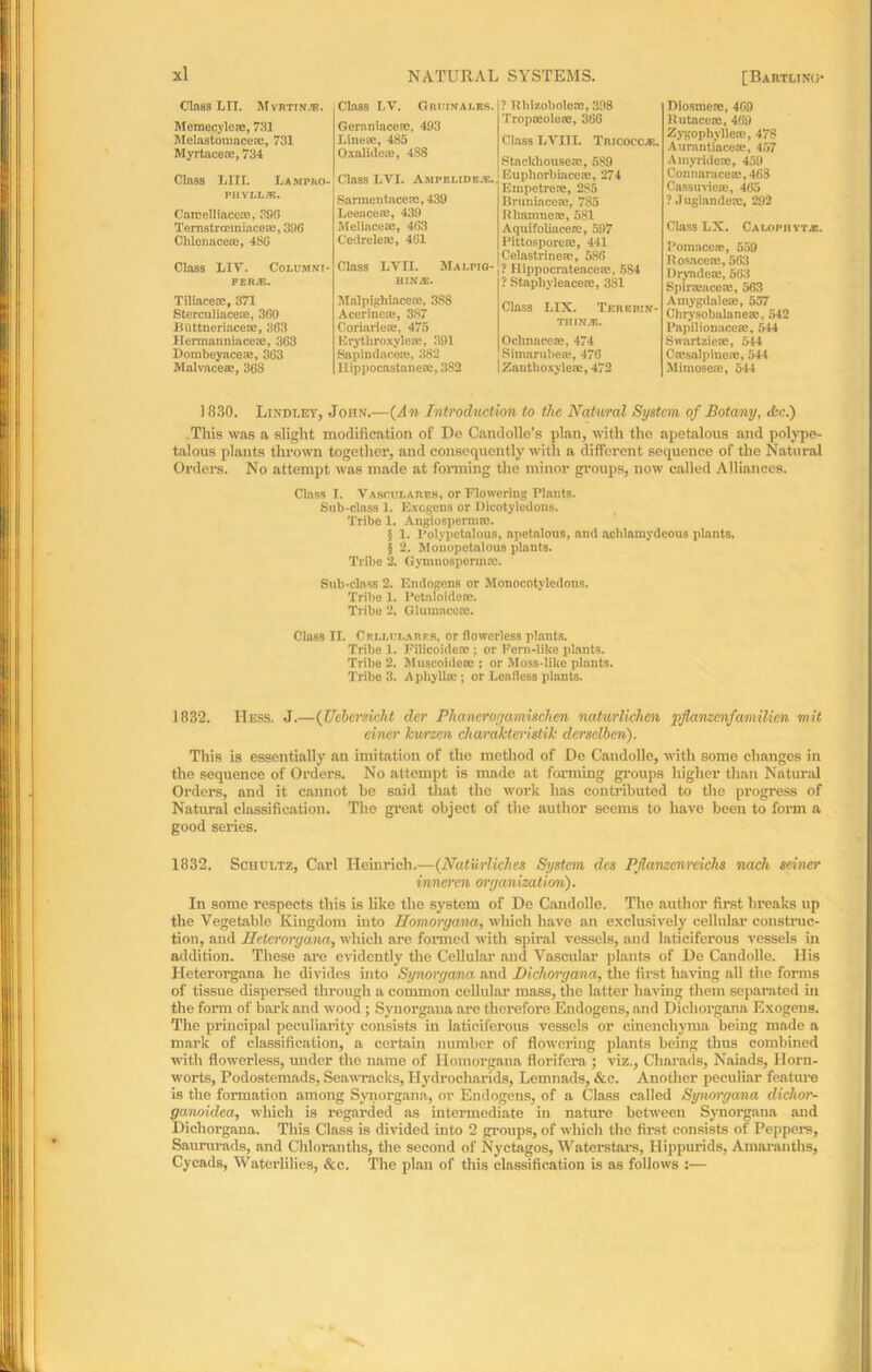 NATURAL SYSTEMS. [Bartmnu* Class LTT. Mvrtw.<r. Memecylese, 731 Melastomacesc, 731 Myrtaceae, 734 Class LIII. Lampro- phyllje. Carcelliacese, 396 TernstrcemiaceEe, 396 Chlenacese, 48G Class LIT. Coiomni- FER-fE. Tiliace®, 371 Sterculiacea!, 360 Bbttneriaceae, 363 Hermanniaceae, 303 Dombeyacese, 363 Malvaceae, 368 Class LV. GaiaNAi.ES. Geraniacose, 493 Linear, 485 Oxalidear, 488 Class LVI. A.mpei.ide.e. Sarmentacear, 439 Leencea:, 439 Meliacese, 463 Cedrelese, 461 Class LVH. MAi.no- H!U. ? Rbizobolese, 398 Tropteoleae, 366 Class LYIII. Trtcoccje. Stackhouse®, 589 Buphorbiaceae, 274 Empetre®, 285 Bruniaceae, 785 Hbamncae, 581 Aquifoliacese, 597 Pittospore®, 441 Oelastrine®, 586 ? Hippocrateaceae, 584 ? Stapliyleaceae, 381 Malpighince®, 388 Acerine®, 387 Coriarie®, 475 Erythroxyle®, 391 Sapindocere, 382 Hippocastanese, 382 Class LIX. Terebin TtirN.E. Oclmaee®, 474 Simarube®, 476 I Zanthoxyle®, 472 Diosmeae, 469 Rutace®, 469 Zygophylleie, 478 Aurnntiaceae, 457 Atnyride®, 459 Connaraceae, 463 Cassuvieae, 465 ? Juglande®, 292 ClaSS LX. CALOPHYTAS. Pomace®, 559 Rosace®, 563 Dryndc®, 563 Spir®ace®, 563 Amygdaleae, 557 Chrysobalaneae, 542 Papilionaceae, 544 Swartziese, 544 Caesalpineae, 544 Mimose®, 544 ] 830. Lindley, John.—(An Introduction to the Natural System of Botany, <fcc.) This was a slight modification of De Candolle’s plan, with the apetalous and polvpe- talous plants thrown together, and consequently with a different sequence of the Natural Orders. No attempt was made at forming the minor groups, now called Alliances. Class I. Vascui.ares, or Flowering Plants. Sub-class 1. Excgens or Dicotyledons. Tribe 1. Angiospernuc. § 1. Polypetalous, apetalous, and acldamydeous plants. § 2. Monopetalous plants. Tribe 2. Gymnosperm®. Sub-class 2. Endogens or Monocotyledons. Tribe 1. l’etaloide®. Tribe 2. Glumnce®. Class II. Cei.lt;i.ares, or flowerless plants. Tribe 1. Filicoide® ; or Fern-like plants. Tribe 2. Muscoidete : or Moss-like plants. Tribe 3. Aphyllre; or Leafless plant3. 1832. Hess. J.—(Ueberdcht der Phancroyamischen naturlichen pjlanzenfami lien mit einer kwrzcn cliarakteristik derselben). This is essentially an imitation of the method of De Candolle, with some changes in the sequence of Orders. No attempt is made at forming groups higher than Natural Orders, and it cannot be said that the work has contributed to the progress of Natural classification. The great object of the author seems to have been to form a good series. 1832. Schultz, Carl Heinrich.—(Naturlich.es System des Pjlanzcnrcichs nach seiner inneren organization). In some respects this is like the system of De Candolle. The author first breaks up the Vegetable Kingdom into Homorgana, which have an exclusively cellular construc- tion, and Heterorgana, which are formed with spiral vessels, and laticiferous vessels in addition. These are evidently the Cellular and Vascular plants of De Candolle. His Heterorgana he divides into Synorgana and Dichorgana, the first having all the forms of tissue dispersed through a common cellular mass, the latter having them separated in the form of bark and wood; Synorgana are therefore Endogens, and Dichorgana Exogens. The principal peculiarity consists in laticiferous vessels or cinenchyma being made a mark of classification, a certain number of flowering plants being thus combined with flowerless, under the name of Homorgana florifera ; viz., Charade, Naiads, Horn- worts, Podostemads, Seawracks, Hydrocharids, Lemnads, &c. Another peculiar feature is the formation among Synorgana, or Endogens, of a Class called Synorgana dichor- ganoidea, which is regarded as intermediate in nature between Synorgana and Dichorgana. This Class is divided into 2 groups, of which the first consists of Peppers, Saururads, and Chloranths, the second of Nyctagos, Waterstars, Hippurids, Amaranths, Cycads, Waterlilies, &c. Tile plan of this classification is as follows :—