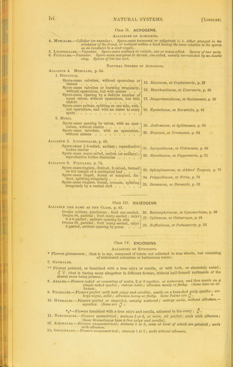 Class II. ACROGENS. Alliances of Acrogens. 4. Muscales.—Cellular (or vascular). Spore-cases immersed or calyptrate (i. e. either plunged in the substance of the frond, or inclosed within a hood having the same relation to the spores as an involucre to a seed-vessel). 5. Lycopodales.— Vascular. Spore-cases axillary or radicle, one or many-ceUed. Spores of two sorts. 6. Filicales.— Vascular. Spore-cases marginal or dorsal, one-celled, usually surrounded by an elastic ring. Spores of but one sort. Natural Orders of Acrogens. Alliance 4. Muscales, p. 54. 1. Hepatic.®. Spore-cases valveless, without operculum or) elaters j Spore-cases valveless or bursting irregularly,! without operculum, but with elaters . . .] Spore-cases opening by a definite number of) equal valves, without operculum, but with > elaters I Spore-cases peltate, splitting on one side, with-1 out operculum, and with an elater to every > spore J 15. Ricciaccce, or Cryslalworts, p. 57 16. Marchantiacea, or Liverworts, p. 58 17. Jungermanniacece, or Scalemosses, p. 59 18. Equisetacece, or Horsetails, p. 61 2. Musci. Spore-cases opening by valves, with an oper-1 ~ ... culum, without elaters . ...... . j W. Andraaceas, or Splitmosses, p. 63 Spore-ca8e9 valveless, with an operculum.) OA „ ~ without elaters . . 1 j 20- Bri'>acc<e> or Urnmosses, p. 64 Alliance 5. Lycopodales, p. 68. SPb°ordles sfmiUr celled’. a!illftry.! T°ducUve} M. Lycopodiaceec, or Clubmosses, p. 69 Spore cases many-celled, radicle (or axillary) ;1 Mani,m,fa, pP1me.rum-ls n 71 reproductive bodies dissimilar j Marsueaccte, 01 vcpperwoi is, p. 7t Alliance 6. Filicales, p. 74. Spore-cases ringless, distinct, 2-valved, formed! on the margin of a contracted leaf . . . .j Spore-cases ringed, dorsal or marginal, dis- > tinct, splitting irregularly j Spore-cases ringless, dorsal, connate, splitting! irregularly by a ventral cleft j 23. Ophiogtossaccce, or Adders' Tongues, p. 77 24. Polypodiaccee, or Ferns, p. 78 25. Danteacew, or Danieads, p. 82 Class III. RHIZOGENS. Alliance the same as the Class, p. 83. Ovules solitary, pendulous ; fruit one-seeded. Ovules 00, parietal; fruit many-seeded ; calyx! 3-4-6-parted ; anthers opening by slits . .j Ovules 00, parietal; fruit many-seeded, calyx 1 5-parted, anthers opening by pores. . . .j 26. Balanophoracres, or Cynomoriums, p. 27. Cytinacew, or Cistusrapes, p. 91 28. liaflcsiacece, or Palmaworts, p. 93 89 Class IV. ENOOGENS. Alliances of Endogens. * Flowers glumaceous ; (that is to say, composed of bracts not collected in true whorls, but consisting of imbricated colourless or herbaceous scales). 7. Glum ales. ** Flowers petaloid, or furnished with a true calyx or corolla, or with both, or absolutely naked; S ? (that is having sexes altogether in different flowers, without half-formed rudiments of the absent sexes being present). 8. Arales.—Flowers naked or consisting of scales, 2 or 3 together, or numerous, and then sessile on a simple naked spadix ; embryo axlle; albumen mealy or fleshy. (Some have no al- bumen). 9. Palmai.es.—Flowers perfect (with both calyx and corolla), sessile on a branched scaly spadix ; em- bryo vague, solid ; albumen horny or fleshy. Some Palms are Q . • 10. Hydrales.—Flowers perfect or imperfect, usually scattered; embryo axile, without albumen.— aquatics. (Some are 0.) *»*—Flowers furnished with a true calyx and corolla, adherent to the ovary ; 0. 11. Narcissales.—Flowers symmetrical; stamens 3 or 6, or more, all perfect; seeds with albumen; (Some Bromcliaccce have a free calyx and corolla). 12. Amomai.es.—Flowers unsymmetrical; stamens 1 to 5, some at least of which arc petaloid ; seeds with albumen. 13. Orchidales.—Flowers unsymmclrical; stamens 1 to 3 j seeds without albumen.