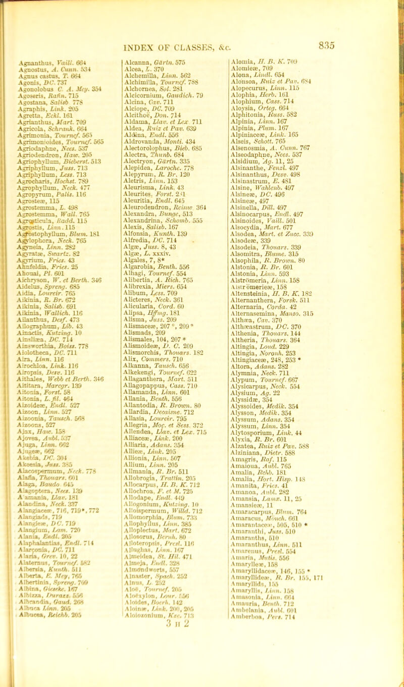 Agnanthus, Vaill. t>0-4 Agnostus, A. Cunn. 534 Agnus cast us, T. 664 Agonis, DC. 737 Agonolobus C. A. Mey. 354 Agoseris, Katin. 715 Agostana, Salisb 778 Agraphia, Link. 205 Agretta, Eckl. 161 Agrianthus, Mart. 709 Agricola, Schrank. 664 Agrimonia, Tourntf. 565 Agrimonioides, Toumef. 565 Agriodaphne, Nets. 537 Agriodendron, Haw. 205 Agriophyllum, Bieberst. 513 Agriphyilum, Juss. 713 Agriphyllum, Less. 713 Agrocharis, Hochst. 789 Agrophyilum, Neck. 477 Agropyrum, Palis. 116 Agrosteae, 115 Agrostemma, L. 498 Agrostemma, Wall. 765 Agrqpticula, Hadd. 115 Agrostis, Linn. 115 Aj^ostophyllum, Blum. 181 Agylophora, Neck. 765 Agyneia, Linn. 282 Agyratae, Swartz. 82 Agyrium, Fries. 43 Ahnfeldia, Fries. 25 Ahouai, PI. 601 Aichryson, JV. et Berth. 346 Aidelus, Spreng. 685 Aidia, Loureir. 765 Aikinia, R. Br. 672 Aikinia, Salisb. 691 Aikinia, WcUlich. 116 Ailanthus, Desf. 473 Ailographom, Lib. 43 Ainactis, Kutzing. 10 Ainslisea, DC. 714 Ainsworthia, Boiss. 778 Aiolotheca, DC. 711 Aira, Linn. 116 Airochloa, Link. 116 Airopsis, Desv. 116 Aithales, Webb et Berth. 346 Aititara, Marcgr. 139 Aitonia, Forst. 58 Artonia, L.fxl. 464 Aizoideae, Endl. 527 Aizoon, Linn. 527 Aizoonia, Tausch. 568 Aizoona, 527 Ajax, Haw. 158 Ajovea, A'/bl. 537 Ajuga, Linn. 66*2 Ajugeae, 662 Akebia, DC. 304 Akeesia, Juss. 385 Alacospermum, Neck. 778 Alafia, Thouars. 601 A lags, Bauds* 645 Alagoptera, Nut. 139 A a mania, Liar. 181 Alandina, Neck. 337 Alangiaceae, 716, 719772 Alangiads, 719 Aiangieae, DC. 719 Alangium, Dim. 720 Alania, Endl. 205 AUphalantiaa, Endl. 714 Alar^onia, DC. 711 Alaria, Orev. 10, 22 Alaternus, Toumef. 582 Albersia, Kunth. 511 Alberta. E. Mey, 765 Albertinia, Spreng. 709 Albina, Oieseke. 167 Albizza, f/urazz. 556 Albrandia, Gaud. 268 AIbnca Linn. 205 Albucea, Reichb. 205 Alcanna, Gdrtn. 575 Alcea, L. 370 Alckeuiilla, Linn. 562 Alchimilla, Toumef. 788 Alchornea, Sol. 281 Alcicornium, Gaudich. 79 Alcina, Cav. 711 Alciope, DC. 709 Alcithoe, Don. 714 Aldama, Llav. et Lex 711 Aldea, Ruiz et Pav. 639 Aldina, Endl. 556 Aldrovanda, Monti. 434 Alectorolophus, Bieb. 685 Alectra, Thunb. 684 Alectryon, Gdrtn. 335 Alepidea, Laroche. 778 Alep>Tum, R. Br. 120 Aletris, Linn. 153 Aleurisma, Link. 43 Aleurites. Forst. 2«1 Aleuritia, Endl. 645 Aleurodendron, Reinw 364 Alexandra, Bunge, 513 Alexandria, Schomb. 555 Alexis, Salisb. 167 Alfonsia, Kunih. 139 Alfredia, DC. 714 Algae, Juss. 8, 43 Algae, L. xxxiv. Algales, 7, 8* Algarobia, Benth. 556 Alhagi, Toumef. 554 Alibertia, A. Rich. 765 Alibrexia, Miers. 654 Alibum, Less. 709 Alicteres, Neck. 361 Alicularia, Cord. 60 Alipsa, Hffmg. 181 Alisma, Juss. 209 Alismaceae, 207 c, 209 * Alismads, 209 Alismales, 104, 207 * Alismoideae, D. C. 209 Alismorchis, Thouars. 182 Alix, Gammers. 710 Alkanna, Tausch. 656 Alkekengi, Toumef. 622 Allagantliera, Mart. 511 Allagopappus, Cass. 710 Allamanda, Linn. 601 Allania, Benth. 556 Allantodia, R. Brown. 80 AUardia, Decaisne. 712 Allasia, Loureir. 795 Allegria, Mof. et Sess. 372 Allendea, Llav. et Lex. 715 Alliaceae, Link. 200 Alliaria, Adans. 354 AUieie, Link. 205 Allionia, Linn. 507 Allium, Linn. 205 Allmania, R. Br. 511 Allobrogia, Trattin. 205 Allocarpus, II. B. K. 7J2 Allochroa. F. et M. 725 Allodape, Endl. 449 Allogonium, Kutzing. 10 AHoispermum, WiVxl. 712 Allornorphia, Ilium. 73.3 Allophyllus, Linn. 385 Alloplectua, Mart. 672 Allosorua, Bemh. 80 Alloteropsis, Pretl. 116 Mlughas, Linn. 167 A line idea, St. Hit. 471 Almeja, Endl. 328 Almond worts, 557 A In aster, Spach. 252 A Inns. L 252 Aloe, Toumef. 205 Aloexylon, lyjur. 1.56 Aloides, Boerh. 142 Aloinie, Link. 200, 205 Aloiozoniiim, Kze. 713 3 ii 2 Alomia, //. B. K. 709 Alomieae, 709 A Iona, Lindl. 654 Alonsoa, Ruiz et Pav. 684 Alopecurus, Linn. 115 Alophia, Herb. 161 Alophium, Cass. 714 Aloysia, Orteg. 664 Alpliitonia, Russ. 582 Alpinia, Linn. 167 Alpinia, Plum. 167 Alpiniaceae, Link. 165 Alseis, Schott. 765 Alsenosmia, A. Cunn. 767 Alseodaphne, Nees. 537 Alsidium, 'Ag. 11, 25 Alsinanthe, Fenzl. 497 Alsinanthus, Desv. 498 Alsinastruiu, E. 481 Alsine, Wahlenb. 497 Alsineae, DC. 496 Alsinete, 497 Alsinella, DM. 497 Alsinocarpus, Endl,. 497 Alsinoides, Vaill. 501 Alsocydia, Mart. 677 Alsodea, Mart, et Zucc. 339 Alsodeae, 339 Alsodeia, Thouars. 339 Alsomitra, Blume. 315 Alsophila, R. Brown. 80 Alstonia, R. Br. 601 Alstonia, Linn. 593 Alstrdmeria, Linn. 158 Alstromeriea?, 158 Altensteinia, II. B. K. 182 Alternanthera, Forsk. 511 Alternaria, Corda. 42 Alternasemina, Manso. 315 Althaea, Cav. 370 Alth?eastrum, DC. 370 Althenia, Thouars. 144 Altheria, Thouars. 364 Altingia, Loud. 229 Altingia, Noronh. 253 Altingiacese, 248, 253 * Altora, Adans. 282 Alymnia, Neck. 711 Alypum, Toumef. 667 Alysicarpus, Neck. 554 Alysium, Ag. 22 Alyssidre, 354 Alyssoides, Medik. 354 Alvsson, Medik. 354 Alyssum, Adans. 354 Alyssum, Linn. 354 Alytosporium, Link. 44 Alyxia, R. Br. 601 Alzatea, Ruiz et Pav. 588 Alziniana, Dietr. 588 Amagris, Rof. 115 Amaioua, Aubl. 765 Amalia, Rchb. 181 Amalia, Hort. Hisp. 148 Amanita, Fries. 41 Amanoa, Aubl. 282 Amansia, Lanix. 11, 25 A mansion;, 11 Amaracarpus, Blum. 764 Atnaracus, Mi'mch. 661 Amnrantacea*, 505, 510 * J Arnnrnnthi, Juss. 510 Amaranths, 610 Aniarnnthus, Linn. 511 A inarenus, Ibresl. 554 A maria, MutU. 556 Amaryllene, 158 Ainaryllidacorr, 146, 155 • A mu ry 11 idea;, R. Br. 155, 171 Anmrylllds, 155 Amaryllis, Linn. 158 I Amasonia, Linn. 664 Amatiria, Benth. 712 | Ambolnnia, Aubl. 601 I Amlierboa, Pert. 714
