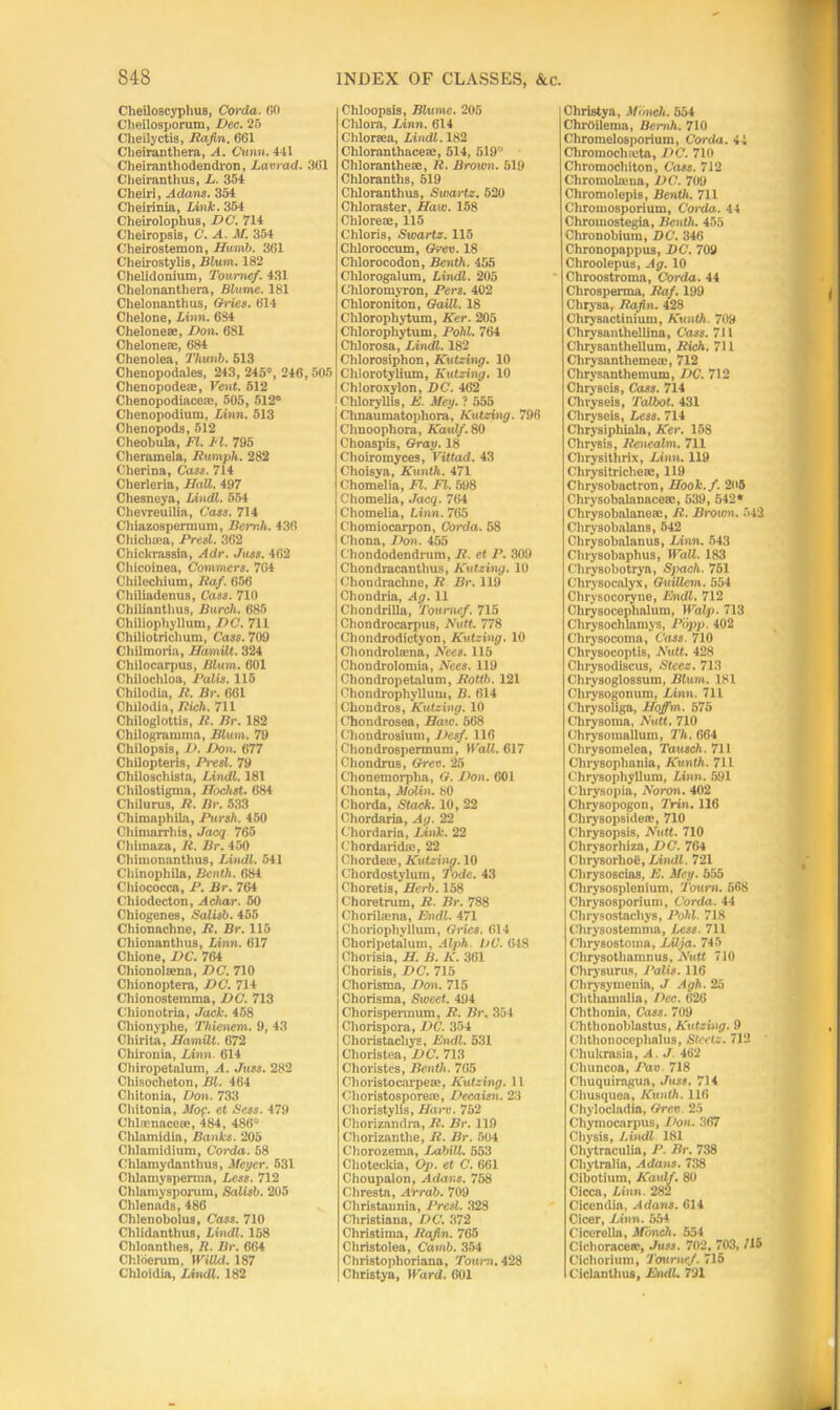 Cheiloscyphua, Corda. (50 Cheilosporum, Dec. 25 Cheilyctis, Rajin. 661 Cheiranthera, A. Cunn. 441 Cheiranthodendron, Lavrad. 361 Cheiranthus, L. 354 Cheiri, Adans. 354 Cheirinia, Link. 354 Cheirolophus, DC. 714 Cheiropsis, C. A. M. 354 Oheirostemon, Humb. 361 Cheirostylis, Blum. 182 Chelidonium, Tournef. 431 Chelonanthera, Blume. 181 Chelonanthus, Gh'ies. 614 Chelone, Linn. 684 Cheloneae, Don. 681 Cheloneae, 684 Chenolea, Thunb. 513 Chenopodales, 243, 245*, 246,505 Chenopodeae, Vent. 512 Chenopodiaceac, 505, 512* Chenopodium, Linn. 513 Chenopods, 512 Cheobula, FI. J’l. 795 Cheramela, Rumph. 282 Cherina, Cass. 714 Cherleria, Hall. 497 Chesneya, Lindl. 554 Chevreuilia, Cass. 714 Chiazospermum, Benth. 436 Chichma, Presl. 362 Chickrassia, Adr. Juss. 462 Chicoinea, Commers. 764 Chilechium, Raf. 656 Chiliadenus, Cass. 710 Chilianthus, Burch. 685 Chiliophyllum, DC. 711 Chiliotrichum, Cass. 709 Chilmoria, Hamilt. 324 ChilocarpU8, Blum. 601 Chilochloa, Palis. 115 Chilodia, R. Br. 661 Chilodia, Rich. 711 Chiloglottis, R. Br. 182 Chilogramma, Blum. 79 Chilopsis, D. Don. 677 Chilopteris, Pi'esl. 79 Chiloschista, Lindl. 181 Chilostigma, Hochst. 684 Chilurus, R. Br. 533 Chimaphila, Pursh. 450 Ohimarrhis, Jacq 765 Chimaza, R. Br. 450 Chimonanthus, Lindl. 541 Chinophila, Benth. 684 Chiococca, P. Br. 764 Cliiodecton, Achar. 50 Chiogenes, Salisb. 455 Chionachne, R. Br. 115 Cliionanthus, Linn. 617 Chione, DC. 764 Chionolaena, DC. 710 Chionoptera, DC. 714 Chionostemma, DC. 713 Chionotria, Jack. 458 Chionyphe, Thienem. 9, 43 Chirita, Hamilt. 672 Chironia, Linn. 614 Chiropetalum, A. Juss. 282 Chisocheton, Bl. 464 Chitonia, Don. 733 Chitonia, Mof. et Bess. 479 Chlnenaceee, 484 , 486* Chlamidia, Banks. 205 Chlamidium, Corda. 58 Ohlamydanthus, Meyer. 531 Chlamyspenna, Less. 712 Chlamysporum, Salisb. 205 Chlenads, 486 Chlenobolus, Cass. 710 Chlidanthus, Lindl. 158 Chloanthea, R. Br. 664 Chlberum, Willd. 187 Chloidia, Lindl. 182 Chloopsis, Blume. 205 Chlora, Linn. 614 Chloraea, Lindl. 182 Chloranthaceae, 514, 619* Chlorantheae, R. Brown. 519 Chloranths, 519 Cldoranthus, Swartz. 520 Chloraster, Haw. 158 Ohloreae, 115 Chloris, Swartz. 115 Chloroccum, Grev. 18 Chlorocodon, Benth. 455 Chlorogalum, Lindl. 205 Chloromyron, Pers. 402 Chloroniton, Oaill. 18 Clilorophytum, Ker. 205 Chlorophytum, Pohl. 764 Chlorosa, Lindl. 182 Chlorosiphon, Kutzing. 10 Chlorotylium, Kutzing. 10 Chloroxylon, DC. 462 Chloryllis, E. Mey. ? 555 Chnaumatophora, Kutzing. 796 Chnoophora, Kaulf. 80 Choaspis, Gray. 18 Choiromyces, Vittad. 43 Choisya, Kunth. 471 Chomelia, FI. FI. 598 Chomelia, Jacq. 764 Chomelia, Linn. 765 Chomiocarpon, Corda. 58 Chona, Don. 455 C'hondodendrum, R. et P. 309 Chondracanthus, Kutzing. 10 Chondraclme, R Br. 119 Chondria, Ag. 11 Chondrilla, Tournef. 715 Chondrocarpus, Nutt. 778 Chondrodictyon, Kutzing. 10 Chondrolama, Nees. 115 Chondrolomia, Nees. 119 C’hondropetalum, Rottb. 121 Chondrophyllum, B. 614 Chondros, Kutzing. 10 Chondrosea, Haw. 568 Chondrosium, Desf. 116 Chondrospermum, Wall. 617 Chondrus, Grec. 25 Chonemorpha, G. Don. 601 Chonta, Molin. 80 Chorda, Stack. 10, 22 Chordaria, Ay. 22 Chord aria, Link. 22 Chordaridro, 22 Chordeae, Kutzing. 10 Chordostylum, Tode. 43 Choretis, Herb. 158 Choretrum, R. Br. 788 Chorilaena, Endl. 471 Choriophyllum, Gries. 614 Choripetalum, Alph. DC. 648 Chorisia, H. B. K. 361 Chorisis, DC. 715 Chorisma, Don. 715 Chorisma, Sweet. 494 Chorispennum, R. Br. 354 Chorispora, DC. 354 Choristacliys, Endl. 531 Choristea, DC. 713 Choristes, Benth. 765 Choristocarpeae, Kutzing. 11 Choristosporeae, Decaisn. 23 Choristylis, Haw. 752 G'horizandra, R. Br. 119 Chorizanthe, R. Br. 504 Chorozema, Jjdbill. 553 Choteokia, Op. et C. 661 Choupalon, Adans. 758 Chresta, A'rrab. 709 Christaunia, Presl. 328 Christiana, DC. 372 Christima, Rajin. 765 Christolea, Camb. 354 Christophoriana, Tourn. 428 Christya, Ward. 601 Christy a, Moncli. 554 ChrOilema, Benth. 710 Chromelo8porium, Corda. 44 Chromoclueta, DC. 710 Chromochiton, Cass. 712 Chromolajua, DC. 709 Chromolepis, Benth. 711 Chromosporium, Corda. 44 Chromostegia, Benth. 455 Chronobiuin, DC. 346 Chronopappus, DC. 709 Chroolepus, Ag. 10 Chroostroma, Corda. 44 Chrosperma, Raf. 199 Chrysa, Rafin. 428 Chrysactinium, Kunth. 709 Chrysanthellina, Cass. 711 Chrysanthellum, Rich. 711 Chrysanthemeae, 712 Chrysanthemum, DC. 712 Chrysei8, Cass. 714 Chryseis, Talbot. 431 Chrysei8, Less. 714 Chrysiphiala, Ker. 158 Chrysis, Renealm. 711 Chrysithrix, Linn. 119 Chrysitricheae, 119 Chrysobactron, Hook.f. 205 Chrysobalanaceec, 539, 542* Chrysobalaneae, R. Brown. 542 Chrysobalans, 542 Chrysobalaniis, Linn. 543 Chrysobaphus, Wall. 183 ChryBobotrya, Spach. 751 Chry80calyx, Guillem. 554 Chrysocoryne, Endl. 712 Chrysoceplmlum, Walp. 713 Chrysochlamys, Popp. 402 Chrysocoma, Cass. 710 Chrysocoptis, Nutt. 428 Chrysodiscus, Steez. 713 Chrysoglossum, Blum. 181 Chry80gonum, Linn. 711 Chrysoliga, Hoffm. 575 (■hry8oma, Nutt. 710 Chrysotnallum, Th. 664 Chrysomelea, Tausch. 711 Chrysoplmnia, Kunth. 711 Chrysophyllura, Linn. 591 Chrysopia, Noron. 402 Chrysopogon, Trin. 116 Chrysopsidea?, 710 Chrysopsis, Nutt. 710 Chrysorhiza, DC. 764 Chrysorhoe, Lindl. 721 Chrysoscias, E. Mey. 555 Chrysospleniuni, Tourn. 568 Chrysosporium, Corda. 44 Chrysostachys, Pohl. 718 Chrysostemnia, Less. 711 Chrysostoma, Lilja. 745 Chrysothamnus, Nutt 710 Cbryaums, Palis. 116 Chrysymenia, J Agh. 25 Clithamnlia, Dec. 626 Chthonia, Cass. 709 Chthonoblnstus, Kutzing. 9 Chthonocephnlus, Stcetz. 712 Chukrasia, A. J. 462 Chuncoa, Pan. 718 Cbuquirngua, Juss. 714 Chusquea, Kunth. 116 Chylocladia, Grew. 25 Chymocarpus, Don. 367 Chysis, Lindl 181 Chytraculia, P. Br. 738 Chytralia, Adans. 738 Cibotium, Kaulf. 80 Cicca, Linn. 282 Cicendia, A dans. 614 Cicer, Linn. 554 Cicerella, Monch. 554 Cicboraceie, Juss. 702, 703, /15 Cichorium, Tournef. 715 Ciclanthus, Endl. 791