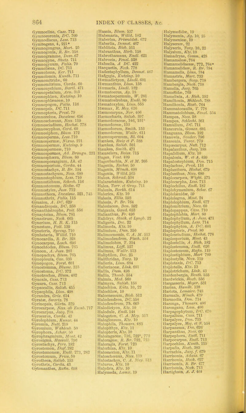 8G4 Gymnocline, Cass. 712 Gymnocoronis, DC. 709 Gymnodiscus, Less. 713 Gymnogens, 4, 221* Gymnogongrus, Mart. 25 Gymnogonia, R. Br. 358 Gymnogramme, Desv. (!7 Gymnogyne, Stcctz. 711 Gymnogynura, Palis. 70 Gymnolsena, DC. 711 Gynmoloma, Ker. 711 Gymnolomia, Kunth. 711 Gymnomitrid®, 60 Gymnomitrium, Corda. 60 Gymnonychium, Bartl. 471 Gymnopetalum, Am. 315 Gymnophkea, Kutzing. 10 Gymnophl®ace®, 10 Gymnopogon, Palis. 116 Gymnopsis, DC. 711 Gymnopteris, Prcsl. 79 Gymnoreime, Decaisne. 656 Gymnoschcenus, Nees. 119 Gymnosciadium, Hochst. 778 Gymnoscyplius, Cord. 60 Gymnosiphon, Blum 172 Gymnosperma, Less. 710 Gymnosperma', Nixus. 221 Gymnosperma?, Kutzing. 9 Gymnosperme®, 710 Gymnospermes, Ad. Brongn. 221 Gymnosphsern, Blum. 80 Gyinnosporangium, Lk. 42 Gymnosporium, Corda. 44 Gymnostacliys, K. Br. 194 Gymnostacliyum, Nees. 680 Gymnostephium, Less. 710 Gymnostichum, Schrcb. 116 Gymnostomum, licdw. 67 Gymnostyles, Juss. 712 Gymnotheca, Decaisne. 621,745 Gymnotlirix, Palis. 115 Gynaion, A. DC. 629 Gynandropsis, DC. 358 Gynnnthistropbe, Poit. 556 Gynapteina, Blum. 781 Gynastrum, Neck. 665 Gynerium, II. B. K. 115 Gynestutn, Poit. 139 Gyneteria, Spreng. 710 Gynlieteria, Willd. 710 Gynocardia, It. Br. 324 Gynocarpus, Lesch. 696 Gynochtodes, Blum. 765 Gynoon, A. Juss. 282 Gynopachys, Blum. 765 Gynopleura, Cav. 335 Gynopogon, Forst. 601 Gyuostemma, Blumc. 315 Gynostoma, DC. 372 Gynotroches, Blum. 402 Gynoxis, Cass. 713 Gynura, Cass. 713 Gypsocallis, Salisb. 455 Gypsophila, Linn. 498 Gyrandra, Gris. 614 Gyratse, Swartz. 78 Gyrinopsis, Gdrtn. 579 Gyrocarpe®, Nees. ab Escnb. 717 Gyrocarpus, Jacq. 718 Gyrocerus, Corda. 42 Gyrolophium, Kunze. 44 Gyromia, Nutt. 218 Gyromium, Wahlenb. 50 Gyropliora, Achar. 50 Gyrophragmium, Mont. 42 G.vrosigma, Ilassall. 796 Gyrostachys, Pcrs. 182 Gyrostemon, Dcsf. 282 Gyrostemone®, Emit. 273, 282 Gyrostomum, Fries. 50 Gyrotlieca, Salisb. 163 Gyrothrix, Corda. 43 Gytonanthes, Raftn. 698 INDEX OF CLASSES, A Haasia, Blum. 537 Habenaria, Willd. 182 Ilaberlea, Friwaldsk. 672 Haberlia, Dennsl. 467 Hablitzia, Bleb. 511 Habranthus, Ilerb. 158 llabrothamnus, Endl. 621 Habrozia, Fenzl. 528 Ilabzelia, A DC. 422 Hacquetia, Neck. 778 Hadestaphyllum, Demist. 467 Ilafgygia, Kutzing. 10 Hmmadictyon, Lindl. 601 Hsemanthus, Linn. 158 Hmmaria, Lindl. 182 H®matoccus, Ag. 18 II®matospermum, If. 281 Hsematostrobus, Endl. 90 Hsematox.vlon, Linn. 555 Haemax, E. Meg. 626 Hmmocarpus, Nor. 406 Hsemocharis, Salisb. 397 Hmmodoraee®, 146,151* H®modore®, 153 Haemodorum, Smith. 153 Hmmodorum, Wallr. 611 H®mospermum, Bl. 604 Hsenkea, Ruiz el P. 588 Ilsenkea, Salisb. 501 Ilajnkea, Smith. 471 Hamselera, Boiss. 715 Hagea, Vent. 499 Hagenbachia, N. et M. 205 Hagenia, Eschw. 50 Hagenia, Mtinch. 498 Hagenia, Willd. 565 Hakea, Schrad. 534 Ilalarachnion, Kutzing. 10 Halea, Torr. et Grog. 711 Ilalenia, Borkh. 614 Halerica, Ktz. 10 Halesia, Ellis. 593 llalesia, P. Br. 764 Halesiace®, Don. 592 Halgania, Gaud. 653 Halianthus, Fr. 498 Halidrys, Stack, et Lyngb. 22 Haligeria, Dec. 22 Halimeda, Ktz. 10 Halimium, Dun. 350 Halimocnemis, C. A. M. 513 Halimodendron, Fisch. 554 Halimolobos, T. 354 nalimus, Ltiffl. 527 Halimus, Wallr. 513 Haliptilon, Dec. 25 Halithridax, Targ. 19 Halleria, Linn. 684 Halleriacese, Link. 681 Hallia, Dum. 498 Hallia, Thunb. 554 Ilalmia, Med. 660 Ilalmyra, Salisb. 168 Halochloa, Kiitz. 10, 22 Ilalochlo®, 10 Halocnemum, Bieb. 512 Ilalodendron, DC. 554 Halodendrnm, Th. 665 Halodictyon, Ktz. 10 Ilalodule, Endl. 144 Halogeton, C. A. Mey. 513 Ilaloglossum, Ktz. 10 Halopbila, Thouars. 483 Ilalopitliys, Ktz. 11 Halopteris, Ktz. 10 Haloragaces, 716, 722', 772 Haloragete, It. Br. 722, 723 Haloragis, Forst. 723 Halorhiza, Ktz. 10 Halosaccion, Ktz. 11 Haloschoenus, Nees. 119 Halostachys, C. A. Mey. 513 Halurus, Ktz. 10 Halydris, Ktz. 10 Halymeda, Lam.r. 19 llalymedid®, 19 tlalymenia, Ag. 10, 25 Halymenie®, io Halysere®, 22 Halyseris, Targ. 10, 22 Halysium, Ktz. 10 FTamadryas, Comm. 428 Hamamelese, 784 namamelidaceae, 772, 784* Hamamelideae, It. Br. 784 Hamamelis, Linn. 784 Hamastris, Mart. 733 Hambergera, Scop. 718 Ilambergia, Neck. 718 Hamelia, Jacq. 765 IlameSidfe, 765 Hamelinia, A. Rich. 192 Hamiltonia, Muhlenh. 788 Hamiltonia, Roxb. 764 Ilammatocaulis, T. 778 Hammatolobium, Fenzl. 554 Hampea, Nees. 58 Ilampea, Schlccht. 361 Hamulium, DC. 711 Hancornia, Gomez. 601 Hanguana, Blum. 192 llanowia, Sondcr. 796 Hansenia, Turcz. 779 Hapsecarpus, Nutt. 712 Hapalanthus, Jacq.'ISS llapalidium, Ktz. 10 Ilapalosia, W. et A. 499 llapalostepbium, Don. 715 Haplachne, Presl. 116 Ilaplantbera, Hochst. 679 Ilaplanthus, Nees. 680 Ilaplocarpaea, Wight. 575 Ilaplocarpha, Less. 713 Ilaplochiius, Endl. 182 llaplobymeninm, Schw. 67 Ilaplobenidse, 59 llaplolegma, Mont. 24 llaplolopbium, Endl. 677 Haplomitrium, Nees. 60 Haplopappus, Cass. 710 Haploplllebia, Mart. 80 Haplophyllum, A. Juss. 471 Ilaplophyllum, Less. 714 Haplophylon, A. DC. 601 Haplopteris, Presl. 80 Haplosciadium, Hochst. 778 I laplosporium, Mont. 43 Haplostellis, A. Rich, 182 Haplostemma, Endl. 626 liaplostemum, Rafin. 119 1 Inplostipbium, Mart 709 1 laplostylfe, Nees. 119 Ilaplotaxis, DC. 713 Haplotella, Ktz. 13 Haplotrichum, Link. 43 Ilnrdenbergia, Benth. 555 Hardwickia, Roxb. 556 llargasseria, Meyer. 631 Ilarina, Hamill. 138 Hariota, Lemairc. 748 Harmala, Monch. 479 llarmodia, Don. 714 Ilaronga, Thouars. 406 Ilarongana, Lam. 406 Ilarpagophytum, DO, 670 Harpalium, Cass. 711 Harpalyce, I'on. 715 Harpalyce, Mof. et S. 554 Iiarpanema, Dec. 626 Harpantlius, Nees. 60 llarpepbora, Endl. 711 Harpocarpus, Endl. 713 Ilarpochloa, Kunth. 115 I larpulia, Roxb. 385 Harraebia, Jacq.f. 679 llarrisonia, .1 dans. 67 Harrisonia, Hook. 627 llarrisonia, It. Br. 477 Harrisonia, Neck. 713 Hartighsca, A. J. 464