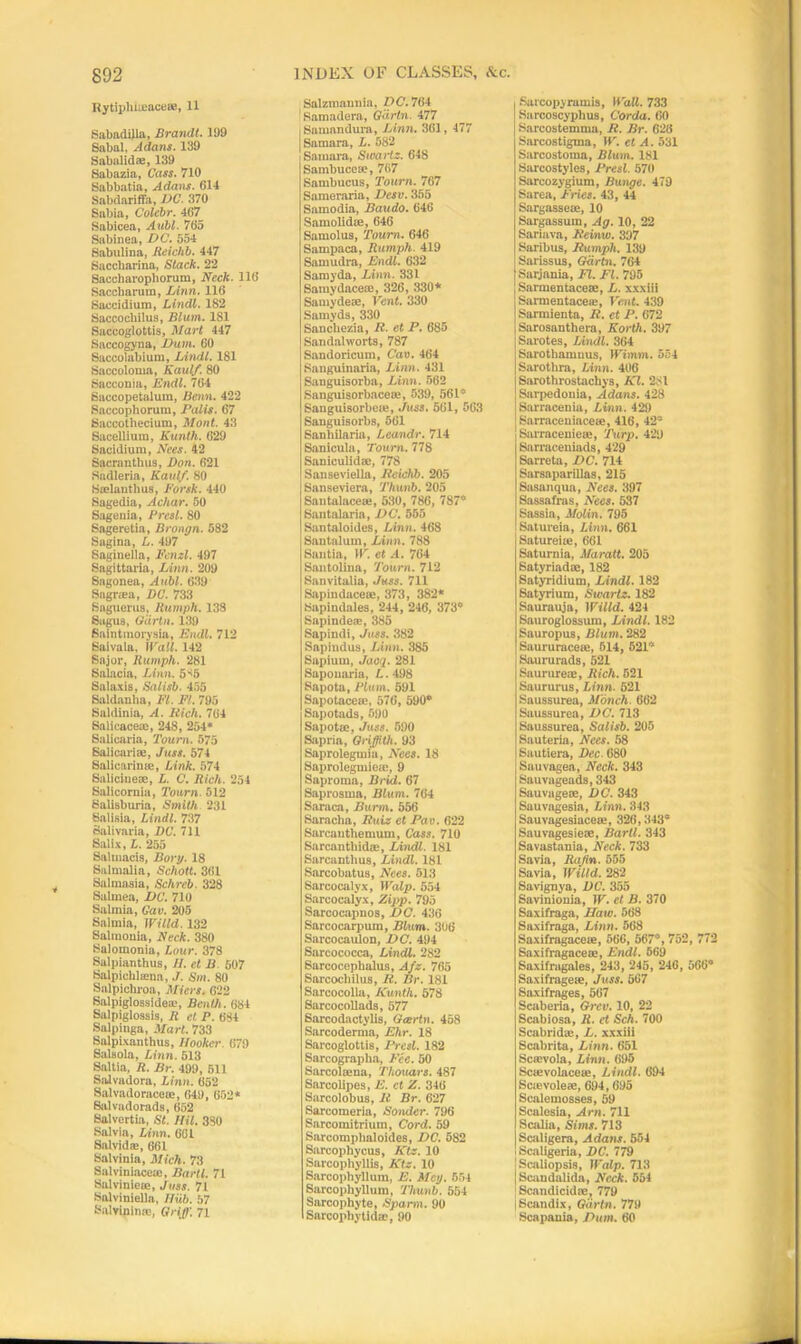 Rytiphkeaceee, 11 Sabadilla, Brandt. 199 Saba!. Adans. 139 Sabalidae, 139 Sabazia, Cass. 710 Sabbatia, Adans. 611 Sabdariffa, VC. 370 Sabia, Colebr. 467_ Sabicea, A nbl 765 Sabinea, DC. 554 Sabulina, Reiehb. 447 Saccliarina, Stack. 22 Saccharopliorum, Neck. 116 Saccbarum, Linn. 116 Saccidium, Lindt. 182 Saccochilus, Blum. 181 Saccoglottis, Mart 447 Saccogyna, Vum. 60 Succolabium, Lindt. 181 Saccoloma, Kaulf. 80 Sacconia, Endl. 764 Saccopetalum, Benn. 422 Saccopliorum, Palis. 67 Saccothecium, Mont. 43 Sacellium, Kunth. 629 Sacidium, Nces. 42 Sacranthus, Bon. 621 Sadleria, Kaulf. 80 Hielautbua, Norsk. 440 Sagedia, Achar. 50 Sagenia, Brest. 80 Sageretia, Brongn. 582 Sagina, L. 497 Saginella, Fenzl. 497 Sagittaria, Linn. 209 Sagonea, A nbl. 639 Sagreea, DC'. 733 Saguerus, Humph. 138 Sugus, Giirtn. 139 Saintraorysia, Endl. 712 Baivala. Wall. 142 Sajor, Rumph, 281 Salacia, Linn. 5^5 Sa’axis. Salisb. 455 Saldanha, FI. Ft. 795 Saldinia, A. Rich. 764 Salicacete, 248, 254* Salicaria, Tourn. 575 Salicarise, Juss. 574 Salicarinie, Link. 574 Saliciuese, L. C. Rich. 251 Salicornia, Tourn. 512 Salisburia, Smith 231 Salisia, Lindt. 737 Salivaria, DC. 711 Salix, L. 255 Salmacis, Borg. 18 Salmalia, Schott. 361 Salmasia, Schreb. 328 Salmea, VC. 710 Salraia, Guv. 205 Salmia, WHld. 132 Saltnonia, Neck. 380 Salomonia, Lour. 378 Salpianthus, 11. et B 607 Salpichleena, J. Sin. 80 Salpichroa, Miers. 622 Salpiglossidea?, Benth. 684 Salpiglossis, It cl. P. 684 Salpinga, Mart. 733 Salpixanthus, Hooker. 679 Salsola, Linn. 513 Saltia, ft. Br. 499, 511 Salvadora, Linn. 652 Salvadoracese, 649, 652* Salvadorads, 652 Salvertia, St. Hit. 380 Salvia, Linn. 661 Salvidas, 661 Salvinia, Mich. 73 Salviniacese, Barit. 71 Salviniete, Juss. 71 Salviniella, Huh. 57 Salvinince, Griff. 71 Salzmannia, DC. 764 Samadera, Giirtn. 477 iSamandura, Linn. 361, 477 Samara, L. 582 I Samara, Swartz. 648 Sambuccse, 767 Sambucus, Tourn. 767 Sameraria, Desv. 355 Samodia, Baudo. 646 Samolidm, 646 Samolus, Tourn. 646 Sampaca, Rumph 419 Samudra, Endl. 632 Samyda, Linn. 331 Samydacem, 326, 330* Samydeae, Vent. 330 Samyds, 330 Sanchezia, R. et P. 685 Sandalworts, 787 Sandoricum, Cav. 464 Sanguiiiaria, Linn. 431 Sanguisorba, Linn. 562 Sanguisorbacem, 539, Obi’ Sanguisorbete, Juss. 561, 563 Sanguisorbs, 561 Sanhilaria, Leandr. 714 Sanicula, Tourn. 778 Saniculidae, 778 Sanseviella, Reichb. 205 Sanseviera, Thunb. 205 Sautalacese, 530, 786, 787* Santalaria, VC. 555 Santaloides, Linn. 468 Santalum, Linn. 788 Saiitia, IF. et A. 764 Santolina, Tourn. 712 Sanvitalia, Juss. 711 Sapindaceoe, 373 , 382* Sapindales, 244, 246, 373“ Sapindem, 385 Sapindi, Juss. 382 Sapindus, Linn. 385 Sapium, Jacq. 281 Sapouaria, A. 498 Sapota, Plum. 591 Sapotaceub 576, 590“ Sapotads, 590 Sapota.1. Juss. 590 Sapria, Griffith. 93 Saprolegmia, Nces. 18 Saprolegmiem, 9 Saproma, Brid. 67 Saprosma, Blum. 764 Saraca, Burm. 556 Saracha, Ruiz et Pav. 622 Sarcauthemum, Cass. 710 Sarcantliidse, Lindt. 181 Sarcantlius, Lindl. 181 Sarcobatus, Nees. 513 Sarcocalyx, Walp. 554 Sax-cocalyx, Zipp. 795 Saroocapnos, VC. 436 Sarcocarpum, Blum. 306 Sarcocaulon, VC. 494 Sarcococca, Lindl. 282 Sarcocephalus, Afz. 765 Sarcochilus, R. Br. 181 Sarcocolla, Kunth. 578 Sarcocollads, 577 Sarcodactylis, Oeertn. 458 Sarcoderma, Ehr. 18 Sarcoglottis, Presl. 182 Sarcographa, Fee. 50 Sarcolaena, Thouars. 487 Sarcolipes, E. ct Z. 346 Sarcolobus, R Br. 627 Sarcomeria, Sonder. 796 Sarcomitrium, Cord. 59 Sarcomphaloides, VC. 582 Sarcophycus, Ktz. 10 Sarcophyllis, Ktz. 10 Sarcopliyllum, E. Meg. 554 Sarcophyllum, Thunb. 554 Saroophyte, Spann. 90 Sarcophytida;, 90 Sarcopyramis, Wall. 733 Sarcoscyplius, Corda. 60 Sarcostemma, R. Br. 626 Sarcostigma, IF. ct A. 531 Sarcostoma, Blum. 181 Sarcostyles, Presl. 570 Sarcozygium, Bunge. 479 Sarea, Fries. 43, 44 Sargasseae, 10 Sargassuin, Ag. 10, 22 Sariava, Reinw. 397 Saribus, Rumph. 139 Sarissus, Giirtn. 764 Sarjania, FI. FI. 795 Sarmentacese, L. xxxiii Sarmentaceie, Vent. 439 Sarmienta, R. et P. 672 Sarosanthera, North. 397 Sarotes, Lindl. 364 Sarothamnus, IVimm. 554 Sarotlira, Linn. 406 Sarothrostacbys, Kl. 281 Sarpedonia, Adans. 428 Sarracenia, Linn. 420 Sarraceniacete, 416, 42“ Sarraceniem, Turp. 429 Sarraceniads, 429 Sarreta, VC. 714 Sarsaparillas, 215 Sasanqua, Nees. 397 Sassafras, Nees. 537 Sassia, Molin. 795 Satureia, I.inn. 661 Satureite, 661 Saturnia, Maratt. 205 SatyriadtE, 182 Satyridium, Lindl. 182 Satyrium, Swartz. 182 Saurauja, Willd. 424 Sauroglossum, Lindl. 182 Sauropus, Blum. 282 Saururacese, 614, 521“ Saururads, 521 Saururea;, Rich. 521 Saururus, Linn. 521 Saussurea, Monch. 662 Saussurca, DC. 713 Saussurea, Salisb. 205 Sauteria, Nees. 58 Sautiera, Dec. 680 Sauvagea, Neck. 343 Sauvageads, 343 Sauvagece, DC. 343 Sauvagesia, Linn. 343 Sauvagesiaceiu, 326,343“ Sauvagesiere, Barit. 343 Savastania, Neck. 733 Savia, Rafin. 655 Savia, Willd. 282 Savignya, DC. 355 Savinionia, IF. el B. 370 Saxifraga, Haw. 568 Saxifraga, Linn. 568 Saxifragaceie, 566, 567“, 752, 772 Saxifragaceae, Endl. 569 Saxifragales, 243, 245, 246, 566“ Saxifrage®, Juss. 567 Saxifrages, 567 Scaberia, Grev. 10, 22 Scabiosa, R. et Sch. 700 Scabridm, L. xxxiii Scabrita, Linn. 651 Scaevola, Linn. 695 Sctevolacete, Lindl. 694 Scievole®, 694,695 Scalemosses, 59 Scalesia, Am. 711 Scalia, Sims. 713 Scaligera, Adans. 554 Scnligeria, DC. 779 Scaliopsis, Walp. 713 Scundalida, Neck. 554 Scandicidse, 779 Scandix, Giirtn. 779 Scapania, Vum. 60
