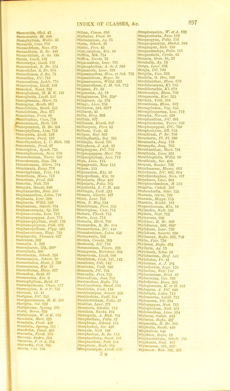Stemonitis, died. 42 Stemonurus, Bl. 444 Stemphylium, WaUr. 43 Stenactis, Cass. 710 Steuandrium, Nets. 679 Stenanthera, K. Br. 449 Stenanthium, .4. Gr. 199 Stenia, Lindt. 1S2 Stenocarpa, Lindl. 182 Stenoearpus, R. Br. 534 Stenochilus, R. Br. 6*>5 Stenochkena. J. Sm. 79 Stenocline, DC. 713 Stenoccelium, Ledeb. 778 Stenocoryne, Lindl. 182 Stenodon, Naud. 733 Stenoglossum, H. B. K. 181 Stenoglottis, Lindl. 182 Stenogramma, Harv. 25 Stenogyne, Benth. 662 Stenolobium, Benth. 555 Stenolobium, Don. 677 Stenolobus, Presl. 80 Stenolophus, Cass. 714 ftenomesson. Herb. 158 tenopetalum, R. Br. 354 Stenophyllum, Less. 715 Stenoptera, Lindl. 1S2 Stenoptera, Presl. 182 Stenorhynchus, L. C. Rich. 182 Stenosemia, Presl. 67 Stenosiphon, Spach. 725 Stenosiphonium, Nees. 679 Stenosolenium, Turcz. 656 Stenostemum, Juss. 764 Stenostomum, Gdrtn. 764 btenotaenia, Boiss. 778 Stenotaphrum, Trin. 115 Stenotheca, Monn. 715 Stenotium, Presl. 693 Stenotus, Nutt. 710 Stenygra, Baudo. 646 Stephanandra, Zucc. 565 Stephananthus, Lehm. 710 Stephania, Lour. 309 Stephania, Willd. 358 Stephanium, Schreb. 764 Stephan oca rpua, Sp. 350 Stephanocoma, Less. 713 Stephanopappus, Less. 713 Stephanophyllum, Guill. 122 Stephanophysum, Pohl. 679 Stephanopodium, Popp. 583 Stephanostoma, Zipp. 795 Stephanotia, Thouart. 627 Stercule®, 362 Sterculia, L. 362 Sterculiace®, 359, 360* Sterculiads, 360 Sterebeckia, Schreb. 358 Stereocaulon, Schreb. 50 Stereocladon, Hook. f. 796 BtenocoeeaM, Ktz. 18 Stereoderma, Blum. 617 Stereodon, Brid. 67 Stereonema, Ktz. 9 Stereophyllum, Brid. 67 Stereogpermnrn, Cham. 677 Htereoxylon, R. et P. 752 Stereum, Lk. 41 Sterigma, DC. 355 Sterigmostemon, M. D. 355 Steripha, Sot. 632 Steriphorna, Sjrrtng. 358 Steria, Burm. 630 Stern berspa, IK. et K. 158 Steudelia, .Wart. 328 Stendelia, Presl. 45/S Steudelia, Sprenn. 391 • Steudeli®, FenzC 496 Stevartia, /’’orris. 370 Stevena. /f ndrz. 35-1 SteveuU, F. et A. 354 Steven gfa, 766 Stevia, <'ae 709 INDEX OF CLASSES, &c. Stibas, Comm. 696 Sticherus, Presl. 80 Stichocarpus, Ag. 25 Sticta, Schreb. 50 Stictis, Pers. 43 Stictvosiplion, Ktz. 10 Stifftia, Mik. 714 Stifft’.a, Nardo. 22 Stiguuinthua, Lour. 765 Stigmaphyllon, A. de J. 390 Stigmarota, Lour. 328 Stigmata nth us, Rom. et Sch. 765 Stigmatidium, Meyer. 50 Stigmatococca, 1 Villd. 622 Stigmatotheca, C. H. Sch. 712 Stigmea, Fr. 43 Stigonema, Ag. 18 Stilaginace®, 258, 259* Stilagine®, Ag. 259 Stilago, Linn. 259 Stilbace®, 594, 607* Stilbacei, 43 Stilbe, Berg. 608 Stilbids, 607 Stilbine®, Kunth. 607 Stilbospora, Pers. 42 Stilbum, Tode. 43 Stilipus, Raf. 565 Stillingfleetia, Boj. 281 Stillingia, Gard. 281 Stilophora, J. Agh. 22 Stilpnogyne, DC. 713 Stilpnopappus, Mart. 709 Stilpnopliytum, Less. 712 Stipa, Linn. 115 Stipagrostis, Nees. 115 Stipe®, 115 Stipocaulon, Ktz. 10 Stipopodium, Ktz. 10 Stipularia, Haw. 499 Stipularia, Palis. 765 Stipulicida, L. C. R. 499 Stirlingia, Endl. 533 Stissera, Giesekc. 167 Stixis, Lour. 795 Stiza, £. Mey. 554 Stizolobium, Pers. 555 Stizolophus, Cass. 714 Stobaea, Thunb. 713 Stcebe, Less. 713 Stokesia, Herit. 709 Stomandra, R. Br. 604 Stomarrhena, DC. 449 Stomatechium, Lehm. 656 Storaxworts, 592 Storkia, Crantz. 205 Strabonia, DC. 710 Stramonium, Toum. 621 Strangweia, Bertoloni. 205 Stranvaegia, Lindl. 560 Htratiote®, Link. 141, 142 Stratiotes, JAll. 142 Stratiotea, VaiU. 646 Straussia, DC. 764 Stravadia, Pers. 755 Stravadium, Juss. 755 Strebanthus, Rajin 778 Streblanthera, Steud. 656 Streblidia, Link. 119 Streblocarpus, Arnott. 358 Streblorhiza, Emil. 554 Htreblotrichum, Palis. 67 Streblua, Lour. 271 Streckera, Schultz. 715 Strelltzia, Banks. 161 Strempelia, A. Rich. 764 Strephedlurn, J'alU. 67 Strephium, Schrad. 115 Strerphodon, Scr. 498 Htrepsla, Nutt. 148 Streptnchne, It. Br. 115 Htreptanthora, Sweet. 161 Htreptanthus, Nutt. 354 Htreptlnra, Roseb. 6<14 Htreptocarpua, Lindl. 0/2 3 u Streptocaulon, TV. et A. 626 Streptochjeta, Nees. 116 Streptogyna, Palis. 116 Streptopetalum, Jlochst. 340 Streptopus, Rich. 199 Streptostachys, Palis. 115 Streptothrix, Corda. 43 Striaria, Grev. 10, 22 Striatella, Ag. 13 Striga, Lour. 685 Strigia, DC. 70.9 Strigilia, Cav. 593 Strobila, G. Don. 656 Strobilanthes, Blum. 679 Strobilocarpus, Kl. 785 Strobilorachis, Kl. 679 Strobocalyx, Blum. 709 Stroganovia, Kar. 355 Stromia, Vahl. 358 Strombosia, Blum. 582 Strongylodon, Vog. 555 Strongylosperma, Less. 712 Stropha, Noronh. 520 Strophanthu8, DC. 601 Strophiostoma, Turcz. 65C Stropliopappus, DC. 709 Strophostyles, JHl. 555 Struchium, P. Br. 709 Struckeria, FI. FI. 380 Strumaria, Jacq. 158 Strumpfia, Jacq. 765 Struthanthus, Mart. 791 Struthiola, Linn. 531 Struthiopteris, Willd. 80 Struthium, Ser. 498 Struvea, Sonder. 796 Strychnace®, Blume. 602 Strychne®, DC. 602, 604 Strvchnodaphne, Nees. 537 Strychnos, Linn. 604 Stryphnodendron, M. 556 Stuartia, Catesb. 397 Stubendorfia, Schr. 355 Sturmia, Gdrtn. 764 Sturmia, Hoppe. 115 Sturmia, Reichb. 181 Stygeoclonium, Ktz. 10 Stylandra, Nutt. 626 Stylesia, Nutt. 712 Styleworts, 696 Stylide®, R. Br. 6.96 Stylidiace®, 688, 696* Stylidium, Lour. 720 Stylidium, Swartz. 696 Stylimnus, Rajin. 631, 710 Stylis, Poir. 720 Stylisrna, Rajin. 631 Styllaria, Ag. 13 Stylobasis, Schw. 18 Stylobasium, Desf. 513 Stylobates, Fr. 41 Styloceras, A. J. 281 Styloch®ton, Lcpr. 129 Stylocline, Nutt. 710 Stylocomium, Brid. 67 Stylocoryne, Cav. 765 Stylodiscus, Benn. 282 Styloglossum, K. et II. 182 Sty logy no, A. DC. 648 Stylolepia, Lehm. 713 Btyloncerus, LabiU. 712 Stylonoma, DC. 354 Stylopappus, Nutt. 715 Stylophonim, Nutt. 431 Htylosnnthus, Linn. 551 Sty I urns, Salisb. 633 Btylurus, Rajin. 427 Stypandra, If. Br. 205 Htypbolia, Smith. 449 Styphelieie, 449 Hiyphlon, Rajin. 18 Biyphnolobium, Schott. 555 Styphonln, Nutt. 407 Slymcaceie, 576, 692* Htyrace®, Rich 592,503