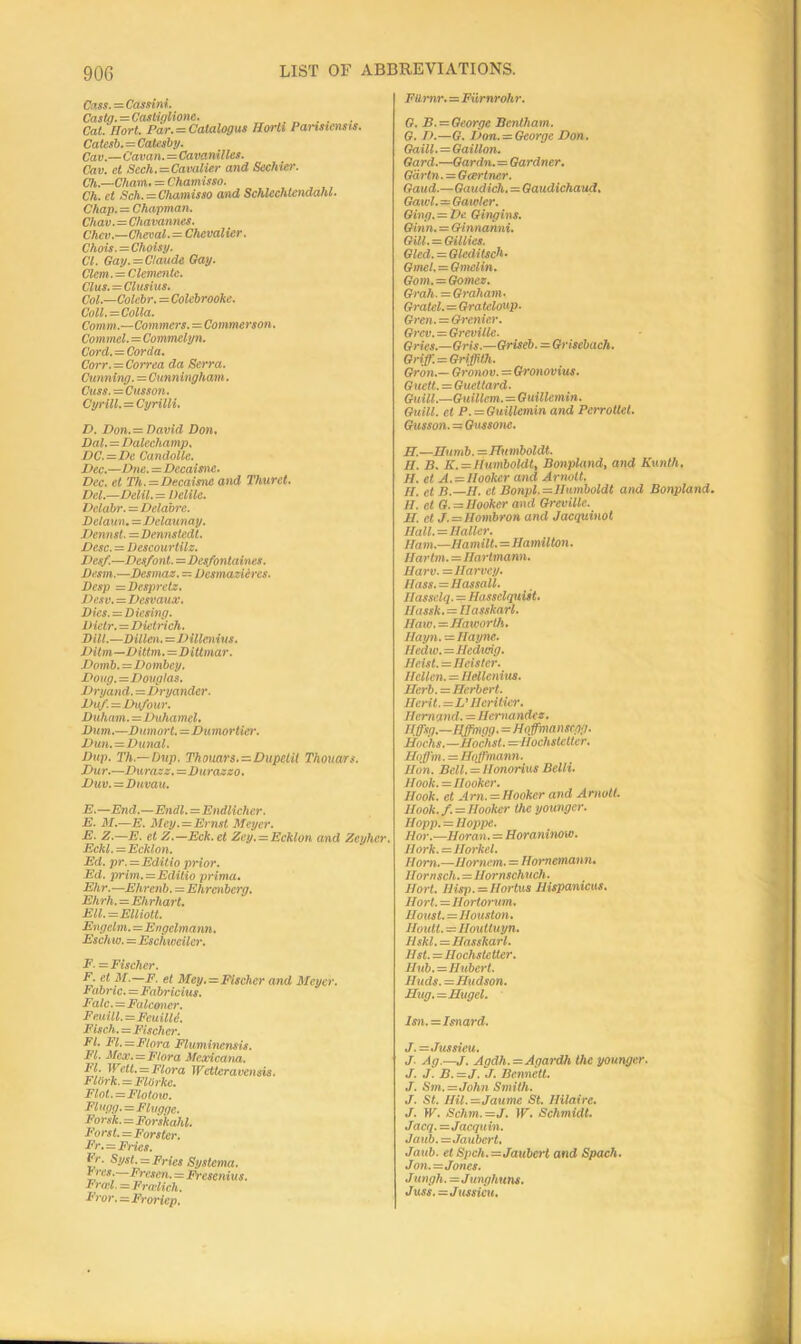 Cats. = Cassini. Castg.=Castiglione. . . Cat. Hort. Par. = Catalogue Horh Parmenets. Catesb.=Catesby. Cav.—Cavan.=Camnilles. Cav. et Seek.=Cavalier and Sechier. Ch.—Cham. = Chamisso. Ch. et Sch.=Cha7nisso and Schlechtendahl. Chap. = Chapman. Chav. = Chavannes. Chcv.—Clieval. = Chevalier. Chois.=Choisy. Cl. Gay.-Claude Gay. Clem. = Clemente. Clus.=Clusius. Col.—Colebr.=Colebrooke. Coll.—Colla. Comm.—Commers.=Commerso n. Commel.=Commelyn. Cord. = Cor da. Corr. = Correa da Serra. Cunning. = Cunningham. Cuss. = Cusson. Cyrill.=Cyrilli. D. Don.= David Don. Dal.=Dalechamp, DC.=De Candolle. Dec.—Dne.=Decaisne. Dec. et Th.=Decaisne and 1'hurel. Del.—Delil. = Delile. Dclabr.=Delabre. Delaun.=Delaunay. Demist. =Dennstedt. Desc. = Descourtilz. Desf.—Dcsfont.=Des/ontaines. Desm.—Desmaz. — Vesmazieres. Desp =Despretz. Desv.=Desv aux. Dies. = Diesing. Vietr.=Dietrich. Dill.—Dillen.—Dillenius. Ditm—Dittm.=Dittmar. Domb.=Dombey. Doug.=Douglas. Dryand.—IJrgander. Duf.=Dufour. Duham. =Duhamel. Dum.—Dumort.=Dmnortier. Dun.—Dunal. Dup. Th.—Dup. Thouars.—Dupetit Thouars. Dur.—Ihirazz.—Durazzo. Duv. —Duvau. E. —End.—F.nill. —Enillicher. E. M.—E. Mey.—Ernst Meyer. E. Z.—E. et Z.—Eck. et Zey.zzEcklon and Zeyher. Eckl.^Ecklon. Ed. pr.=Editio prior. Ed. prim.=Editio prirna. Ehr.—Ehrenb.=Ehrcnberg. Ehrh.=Ehrhart. Ell.=Elliott. Engelm.=Engelmann. Eschw.=Eschweiler. F. = Fischer. F. et M.—F. et Mey.=Fischer and Meyer. Fubric.=Fabricius. Fate. = Falconer. Feuill.=FeuiUi. Fisch.=Fischer. FI. FI. = Flora Fluminensis. FI. Mcx.=Flora Mexicana. FI. Wett.=Flora Wetteravensis. FlOrk.=FlOrke. plot. = Flotow. Flugg.=Flugge. Forsk. = Forskahl. Forst.=Forster. Fr.— Fries. Fr. Syst.=Fries Systema. rnr*. Frescn. = Fresenius. Frtel. — Frxlich. Fror.=Froriep. Fttrnr.=Fiimrohr. G. P. = George Bentham. G. D.—G. Don. = George Don. Gaill.=Gaillon. Gard.—Gardn.=Gardner. Gdrtn.=Gmrtner. Gaud.—Gaudich. = Gaudichaud. Gawl.—Gawter. Ging. = De Qingins. Ginn.—GHnnanni. Gill. = Gillies. Gled. = Gleditsch. Gmel. = Gmelin. Gom.=Gomez. Grah. = Graham. Gratel.=Grateloup. Gren. = Grenier. Grcv. = Grevitle. Dries.—Gris.—Griseb. = Grisebach. Griff. - Griffith. Gr'on.— Gronov.=Gronovius. Guett. = Guettard. Guilt.—Guillem.=Guillemin. Guilt, el P.=Guillemin and Perrotlel. Gusson.—Qussonc. IF.—Humb. —Humboldt. II. B. K. = Humboldt, Bonpland, and Kunth. II. et A.=Ilooker and Arnolt. II. et B.—H. ct Bonpl.=IIumboldt and Bonpland II. et G.- Hooker and Grevitle. II. cl J.=Hombron and Jacquinot Hall.=Haller. Hain.—Hamilt.=Hamilton. Ilartm.—Hartmann. Harv. — Harvey. IIass.=Hassall. Ilasselq. — Hasselquist. Ilassk. = Ilasskarl. Haw. = Haworth. Hayn. — Ilayne. IIedw.=Hedwig. Heist.=Heistcr. Hellen.=Hellenius. Herb.=Herbert. IIerit.=L’ Heritier. Hcrnand.=Hernandez. D.ffsg.—Hffingg.=Hoffmanscgy. Hochs.—Hochst.=Hochstctter. Hoffm.=Hoffmann. Hon. Bell. = IIonorius Belli. Hook.=Hooker. Hook, ct Arn. —Hooker and Arnolt. Hook. /.=Hooker the younger. IIopp. = Hoppe. Hot.—Horan. = Horaninow. Ilork.=Ilorkel. Horn.—Horncm. = Hornemann. Ilornsch.=Hornschuch. Hort. Ilisp. — Hortus Ilispanicus. Hort. =IIortorum. IIoust.=Houston. Hoult.—Houttuyn. Hskl. — Ilasskarl. list. = Hochstetter. Hub.=Hubert. Huds.=Hudson. Hug.=Hugel. Isn.=Isnard. J. = Jussieu. J. Ag.—J. Agdh. = Agardh the younger. J. J. B. =J. J. Bennett. J. Sm.=John Smith. J. St. HU.=Jaume St. Hilaire. J. W. Schm.—J. W. Schmidt. Jacq.=Jacquin. Jaub. —Jaubert. Jaub. et Spelt. =z Jaubert and Spach. Jon.—Jones. J ungh. =Junghuns. Juss.—Jussieu.