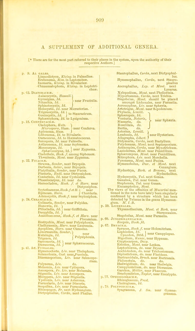 A SUPPLEMENT OF ADDITIONAL GENERA. [* These are for the most part referred to their places in the system, upon the authority of their respective Authors.] near Frustulia. p. 9. Al gales. Limnodictyon, Ktzing. in Palmellece. Erebouema, Rom. in Leptomite®. Inomeria, Ktzing. in Rivulariete. Chnaumatophora, Ktzing. in Leptotri- cheae. p. 13. Diatomace.®. Aulacocystis, Hassall.' Gyrosigma, Id. is'itzschia, Id. Sphinctocystis, Id. Holocystis, Id. near Micrasterias. Sphaerophora, Id. to Lysigonium. p. 13. Confervaceje. Cladophora, Kutz. 'j Microspora, Hass. > near Conferva. Aplonema, Hass. ) Lithonema, Id. to Rivularia. Ouracoccus, Id. to Ilcematococcus. Sorospora, Id. near Palmella. Artlironema, Id. near Scytonema. Cladothele, Hook. f. among Siphonese. Thwaitesia, Mont, near Zygnema. p. 22. Fl*cace.«. Struvea, Sonder, next Bryopsis. Derbesia, Solier, near Bryopsis. Platythalia, Sonder, near Fucus. Pinnaria, Endl. near Dictyosiphon. Contarinia, Id. near Cystoseira. Dictyosiphon. Scytothamnus, Ilook.f.et II.') near Epineum. Harv. } Chordaria. Adenocystis, Hook.f. near Scytosiphon. p. 24. Ceramiackaz. Gel inaria, Sonder, near Poly ides. IJanowia, Id. Ptilocladia, Id. , near Griffithsia. Dasyphila, Id. ) Acanthoccccus, Hook./, et Harv. near Plocamium. Bostrychia, Mont, near Polysiphonia. Cladhymenia, Harv. near Laurencia. Apophlaea, Harv. near Ctenodus. Lenormandia, .Sonder A Kutzingia, Id. > ,, Trigenea, Id. ) Harcorneria, Id. ) u , _ Dicranetna, Id. ) near 8ph*rococcua. p. 41. he. FujfGALKH. Hymenocharte, Lev. near Thelephora. ftolenodonta, Cast, nearj'uccinia. Dinemasporium, Liv. near Selenospo- rium. Polynema, I/v. do. Meuumia, Liv. near Cytisnora. Aseospora, Fr. L&v. near Melasmla. Htigmella, Ltv. near Ascofpora. Micrppera, h'v. near Htigmella. Ypsilonia. LJv. near Astercrma. Parmularia, L/v. near Discoria. Hcopullna, L4n. near Parmularia. Rhizopogon, Fr. nest Hydnangium. Dicty op halloa, Cor da, next Phallus. near Polysiphonia. Staurophallus, Corda, next Dictyophal- lus. Hymenophallus, Corda, next Stauro- phallus Ascrophallus, Leg. et Mont, next Lysurus. Xylopodium, Mont, next Phellorinia. Hyporhamma, Corda, next Trichia. Stegobolus, Mont, should be placed amongst Lichenales, near Parmelia. Acroscyplius, Ltfu. near Spha?ria. Artotrogus, Mont, near Sepedonium. Phylacia, Leveill. Spha?ropsis, Id. Yenturia, Notaris, Mass aria, do. Rosellinia, do. Bertia, do. Asterina, Leveill. Lembosia, Id. j near Hysterium. Ailographa, Libert. ) Didymaria, Corda, next Dactylium. Polydesmus, Mont, next Septosporium. Actinospira, Corda, near Myxotrichum. Lasioderma, Mont, near Penicillium. Sphseromyces, Mont, near Penicillium. Mitrophora, Liv. next Morchella. Pyronema, Mont, next Peziza. Hymenobolus, Dur. et Mont, next Cenangium. Hydnotrya, Berk, et Broome, next Ilydnobolites. Hydnocystis, Tul. next Genea. Eucamptodon, Mont. The views of the affinities of Mucorini men- tioned in the note have lately been singularly confirmed by a structure which has been detected by Tulasne in the genus Uymeuan- gium. M. I. B. p. 50. Lichenales. Thysanothecium, Mont, et Berk, near Stereocaulon. Stegobolus, Mont, near Parmelia. p. 00. Jungermanniacka:. Zoopsis, Ilook.Jil. p. 67. Bryack.e. Sprucea, Hook.f. near llolomitrium. L°cJ!wdon, Brid.} near Campylopus. Rigodium, Kunze, near Ilypnum. Cryptocarpon, Do:!/. Eriudon, Mont, near I.esUea. LeptochHcna, do. near Eryum. Ascldstodon, do. uoar Trichostomum. Diplostichum, do. near Flssideus. Rartrainidula, Bruch, near llartramia. I'ldlonotula, do. do. Hadwlgiilium, do. near liedwlgia. Cainpyloatelinm, do. near Dlcranuin. Garckea, Muller, near l’hasciim. Ilrncliymitrlon, Taylor, near Encalypta. p. 77. OpmoouwHACK.n. Klii/.oglou.mn, 1‘rctl. Clieiroglosaa, Id. | . 70. PokYPODIACK*. Syngramma, J. 8m. near Gymno- grainma. ^j> near Spkseria.