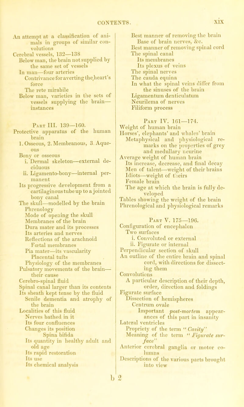 An attempt at a classification of ani- mals in groups of similar con- volutions Cerebral vessels, 132—138 Below man, the brain not supplied by the same set of vessels In man—four arteries Contrivance for averting the,heart’s force The rete mirabile Below man, varieties in the sets of vessels supplying the brain— instances Part III. 139—160. Protective apparatus of the human brain 1. Osseous, 2. Membranous, 3. Aque- ous Bony or osseous i. Dermal skeleton—external de- ciduous ii. Ligamento-bony—internal per- manent Its progressive development from a cartilaginous tube up to a j ointed bony canal The skull—modelled by the brain Phrenology Mode of opening the skull Membranes of the brain Dura mater and its processes Its arteries and nerves Reflections of the arachnoid Foetal membranes Pia mater—its vascularity Placental tufts Physiology of the membranes Pulsatory movements of the brain— their cause Cerebro-spinal fluid Spinal canal larger than its contents Its sheath kept tense by the fluid Senile dementia and atrophy of the brain Localities of this fluid Nerves bathed in it Its four confluences Changes its position Spina bifida Its quantity in healthy adult and old age Its rapid restoration Its use Its chemical analysis Best manner of removing the brain Base of brain nerves, &c. Best manner of removing spinal cord The spinal canal Its membranes Its plexus of veins The spinal nerves The cauda equina In what the spinal veins differ from the sinuses of the brain Ligamentiun denticulatum Neurilema of nerves Filiform process Part IV. 161—174. Weight of human brain Horses’, elephants’ and whales’ brain Metaphysical and physiological re- marks on the properties of grey and medullary neurine Average weight of human brain Its increase, decrease, and final decay Men of talent—weight of their brains Idiots—weight of t leirs Female brain The age at which the brain is fully de- veloped Tables showing the weight of the brain Phrenological and physiological remarks Part V. 175—196. Configuration of encephalon Two sin-faces i. Convoluted or external ii. Figurate or internal Perpendicular section of skull An outline of the entire brain and spinal cord, with directions for dissect- ing them Convolutions A particular description of their depth, order, direction and foldings Figurate surface Dissection of hemispheres Centrum ovale Important post-mortem appear- ances of this part in insanity Lateral ventricles Propriety of the term “ Cavity” Meaning of the term “ Figurate sur- face Anterior cerebral ganglia or motor co- lumns Descriptions of the various parts brought into view 1; 2