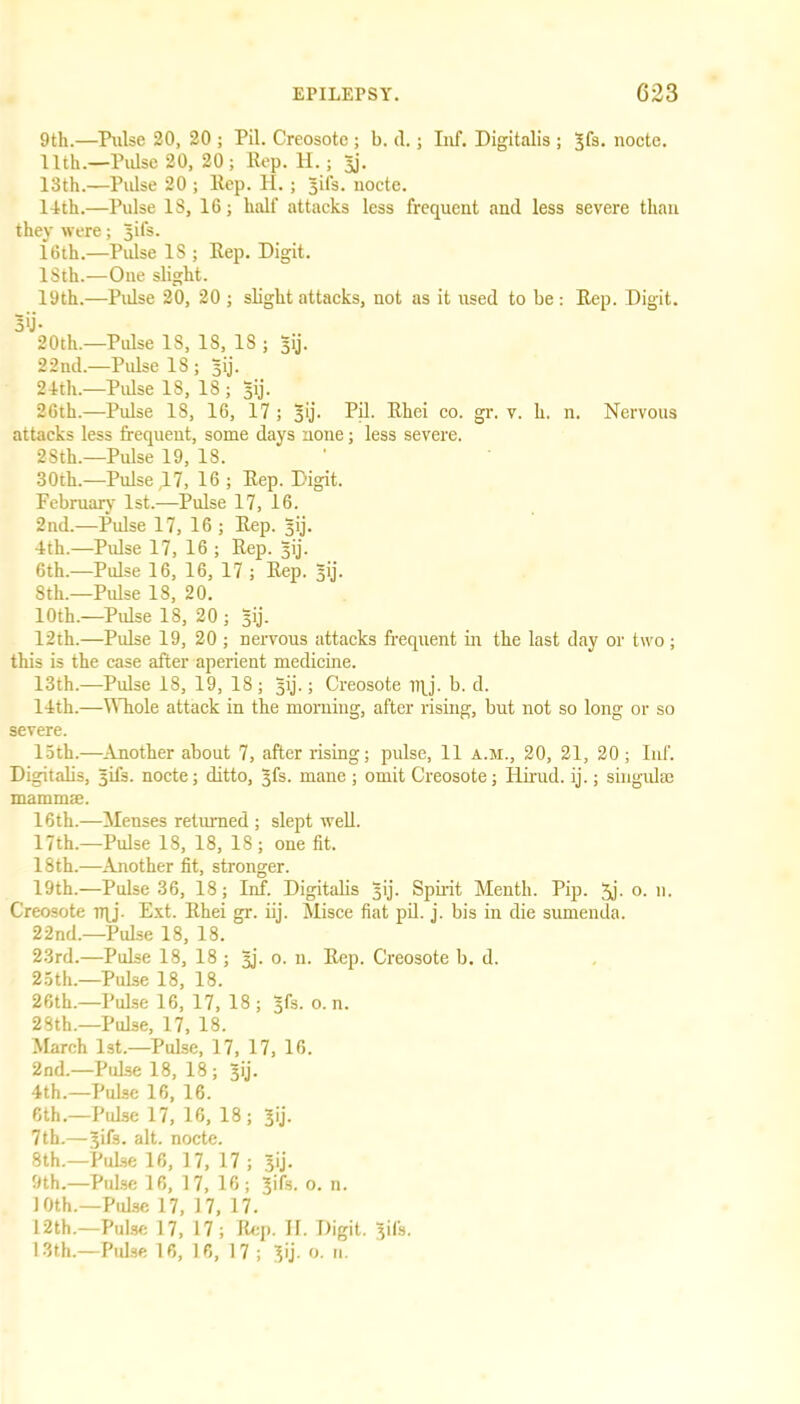 9th.—Pulse 20, 20 ; Pil. Creosote ; b. d.; Inf. Digitalis ; gfs. nocte. 11th.—Pulse 20, 20; Rep. H.; gj. 13th.—Pulse 20 ; Rep. FI.; gifs, nocte. 14th.—Pulse IS, 16; half attacks less frequent and less severe than they were; gifs. 16th.—Pulse IS ; Rep. Digit. ISth.—One slight. 19th.—Pulse 20, 20 ; slight attacks, not as it used to be: Rep. Digit. 3'j* 20th.—Pulse IS, IS, IS ; gij. 22nd.—Pulse IS ; gij. 24th.—Pulse IS, 18 ; gij. 26th.—Pulse 18, 16, 17 ; gij. Pil. Rhei co. gr. v. h. n. Nervous attacks less frequent, some days none; less severe. 2Sth.—Pulse 19, 18. 30th.—Pulse ,17, 16 ; Rep. Digit. February 1st.—Pulse 17, 16. 2nd.—Pulse 17, 16 ; Rep. gij. 4th.—Pulse 17, 16 ; Rep. gij. 6th.—Pulse 16, 16, 17 ; Rep. gij. 8th.—Pulse 13, 20. 10th.—Pulse 18, 20 ; gij. 12th.—Pidse 19, 20 ; nervous attacks frequent in the last day or two; this is the case after aperient medicine. 13th.—Pulse 18, 19, 18 ; gij.; Creosote ny. b. d. 14th.—Whole attack in the morning, after rising, but not so long or so severe. 15th.—Another about 7, after rising; pulse, 11 a.m., 20, 21, 20; Inf. Digitalis, gifs, nocte; ditto, gfs. mane ; omit Creosote; Hirud. ij.; singuhe mamms. 16th.—Menses returned ; slept well. 17th.—Pulse 18, 18, 18; one fit. 18 th.—Another fit, stronger. 19th.—Pulse 36, 18; Iirf. Digitalis gij. Spirit Menth. Pip. 5j- o. n. Creosote Try. Ext. Rhei gr. iij. Misce fiat pil. j. bis in die sumenda. 22nd.—Pulse 18, 18. 23rd.—Pulse 18, 18 ; gj. o. n. Rep. Creosote b. d. 25th.—Pulse 18, 18. 26th.—Pulse 16, 17, 18 ; gfs. o. n. 28th.—Pulse, 17, 18. March 1st.—Pulse, 17, 17, 16. 2nd.—Pulse 18, 18; gij. 4th.—Pulse 16, 16. 6th.—Pulse 17, 16, 18; gij. 7 th.—gifs. alt. nocte. 8th.—Pulse 16, 17, 17 ; gij. 9th.—Pulse 16, 17, 16; gifs. o. n. 10th.—Pulse 17, 17, 17. 12th.—Pulse 17, 17 ; Rep. If. Digit, gifs. 13th.—Pulse 16, 16, 17 ; gij. o. u.