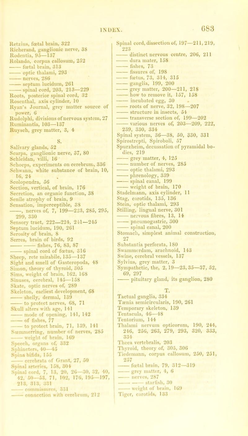 Retains, fcetal brain, 322 Rieherand, ganglionic nerve, 3S Rodentia, 95—137 Rolando, corpus callosum, 252 foetal brain, 313 optic thalami, 293 nerves, 2Stj septum lucidum, 2111 spinal cord, 203, 213—229 Roots, posterior spinal cord, 32 Rosenthal, axis cylinder, 10 Ryan’s Journal, grey matter source of power, 6 Rudolphi, divisions of nervous system, 27 Ruminantia, 103—137 Ruvsch, grey matter, 3, 4 S. Salivary glands, 52 Scarpa, ganglionic nerve, 37, SO Schleidan, villi, 16 Schoeps, experiments on cerebrum, 336 Schwann, white substance of brain, 10, 16, 24 Scolopendra, 56 Section, vertical, of brain, 176 Secretion, an organic function, 38 Senile atrophy of brain, 9 Sensation, imperceptible, 38 , nerves of, 7, 199—223, 285, 295, 299, 330 Sensory tract, 222—224, 241—245 Septum lucidum, 190, 261 Serosity of brain, 8 Serres, brain of birds, 92 fishes, 76, 83, 87 spinal cord of foetus, 316 Sheep, rete mirabile, 135—137 Sight and smell of Gasteropoda, 4S Simon, theory of thyroid, 305 Sims, weight of brain, 162, 168 Sinuses, cerebral, 145—158 Skate, optic nerves of, 289 Skeleton, earliest development, 68 shelly, dermal, 139 to protect nerves, 68, 71 Skull alters with age, 141 mode of opening, 141, 142 of fishes, 77 to protect brain, 71, 139, 141 Soemmerring, number of nerves, 285 weight of brain, 169 Speech, organs of, 332 Sphincters, 40—45 Spina bifida, 155 cerebrata of Grant, 27, 50 Spinal arteries, 158, 301 Spinal cord, 7, 13, 20, 26—30, 32, 40, 42, 50—53, 71, 102, 176, 195—197, 213, 313, 381 commissures, 331 connection with cerebrum, 212 Spinal cord, dissection of, 197—211,219, 223 distinct nervous centre, 206, 211 dura mater, 158 fishes, 73 fissures of, 198 foetus, 73, 314, 315 ganglia, 199, 200 grey matter, 200—211, 218 how to remove it, 157, 158 incubated egg, 30 roots of nerve, 32, 198—207 structure in insects, 54 transverse section of, 199—202 various nerves of, 203—209, 222, 239, 330, 334 Spinal system, 36—38, 50, 330, 331 Spirostrepti, Spiroboli, 57 Spurzheim, decussation of pyramidal bo- dies, 219 —— grey matter, 4, 125 number of nerves, 285 optic thalami, 293 phrenology, 339 spinal canal, 199 weight of brain, 170 Stadelmann, axis cylinder, 11 Stag, carotids, 135, 136 Stein, optic thalami, 293 Stilling, lingual nerve, 301 nervous fibres, 13, 14 pneumogastric, 300 spinal canal, 200 Stomach, simplest animal construction, 27 Substantia perforata, 180 Swammerdam, arachnoid, 143 Swine, cerebral vessels, 137 Sylvius, grey matter, 3 Sympathetic, the, 2,19—23,35—37, 52, 69, 297 pituitary gland, its ganglion, 280 T. Tactual ganglia, 334 Taenia semicircularis, 190, 261 Temporary skeleton, 139 Tentacula, 46—48 Tentorium, 144 Thalami nervum opticorum, 190, 244, 246, 256, 263, 279, 293, 320, 333, 334 Theca vcrtebralis, 203 Thyroid, theory of, 305, 306 Tiedemann, corpus callosum, 250, 251, 257 foetal brain, 79, 312—319 grey matter, 4, 6 nerves, 287 starfish, 30 weight of brain, 169 Tiger, carotids, 133