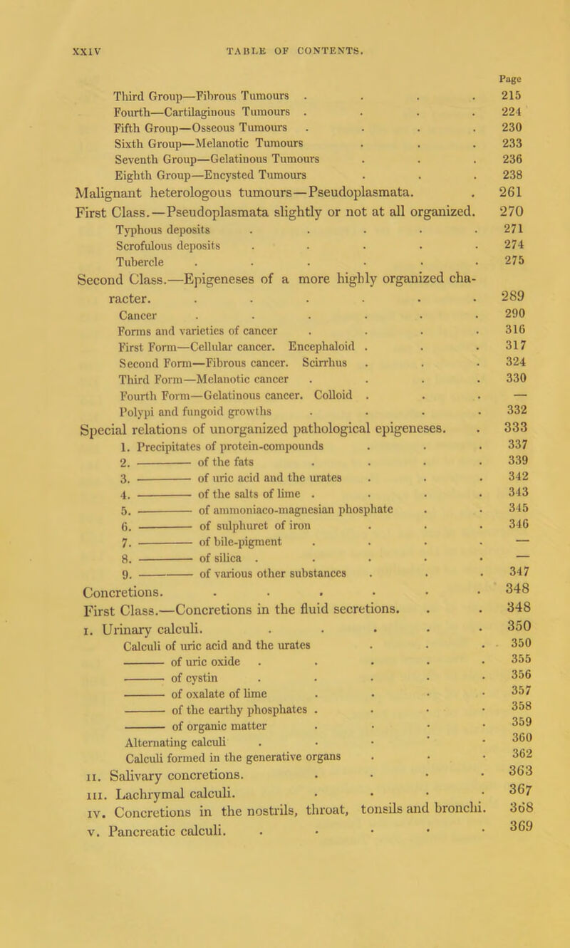 Third Group—Fibrous Tumours . Fourth—Cartilaginous Tumours . Fifth Group—Osseous Tumours Sixth Group—Melanotic Tumours Seventh Group—Gelatinous Tumours Eighth Group—Encysted Tumours Malignant heterologous tumours—Pseucloplasmata. First Class.—Pseudoplasmata slightly or not at all organized Typhous deposits .... Scrofulous deposits .... Tubercle ..... Second Class.—Epigeneses of a more highly organized cha- racter. ..... Cancer ..... Forms and varieties of cancer First Form—Cellular cancer. Encephaloid . Second Form—Fibrous cancer. Scirrlius Third Form—Melanotic cancer Fourth Form—Gelatinous cancer. Colloid . Polypi and fungoid growths Special relations of unorganized pathological epigeneses. 1. Precipitates of protein-compounds 2. 9 of the fats 7 o 9. of various other substances Concretions. ..... First Class.—Concretions in the fluid secretions. i. Urinary calculi. .... Calculi of uric acid and the urates of uric oxide .... of cystin .... of oxalate of lime of the earthy phosphates . of organic matter Alternating calculi . Calculi formed in the generative organs ii. Salivary concretions. hi. Lachrymal calculi. iv. Concretions in the nostrils, throat, tonsils and broncl v. Pancreatic calculi. • Page 215 221 230 233 236 238 261 270 271 274 275 289 290 316 317 324 330 332 333 337 339 342 343 345 346 347 348 348 350 350 355 356 357 358 359 360 362 363 367 368 369