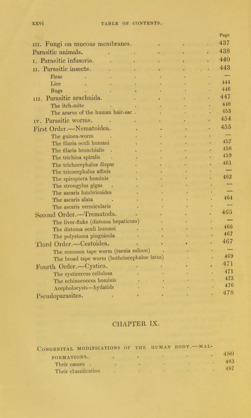 Page hi. Fungi on mucous membranes. . . . 437 Parasitic animals. . . . • .438 i. Parasitic infusoria. . . . . .440 ii. Parasitic insects. . . . ... 443 Fleas ....•• Lice . . . • • .444 Bugs . . . • • .446 hi. Parasitic arachnida. .... 447 The itch-mite . 448 The acarus of the human hair-sac . 453 iv. Parasitic worms. ..... 454 First Order.—Nematoidea. .... 455 The guinea-worm ..... The filaria oculi humani . • • .457 The filaria bronchialis ..... 458 The trichina spiralis ..... The tricliocephalus dispar . . • .461 The tricocephalus affinis . . . • The spiroptera hominis .... 462 The strongylus gigas ..... The ascaris lumbricoides . . • • The ascaris alata . 464 The ascaris vermicularis . . . • Second Order.—Trematoda. .... 465 The liver-fluke (distoma liepaticum) The distoma oculi humani .... 466 The polystoma pinguicola . • • .467 Third Order.—Cestoidea. .... 467 The common tape worm (taenia solium) . . • The hroad tape worm (bothriocephalue latus) . . 469 Fourth Order.—Cystica. ...» 471 The cysticercus cellulosa • • • .471 The echinococcus hominis .... 473 Acepliolocysts—hydatids • • • .476 Pseudoparasites. • CHAPTER IX. Congenital modifications of the human body, mal- 4 SO FORMATIONS. • 4 S3 Their causes . 4 R7 Their classification •