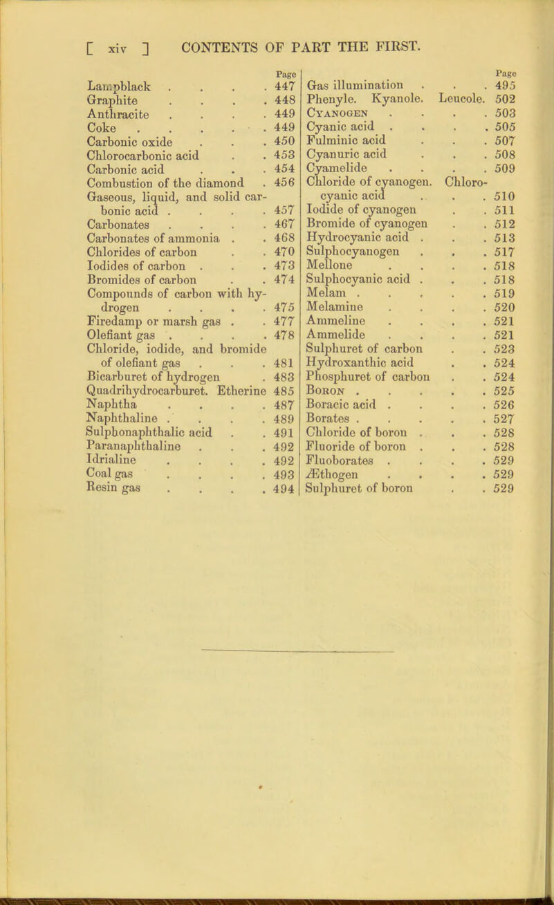 Lampblack . Graphite . Anthracite . Coke . . . . Carbonic oxide Chlorocarbonic acid Carbonic acid Combustion of the diamond Gaseous, liquid, and solid car- bonic acid .... Carbonates . . . . Carbonates of ammonia . Chlorides of carbon Iodides of carbon . Bromides of carbon Compounds of carbon with hy- drogen . Firedamp or marsh gas . Olefiant gas . Chloride, iodide, and bromide of olefiant gas Bicarburet of hydrogen Quadrihydrocarburet. Etherine Naphtha . Naphthaline . . Sulpbonaphthalic acid Paranaphthaline Idrialine . Coal gas .... Resin gas .... Page Gas illumination . 495 Phenyle. Kyanole. Leucole. 502 Cyanogen . 503 Cyanic acid . 505 Fulminic acid . 507 Cyan uric acid . 508 Cyamelide . 509 Chloride of cyanogen. Chloro- cyanic acid . 510 Iodide of cyanogen . 511 Bromide of cyanogen . 512 Hydrocyanic acid . . 513 Sulphocyanogen . 517 Mellone . 518 Sulphocyanic acid . . 518 Melam . . 519 Melamine . 520 Ammeline . 521 Ammelide . 521 Sulphuret of carbon . 523 Hydroxanthic acid . 524 Phosphuret of carbon . 524 Boron . . 525 Boracic acid . . 526 Borates . . 527 Chloride of boron . . 528 Fluoride of boron . . 528 Fluoborates . . 529 iEthogen . 529 Sulphuret of boron . 529 Page 447 448 449 449 450 453 454 456 457 467 468 470 473 474 475 477 478 481 483 485 487 489 491 492 492 493 494