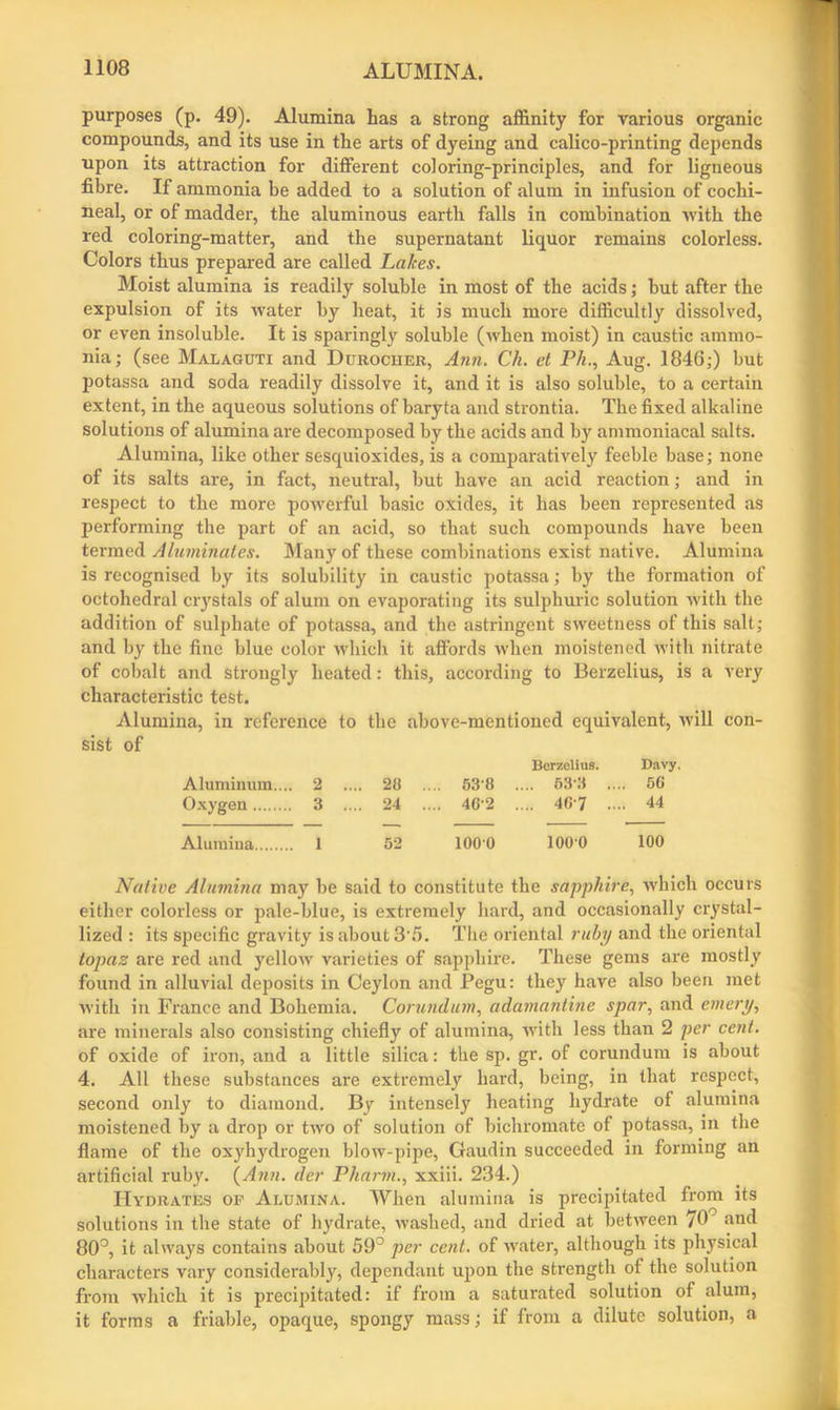 purposes (p. 49). Alumina has a strong affinity for various organic compounds, and its use in the arts of dyeing and calico-printing depends upon its attraction for different coloring-principles, and for ligneous fibre. If ammonia be added to a solution of alum in infusion of cochi- neal, or of madder, the aluminous earth falls in combination with the red coloring-matter, and the supernatant liquor remains colorless. Colors thus prepared are called Lakes. Moist alumina is readily soluble in most of the acids; but after the expulsion of its water by heat, it is much more difficultly dissolved, or even insoluble. It is sparingly soluble (when moist) in caustic ammo- nia; (see Malaguti and Durocuek, Ann. Ch. el Ph., Aug. 1846;) but potassa and soda readily dissolve it, and it is also soluble, to a certain extent, in the aqueous solutions of baryta and strontia. The fixed alkaline solutions of alumina are decomposed by the acids and by ammoniacal salts. Alumina, like other sesquioxides, is a comparatively feeble base; none of its salts are, in fact, neutral, but have an acid reaction; and in respect to the more powerful basic oxides, it has been represented as performing the part of an acid, so that such compounds have been termed Aluminates. Many of these combinations exist native. Alumina is recognised by its solubility in caustic potassa; by the formation of octohedral crystals of alum on evaporating its sulphuric solution with the addition of sulphate of potassa, and the astringent sweetness of this salt; and by the fine blue color which it affords when moistened with nitrate of cobalt and strongly heated: this, according to Berzelius, is a very characteristic test. Alumina, in reference to the above-mentioned equivalent, will con- sist of Aluminum.... 2 .. .. 23 . ... 538 Berzelius. .... 533 ... Davy. .. 56 Oxygen 3 .. .. 24 ., ... 4C-2 .... 407 ... .. 44 Alumina 1 52 1000 1000 100 Native Alumina may be said to constitute the sapphire, which occurs either colorless or pale-blue, is extremely hard, and occasionally crystal- lized : its specific gravity is about 3’5. The oriental ruby and the oriental topaz are red and yellow varieties of sapphire. These gems are mostly found in alluvial deposits in Ceylon and Pegu: they have also been met with in France and Bohemia. Corundum, adamantine spar, and emery, are minerals also consisting chiefly of alumina, with less than 2 per cent. of oxide of iron, and a little silica: the sp. gr. of corundum is about 4. All these substances are extremely hard, being, in that respect, second only to diamond. By intensely heating hydrate of alumina moistened by a drop or two of solution of bichromate of potassa, in the flame of the oxyhydrogen blow-pipe, Gaudin succeeded in forming an artificial ruby. (Ann. der Pliarm., xxiii. 234.) Hydrates of Alumina. When alumina is precipitated from its solutions in the state of hydrate, washed, and dried at between 76 ond 80°, it always contains about 59° per cent, of water, although its physical characters vary considerably, dependant upon the strength of the solution from which it is precipitated: if from a saturated solution of alum, it forms a friable, opaque, spongy mass; if from a dilute solution, a